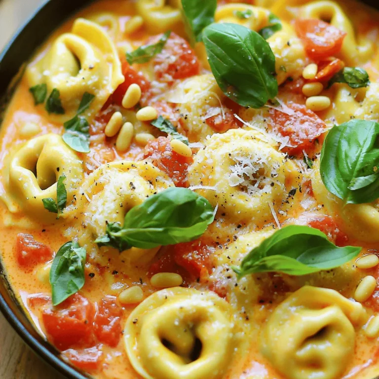 To make this tasty dish, you need a few key items. Here’s what to gather: - 12 oz cheese tortellini (fresh or frozen) - 2 tablespoons extra virgin olive oil - 3 cloves garlic, finely minced - 1 can (14 oz) diced tomatoes, undrained - 1 cup heavy cream - 1/2 cup freshly grated Parmesan cheese - 1/4 cup fresh basil leaves, chopped - Salt and freshly ground black pepper, to taste - 1/2 teaspoon red pepper flakes (optional) These main ingredients form the base of the creamy sauce. The tortellini adds heartiness, while fresh basil brings a bright flavor. While the dish is great as is, some garnishes can add a fun twist. Consider these options: - Extra fresh basil leaves for a fresh touch - Toasted pine nuts for a crunchy bite These garnishes make your dish look lovely and add extra layers of flavor. Having the right tools makes cooking easier. Here’s what you should use: - Large skillet for cooking the sauce - Pot for boiling tortellini - Colander for draining pasta - Wooden spoon for stirring - Knife and cutting board for chopping These tools help you prepare the dish quickly and smoothly. They also ensure your meal comes out just right. Start by boiling water in a large pot. Add salt to the water to enhance the flavor. Once it reaches a rolling boil, toss in 12 ounces of cheese tortellini. You can use fresh or frozen tortellini. Cook them according to the package directions, usually around 3-5 minutes. When they float to the top, they are done. Drain the tortellini well and set them aside for later. In a large skillet, pour in 2 tablespoons of extra virgin olive oil over medium heat. Add 3 cloves of finely minced garlic. Sauté the garlic for 1-2 minutes until it smells amazing. Be careful not to let it brown, as it can taste bitter. Next, open a 14-ounce can of diced tomatoes and add it with the juices to the skillet. Increase the heat to bring it to a gentle simmer. Stir it every so often for about 5 minutes to blend the flavors. Lower the heat and stir in 1 cup of heavy cream. Let this mixture simmer for 3-4 minutes. The cream should meld with the tomato base. After that, add in ½ cup of freshly grated Parmesan cheese. Stir until the cheese melts and the sauce becomes creamy. Now it's time to mix everything together. Gently toss the cooked tortellini into the sauce. Also, add ¼ cup of chopped fresh basil, salt, black pepper, and red pepper flakes if you want a bit of heat. Mix everything well so the tortellini gets coated in that rich sauce. Cook for an additional 2-3 minutes over low heat. This lets all the flavors blend together. Serve the creamy tomato basil tortellini right away. Garnish it with extra fresh basil leaves and toasted pine nuts for a nice crunch, if you like. Enjoy your delightful meal! To make your creamy tomato basil tortellini pop, focus on fresh ingredients. Use ripe tomatoes for a sweet base. Fresh basil adds bright notes. Try adding a squeeze of lemon juice for zing. You can also sprinkle some freshly cracked black pepper for depth. If you love heat, mix in red pepper flakes while cooking. Adjust these flavors to suit your taste. To make this dish gluten-free, swap regular tortellini for gluten-free pasta. Many brands offer tasty options. For a vegan version, replace cheese tortellini with a plant-based variety. Use coconut cream or cashew cream instead of heavy cream. Nutritional yeast can replace Parmesan for a cheesy flavor. Always check labels to ensure your ingredients meet your dietary needs. The key to a creamy sauce is the right balance of ingredients. Start with heavy cream for richness. Stir in freshly grated Parmesan cheese slowly. This ensures it melts smoothly into the sauce. If the sauce is too thick, add a splash of pasta water to thin it out. For a lighter version, use half-and-half or milk, but the texture will change. Always taste and adjust until it feels just right. {{image_4}} You can easily add protein to your creamy tomato basil tortellini. Chicken is a great choice. Simply cook diced chicken in the skillet before adding the garlic. Cook until it's no longer pink. Shrimp also works well. Just add them after sautéing the garlic. Cook until they turn pink and opaque. For a plant-based option, try adding chickpeas. Rinse and drain a can, then mix them in with the tortellini. Boost the nutrition of this dish with some veggies. Spinach is a fantastic option. Add fresh spinach to the sauce just before mixing in the tortellini. It wilts quickly and adds color. Bell peppers add crunch and sweetness. Dice them and sauté with the garlic. Mushrooms also fit well. Cook sliced mushrooms until they are soft before adding the tomatoes. You can try different sauces for a fun twist. For a lighter version, use a tomato basil sauce instead of cream. This keeps the flavor but cuts down on calories. If you love spice, use a spicy arrabbiata sauce for a kick. For cheese, consider using mozzarella for a gooey texture. Feta cheese can add a tangy flavor. Crumble it on top before serving for a fresh taste. To keep your creamy tomato basil tortellini fresh, store it in an airtight container. Make sure it cools to room temperature before sealing. This helps keep the flavors intact. You can store leftovers in the fridge for up to three days. If you notice any signs of spoilage, it's best to discard it. When you're ready to enjoy your leftovers, reheating is simple. You can use the microwave or the stove. For the microwave, place your tortellini in a bowl and cover it. Heat it for two to three minutes, stirring halfway through. On the stove, warm it in a skillet over low heat. Stir in a splash of cream or water to keep it creamy. This avoids any drying out. If you want to save some for later, freezing works well. First, let the dish cool completely. Then, transfer it to a freezer-safe container. You can freeze it for up to three months. When you're ready to eat, thaw it overnight in the fridge. Reheat it gently, adding a bit of cream as needed to restore the creamy texture. Enjoy your delicious tortellini anytime! Yes, you can use dried tortellini. Just cook it according to the package directions. Dried tortellini may take longer to cook than fresh or frozen. It will still taste great in the creamy sauce. Adjust the cooking time so the tortellini is tender. This dish can be part of a healthy diet. It features cheese tortellini, tomatoes, and basil. Tomatoes provide vitamins and antioxidants. Basil adds flavor and some health benefits. Use less cream or cheese for a lighter version. You can also add vegetables to boost nutrition. You can serve salad or garlic bread with this dish. A fresh green salad pairs well with the creaminess. Garlic bread adds a tasty crunch. Consider pairing it with a light white wine, like Pinot Grigio. For a vegetarian option, add roasted vegetables on the side. This blog post covered how to make creamy tomato basil tortellini. You learned about the key ingredients and tools needed. I shared step-by-step instructions for cooking, preparing sauce, and serving. We also explored tips for flavor enhancement and making it gluten-free or vegan. I provided variations with protein and veggies. Finally, I included storage tips and answered common questions. With these details, you can enjoy this tasty dish, tweak it to your liking, and store it for later. Happy cooking!