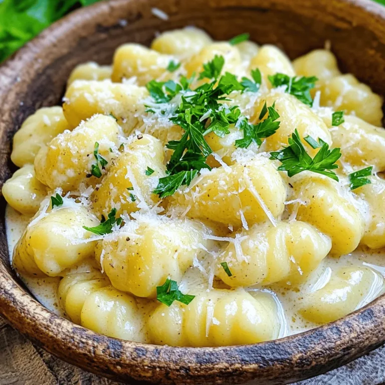 - 1 package (16 oz) gnocchi - 2 tablespoons unsalted butter - 4 cloves garlic, minced - 1 cup heavy cream - 1 cup freshly grated Parmesan cheese - 1/2 teaspoon garlic powder - Salt and freshly ground black pepper to taste - Fresh parsley, finely chopped (for garnish) The main ingredients of this dish set the stage for a rich, flavorful experience. Gnocchi serves as the base, providing a soft and pillowy texture. Unsalted butter and garlic blend together to create a fragrant foundation for our sauce. For the dairy, heavy cream adds a luscious quality, while fresh Parmesan cheese brings depth and richness. These two work together to make the sauce creamy and satisfying. The seasoning ingredients elevate the dish. Garlic powder adds an extra layer of flavor. Salt and black pepper enhance the overall taste, making it more robust. Fresh parsley brings a pop of color and freshness, making this dish visually appealing. Gather these ingredients, and you are ready to create a delightful meal in just 15 minutes! First, grab a large pot and fill it with water. Add salt to the water. Bring this water to a rolling boil. You want it hot! Once it boils, add the gnocchi. Cook them for about 2-3 minutes. You’ll know they are done when they float. This means they are ready! Drain the gnocchi in a colander and set them aside. Next, take a spacious skillet. Put it on medium heat and add the unsalted butter. Once the butter melts, add the minced garlic. Sauté the garlic for 1-2 minutes. Stir it often. You want it fragrant and golden. Be careful not to burn the garlic! After that, slowly pour in the heavy cream. Keep stirring as you add it. Let the mixture simmer for 1-2 minutes. Then, whisk in the grated Parmesan cheese. Keep whisking until the sauce is creamy and smooth. Now, it's time to mix! Add the cooked gnocchi into the skillet. Use a spatula or a wooden spoon to toss them. Coat the gnocchi in the creamy garlic sauce. This is where the magic happens! Season the dish with garlic powder, salt, and freshly ground black pepper. Taste it and adjust as needed. Enjoy the rich flavors! To make a creamy sauce, use heavy cream and fresh Parmesan cheese. Start by melting two tablespoons of butter in a skillet over medium heat. Add minced garlic and sauté it for one to two minutes. Stir often to avoid burning the garlic. Burnt garlic can taste bitter, ruining your dish. If your garlic turns brown too fast, turn down the heat. Once the garlic is fragrant, pour in the cream slowly. Keep stirring to mix well. When the sauce is simmering, add the grated Parmesan. Whisk until the sauce is smooth and creamy. For the best gnocchi texture, boil salted water in a large pot. When the water is boiling, add the gnocchi. They typically cook in two to three minutes. Watch for them to float to the surface. This means they are done. If your gnocchi do not float, they may need more time. Let them cook a little longer until they rise. Once cooked, drain the gnocchi in a colander. Toss them gently in the sauce to coat well. Enjoy the creamy garlic goodness in every bite. {{image_4}} You can mix things up with add-in ingredients. Adding vegetables can boost flavor and nutrition. I love using spinach or mushrooms. They add color and texture. Just sauté them with the garlic before adding cream. You might want some protein too. Chicken or shrimp works great in this dish. Cook the protein first, then toss it in with the gnocchi. It makes the meal heartier and more filling. If you need dietary changes, there are options. You can find gluten-free gnocchi at many stores. This keeps the dish tasty for those who avoid gluten. For a vegan version, swap the cream and cheese. Use coconut cream or cashew cream instead. Nutritional yeast can replace the Parmesan. This gives you that cheesy flavor without dairy. Enjoy crafting your own twist on this creamy delight! To keep your creamy garlic parmesan gnocchi fresh, store it in an airtight container. This helps prevent moisture loss and keeps flavors intact. You can place the container in your fridge. Your leftovers will stay good for 3 to 4 days. If you want to keep them longer, consider freezing. Just make sure to use a freezer-safe container. Frozen gnocchi can last up to 2 months. When you're ready to enjoy your leftovers, reheating is key. The best way to reheat gnocchi is on the stove. Place it in a skillet over low heat. Add a splash of cream or water to help the sauce. Stir gently to warm it through. This keeps the sauce smooth and prevents it from separating. You can also use the microwave, but it may not heat evenly. If you choose this method, cover the dish and add a little liquid. Happy reheating! It takes just 15 minutes to make creamy garlic parmesan gnocchi. Here’s how the time breaks down: - Prep time: 5 minutes - Cook time: 10 minutes You cook the gnocchi for about 2-3 minutes in boiling water. While the gnocchi cooks, you can make the creamy garlic sauce in the skillet. This quick method makes it easy to enjoy a delicious meal without spending too much time in the kitchen. Yes, you can use store-bought gnocchi. It saves time and is very convenient. Fresh gnocchi will taste great, but dry gnocchi works too. Store-bought gnocchi often cooks faster, so check the package for cooking time. The flavor of the dish remains rich and creamy, no matter which type you choose. Creamy garlic parmesan gnocchi pairs well with various side dishes. Here are some suggestions: - Steamed vegetables: Broccoli or green beans add color and nutrients. - Salad: A fresh side salad balances the richness of the gnocchi. - Garlic bread: Perfect for soaking up any extra sauce. - Protein: Grilled chicken or shrimp enhances the meal's heartiness. These sides complement the dish and create a satisfying dining experience. Enjoy mixing and matching to find your perfect combination! In this blog post, we explored how to make creamy garlic parmesan gnocchi, from key ingredients to step-by-step instructions. I shared tips on perfecting the sauce and cooking the gnocchi just right. Remember, adding veggies or proteins can enhance your dish. You can also adjust it for different diets. Store leftovers properly to enjoy them later, and follow reheating tips to keep it creamy. With these insights, you can confidently create a delicious meal at home. Enjoy your cooking!