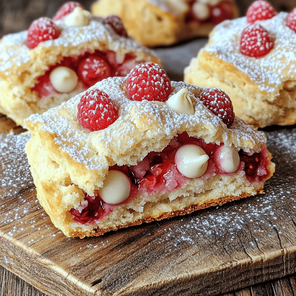 To make these delightful scones, you need the following key ingredients: - 2 cups all-purpose flour - 1/4 cup granulated sugar - 2 teaspoons baking powder - 1/2 teaspoon baking soda - 1/2 teaspoon salt - 1/2 cup unsalted butter, cold and cut into small cubes - 1/2 cup buttermilk - 1 large egg - 1 teaspoon pure vanilla extract - 3/4 cup fresh raspberries (or frozen raspberries, thawed and drained) - 1/2 cup white chocolate chips - An extra pinch of granulated sugar for sprinkling These ingredients blend together to create a rich, flavorful base for the scones. The combination of fresh raspberries and white chocolate gives a sweet and tangy taste that everyone loves. You can add a few optional ingredients to make your scones even better: - Zest from 1 lemon or orange for a citrus kick - 1/2 teaspoon almond extract for a deeper flavor - Chopped nuts, like pecans or walnuts, for added crunch These extras can give your scones a unique twist. Feel free to experiment and find your perfect combination! Having the right tools makes baking easier and more fun. Here are the tools you will need: - Mixing bowls - Whisk - Pastry cutter or your fingers for mixing - Baking sheet - Parchment paper - Knife or pastry cutter for shaping These tools will help you prepare the scones with ease. Don’t forget to gather everything before you start! Start by preheating your oven to 400°F (200°C). This high heat helps the scones rise well. While the oven warms up, line a baking sheet with parchment paper. This step prevents the scones from sticking, making cleanup easier. In a large bowl, whisk together the dry ingredients. Combine 2 cups of all-purpose flour, 1/4 cup of granulated sugar, 2 teaspoons of baking powder, 1/2 teaspoon of baking soda, and 1/2 teaspoon of salt. Make sure everything is well mixed and aerated. This helps the scones become light and fluffy. In a separate bowl, mix the wet ingredients. Combine 1/2 cup of buttermilk, 1 large egg, and 1 teaspoon of pure vanilla extract. Whisk them together until blended. Pour this mixture into the bowl with the dry ingredients. Use a fork to stir until just combined. Be careful not to overmix, as this can make the scones tough. Now, gently fold in the stars of the show: 3/4 cup of fresh raspberries and 1/2 cup of white chocolate chips. Use a spatula for this step. Take your time and be gentle. You want to keep the raspberries whole, as they add bursts of flavor. Turn the dough onto a lightly floured surface. Pat it into a rectangle about 1 inch thick. Use a knife or pastry cutter to cut the dough into triangles or circles. Place the scones on the prepared baking sheet, leaving space between them. Sprinkle a pinch of granulated sugar on top for a sweet crunch. Bake them for 15-20 minutes, until the edges are lightly golden. Enjoy the smell wafting through your kitchen as they bake! To make flaky scones, keep your butter cold. Cold butter creates steam while baking, which helps the scones rise. Cut the butter into small cubes and mix it into the flour gently. Use your fingertips or a pastry cutter. Stop mixing when the mixture looks like coarse crumbs. This step is key for texture. The right balance of raspberry and chocolate makes each bite special. Use fresh raspberries if possible. They add a burst of flavor. If using frozen raspberries, thaw and drain them first. This prevents excess moisture in the dough. Add white chocolate chips evenly throughout the mixture. This way, each scone has a sweet surprise. One common mistake is overmixing the dough. This can make your scones tough instead of tender. Mix just until the ingredients are combined. Another mistake is not using enough flour when shaping. Dust your surface lightly. This helps prevent sticking. Finally, avoid skipping the sprinkle of sugar on top. It adds a delightful crunch and sweetness. {{image_4}} You can easily change the flavor of your white chocolate raspberry scones. Try using dark chocolate instead of white chocolate. It gives a richer taste. You can also swap out the raspberries for blueberries or strawberries. These berries work well and add a nice touch. If you like nuts, add some chopped pecans or walnuts for crunch. They bring a lovely flavor that pairs well with chocolate. Adjust the size of your scones to fit your needs. For mini scones, shape the dough into smaller pieces, about half the size of regular scones. Bake them for about 10-15 minutes. For larger scones, increase the thickness of the dough. Cut them into larger triangles or circles and bake for 20-25 minutes. This way, you can serve scones that fit any occasion, whether for a snack or a special treat. Spices and zest can elevate your scone game. Add a pinch of cinnamon or nutmeg to the dry ingredients for warmth. For a citrusy kick, incorporate lemon or orange zest into the dough. This brightens the flavor profile and adds a fresh twist. Feel free to experiment with your favorite spices and zest. This personal touch makes your scones unique and delightful. To keep your scones fresh, store them in an airtight container. This helps prevent them from drying out. Make sure they cool completely before you seal them. I usually keep them at room temperature for up to two days. If you want to keep them longer, consider freezing. Freezing is a great option for scones. To freeze, first, let them cool completely. Then, wrap each scone in plastic wrap. Place the wrapped scones in a freezer-safe bag or container. They can last up to three months in the freezer. When you want one, just take it out and thaw it. Reheating scones is easy. You can use an oven or microwave. For the oven, preheat it to 350°F (175°C). Place the scone on a baking sheet and warm for about 5-10 minutes. This keeps them crisp. If using a microwave, heat for about 15-20 seconds. Enjoy your warm, fresh-tasting scones! Yes, you can use frozen raspberries. Just make sure to thaw and drain them first. This prevents excess moisture in your scones. Frozen raspberries work well and still provide great flavor. They may break apart more than fresh ones, but they will still taste delicious. You can tell when the scones are done by checking their color. The edges should be lightly golden brown. You can also tap the top; it should sound hollow. Baking time is usually about 15-20 minutes. Keep an eye on them to avoid overbaking. Scones pair well with clotted cream or whipped cream. A bit of jam can add sweetness, too. You can also serve them with fresh fruit or a nice cup of tea. This makes for a lovely and complete treat. Enjoy them warm for the best experience! This blog post covers all you need to know about making white chocolate raspberry scones. You learned which key ingredients to gather and how to mix them for the best flavor. I shared step-by-step instructions to guide you from prep to bake. Plus, you got helpful tips for avoiding common mistakes and making tasty variations. Enjoy your baking adventure! With these tips, fresh scones are just minutes away.