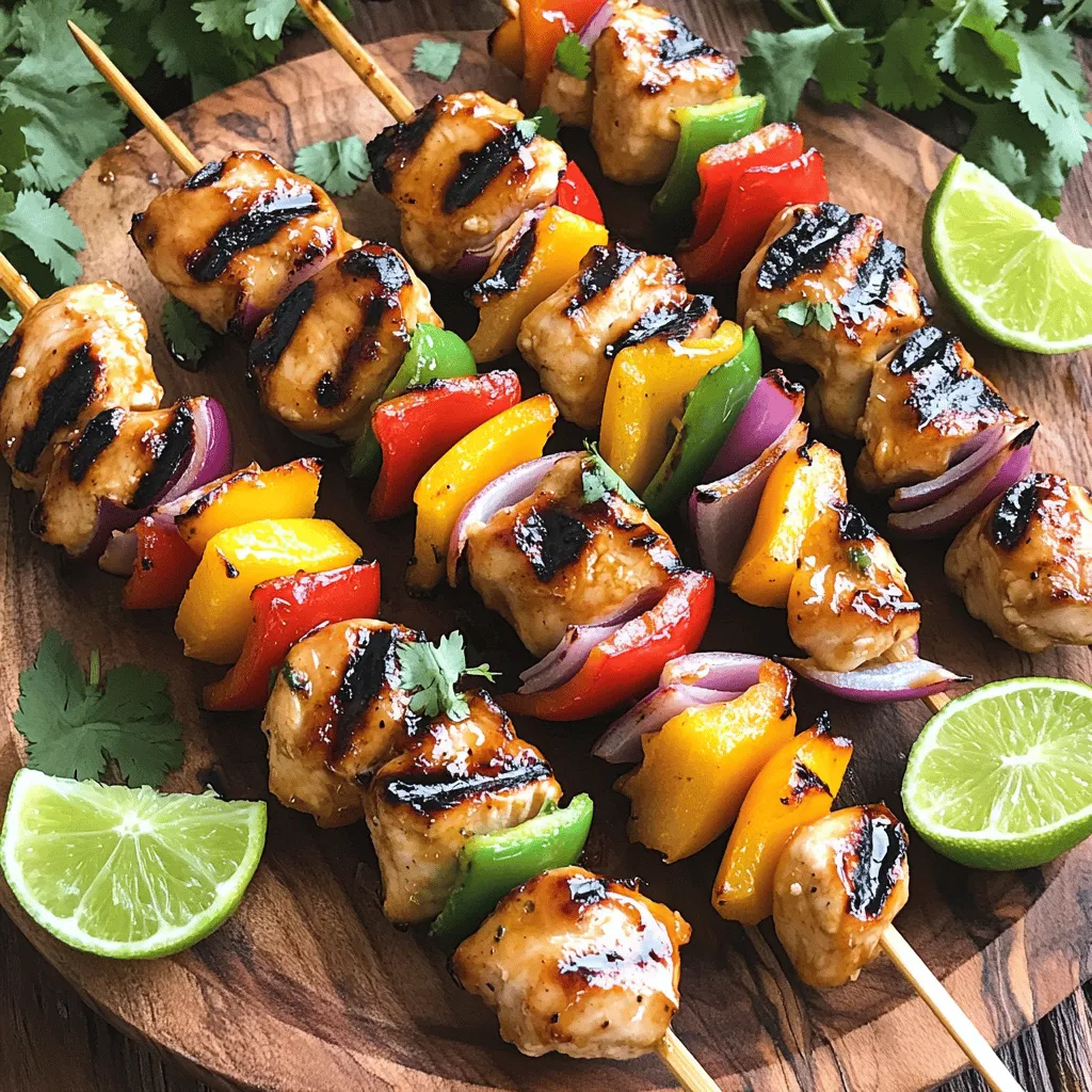 To make honey lime chicken kebabs, gather these key items: - 1 lb boneless chicken breast, cut into 1-inch cubes - 1/4 cup honey - 1/4 cup freshly squeezed lime juice (about 2 limes) - 2 tablespoons extra virgin olive oil - 2 garlic cloves, finely minced - 1 teaspoon ground cumin - 1 teaspoon chili powder - Salt and freshly ground black pepper, to taste These ingredients create a sweet and tangy flavor. They make the chicken juicy and tasty. The marinade is the heart of this dish. It adds rich flavor to the chicken. Here’s what you need for the marinade: - Honey - Fresh lime juice - Extra virgin olive oil - Minced garlic - Ground cumin - Chili powder - Salt and black pepper Mix these well in a bowl. This mix helps the chicken soak in all the flavors. The longer you marinate, the better the taste. Adding vegetables boosts color and taste. I suggest using: - 1 red bell pepper, cut into 1-inch pieces - 1 yellow bell pepper, cut into 1-inch pieces - 1 red onion, cut into 1-inch pieces These colorful veggies not only look good but also add fresh crunch. You can swap them for your favorites. Just keep the size similar for even cooking. To start, gather your ingredients for the marinade. In a large mixing bowl, combine: - 1/4 cup honey - 1/4 cup freshly squeezed lime juice - 2 tablespoons extra virgin olive oil - 2 minced garlic cloves - 1 teaspoon ground cumin - 1 teaspoon chili powder - Salt and freshly ground black pepper Whisk these ingredients together until they blend into a smooth marinade. The honey adds sweetness, while the lime gives it a bright zing. Next, let’s marinate the chicken. Cut 1 pound of boneless chicken breast into 1-inch cubes. Add the chicken to the marinade, making sure each piece is coated well. Cover the bowl with plastic wrap and put it in the fridge. It’s best to let it sit for at least 30 minutes, but 2 to 4 hours is even better. This helps the chicken soak up all those yummy flavors. Now, it’s time to assemble the kebabs. Take the marinated chicken out of the fridge. Gather your colorful veggies: - 1 red bell pepper, cut into 1-inch pieces - 1 yellow bell pepper, cut into 1-inch pieces - 1 red onion, cut into 1-inch pieces On your skewers, alternate threading pieces of chicken with the bell peppers and onion. This makes the dish look vibrant and tasty. Preheat your grill to medium-high heat. Once hot, place the skewers on the grill. Cook the kebabs for about 10 to 12 minutes. Remember to turn them occasionally. The chicken should no longer be pink inside and reach an internal temperature of 165°F (75°C). The grill marks add a nice touch! After grilling, remove the kebabs from the grill. Let them rest for a few minutes. This helps the juices stay inside the chicken. Now, you can serve your delicious Honey Lime Chicken Kebabs. Enjoy the tasty flavors and colorful presentation! To get the best flavor from your chicken, marinate it well. Mix honey, lime juice, olive oil, garlic, cumin, chili powder, salt, and pepper in a bowl. Whisk until smooth. Add cubed chicken and coat every piece. Cover the bowl and chill in the fridge. Let it sit for at least 30 minutes. For the best taste, aim for 2-4 hours. This time helps the flavors seep in deeply. Preheat your grill to medium-high heat before cooking. This helps create nice grill marks. When placing the skewers on the grill, keep an eye on them. Cook for about 10-12 minutes, turning occasionally. You want the chicken to reach an internal temp of 165°F (75°C) and be no longer pink inside. This ensures juicy and tasty kebabs. Serving is key to impressing your guests. Arrange the kebabs on a large platter. Add fresh cilantro for color and flavor. Place lime wedges around the dish. This not only brightens the look but gives a zesty touch. A beautiful presentation makes the meal more appealing. Always use fresh ingredients for the best taste. Fresh limes give a bright zing. Colorful bell peppers add sweetness and crunch. Choosing high-quality chicken makes a huge difference in flavor. Fresh garlic enhances the marinade's taste. When you use fresh ingredients, your kebabs will shine with flavor and appeal. {{image_4}} You can switch the chicken for other proteins. Shrimp works well. It cooks fast and soaks up flavor. Tofu is a great choice for a plant-based option. Just press it first to remove excess water. Beef or pork can also work if you cut them into small pieces. Each protein will add its own taste to the kebabs. Feel free to mix up the veggies you use. Zucchini and cherry tomatoes add great color and flavor. Mushrooms bring a nice umami taste. You can even try adding pineapple for a sweet touch. The key is to cut the vegetables into similar sizes for even cooking. This will make your kebabs look and taste amazing. Want to kick up the flavor? Try adding fresh herbs like cilantro or parsley. A pinch of red pepper flakes can add spice. You can also use a splash of soy sauce for extra depth. Don't forget to play with the marinade. Adding ginger or lime zest will enhance the taste. Each change can make your kebabs unique and delicious. Leftover honey lime chicken kebabs are easy to store. First, let the kebabs cool completely. Then, place them in an airtight container. Store them in the fridge for up to three days. Make sure to keep the kebabs away from strong odors. This helps keep their sweet and tangy flavor. When you want to eat your leftover kebabs, you have a few options. You can reheat them in the microwave. Just place them on a plate and cover them with a damp paper towel. Heat for 1-2 minutes until warm. You can also reheat them on the grill. This brings back the nice grill marks and flavor. Heat them for about 5 minutes, turning often to avoid burning. If you want to save kebabs for later, freezing is a great choice. Place the cooled kebabs in a freezer-safe bag. Squeeze out as much air as possible before sealing. You can freeze them for up to three months. When you're ready to eat, thaw them in the fridge overnight before reheating. This way, you can enjoy tasty kebabs anytime! You should marinate the chicken for at least 30 minutes. This helps the chicken soak up the flavors. For the best taste, try to marinate for 2 to 4 hours. This longer time lets the marinade work its magic. Yes, you can make these kebabs in the oven. Preheat your oven to 400°F (200°C). Place the skewers on a baking sheet. Cook for about 15 to 20 minutes. Turn the kebabs halfway through for even cooking. You can serve honey lime chicken kebabs with many sides. Try rice or quinoa for a nice base. Grilled veggies also pair well. A fresh salad adds crunch. Don’t forget some lime wedges for extra zing! Check the chicken's color to see if it is done. The meat should not be pink in the center. The chicken should reach an internal temperature of 165°F (75°C). Use a meat thermometer for accuracy. Honey lime chicken kebabs are easy to make and full of flavor. You learned about the main ingredients, marinade, and the best vegetables to use. I shared step-by-step instructions on prepping, marinating, assembling, and grilling the kebabs. Plus, I provided tips for perfect grilling and serving. Remember, you can switch up proteins and veggies for variety. Store any leftovers properly, and don’t forget to check the FAQs for more help. Enjoy your delicious, homemade kebabs!