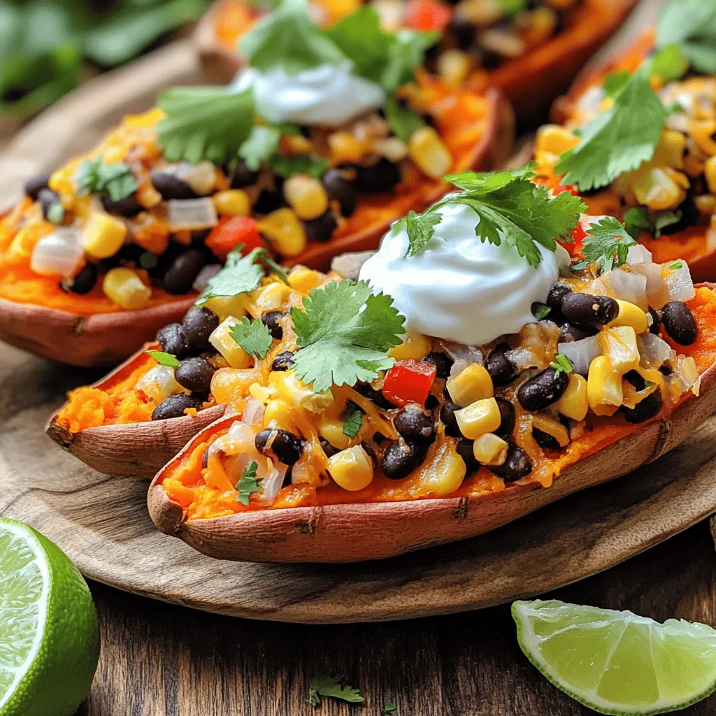 - 2 large sweet potatoes - 1 tablespoon olive oil - 1 teaspoon ground cumin - 1 teaspoon smoked paprika - Salt and black pepper to taste - 1 cup canned black beans, rinsed and drained - 1 cup corn kernels (can use frozen or fresh) - 1/2 cup red bell pepper, diced - 1/2 cup red onion, diced - 1 cup sharp cheddar cheese, shredded - 1/2 cup Greek yogurt or sour cream - Fresh cilantro, chopped, for garnish - Lime wedges, for serving Sweet potatoes give a sweet flavor and soft texture. You can use white potatoes if needed, but they change the taste. Olive oil adds richness, but you can use avocado oil as a swap. Ground cumin and smoked paprika create a warm and smoky taste. If you want heat, add chili powder instead. Black beans are great for protein. You can switch them for pinto beans or chickpeas. Corn adds sweetness and crunch. Frozen corn is just fine. Red bell pepper and onion offer color and zest. Yellow or green peppers can work too. Cheddar cheese makes this dish creamy. Try Mexican blend cheese or pepper jack for a twist. Greek yogurt or sour cream adds tang. You can skip this if you want a lighter version. - Sweet Potatoes: Look for organic options from your local market. - Olive Oil: I prefer California Olive Ranch for its flavor. - Canned Black Beans: Goya is a reliable choice for quality. - Corn Kernels: Del Monte offers great frozen corn. - Cheddar Cheese: Cabot Creamery has a sharp flavor that I love. - Greek Yogurt: Chobani is a trusted brand with a creamy texture. Start by preheating your oven to 400°F (200°C). Wash the sweet potatoes well. Use a fork to poke holes all over them. This helps steam escape. Place the sweet potatoes on a baking sheet lined with parchment paper. Bake them for about 45-50 minutes. They are done when a fork goes in easily. Let them cool for about 10 minutes after baking. Next, slice each sweet potato in half lengthwise. Carefully scoop out some of the flesh, leaving about a 1/4 inch on the skin. Keep the scooped-out sweet potato. You will use it for the filling. In a mixing bowl, combine the reserved sweet potato flesh with these ingredients: - 1 cup canned black beans, rinsed and drained - 1 cup corn kernels - 1/2 cup diced red bell pepper - 1/2 cup diced red onion - 1 tablespoon olive oil - 1 teaspoon ground cumin - 1 teaspoon smoked paprika - Salt and black pepper to taste Mix everything well until combined. This filling is packed with flavor and nutrients. Now, spoon the filling back into each sweet potato skin. Pack it in well to make it tasty. Sprinkle shredded cheddar cheese over the top of each potato half. Put the stuffed sweet potato skins back in the oven. Bake them for 15-20 minutes. You want the cheese to melt and bubble, creating a nice golden crust. After baking, let them cool for a few minutes. Top each skin with a dollop of Greek yogurt or sour cream. Add fresh cilantro for a burst of color. Serve with lime wedges on the side for extra zest. Enjoy your Loaded Southwest Sweet Potato Skins! To make great Loaded Southwest Sweet Potato Skins, start with the right sweet potatoes. Choose large, firm ones. Wash them well to remove dirt. Use a fork to poke holes all over. This step helps steam escape while baking. Bake them at 400°F for 45-50 minutes. They should be soft but not mushy. Let them cool for a few minutes before cutting. This makes them easier to handle. When scooping out the flesh, leave some on the skin. This gives your skins strength to hold the filling. Flavor is key in this dish. For the filling, mix the sweet potato flesh with black beans and corn. Add diced red bell pepper and red onion for crunch and color. Season with olive oil, cumin, and smoked paprika. These spices bring warmth and depth. Taste the mixture and adjust salt and pepper. You want each bite to burst with flavor. To finish, top with sharp cheddar cheese. It melts nicely and adds richness. Don't skip the Greek yogurt or sour cream on top. It adds creaminess and balances the spices. Presentation can elevate your dish. Serve the loaded sweet potato skins on a bright platter. This makes the colors pop. Drizzle extra Greek yogurt or sour cream on top. Add a sprinkle of fresh cilantro for a fresh touch. Place lime wedges around the platter for a zesty look. This also invites guests to squeeze lime over their skins. A beautiful presentation makes the dish more appealing, and it tastes even better! Enjoy your creation and share with friends! {{image_4}} To make your Loaded Southwest Sweet Potato Skins vegetarian or vegan, swap the cheese and yogurt. Use a plant-based cheese for that melty goodness. For the yogurt, try cashew cream or coconut yogurt. These options keep the dish creamy and delicious without dairy. You can still enjoy the rich flavors of cumin and smoked paprika. If you want to boost the protein in these sweet potato skins, consider adding cooked chicken, turkey, or tofu. Shredded rotisserie chicken works great and saves time. You can also add other veggies like zucchini or spinach. Simply chop them small and mix them in with the filling. This adds color and nutrients to your dish. Looking to spice things up? Change the seasoning to fit your taste. Try adding chili powder for heat or taco seasoning for a bold kick. You can also use fresh herbs like oregano or thyme for a different flavor. A squeeze of lime juice adds freshness and brightness to every bite. Explore different combinations to find your favorite! To keep your loaded southwest sweet potato skins fresh, store them in an airtight container. Place parchment paper between layers if stacking them. This keeps the skins from getting soggy. Store them in the fridge for up to three days. If you want to keep them longer, freezing is a good option. Reheat your sweet potato skins in the oven for the best taste. Preheat the oven to 350°F (175°C). Place the skins on a baking sheet lined with foil or parchment paper. Heat them for about 10-15 minutes or until they’re warm and the cheese is melted again. You can also use a microwave, but the skins may lose some crispness. If you want to freeze your loaded sweet potato skins, let them cool completely first. Wrap each skin tightly in plastic wrap. Then, place them in a freezer-safe bag or container. They can last for up to three months in the freezer. When ready to eat, thaw them in the fridge overnight before reheating. This way, you can enjoy this flavorful delight anytime! Yes, you can make Loaded Southwest Sweet Potato Skins ahead of time. Prepare the sweet potatoes and filling in advance. Bake the potatoes and let them cool. Then, scoop out the flesh and mix it with your other ingredients. You can store the filling in the fridge for up to two days. When ready to eat, assemble and bake them. This saves time and makes meal prep easy. If you need a substitute for cheddar cheese, try Monterey Jack or Pepper Jack cheese. Both melt well and add great flavor. You can also use vegan cheese for a dairy-free option. Nutritional yeast is another choice for a cheesy flavor without using cheese. To spice up your sweet potato skins, add diced jalapeños to the filling. You can also sprinkle cayenne pepper or chili powder for heat. Another option is to use spicy cheese, like Pepper Jack. For an extra kick, serve with a spicy salsa on the side. Adjust the spice level to your liking! In this article, we explored the delicious world of loaded sweet potato skins. We covered essential ingredients and helpful tips for perfecting your dish. You learned how to prepare, assemble, and bake your sweet potato skins. We also shared fun variations and smart storage hacks. By following these steps, you can impress anyone at your next meal. Enjoy experimenting with flavors and toppings. These sweet potato skins can be a hit at any table!