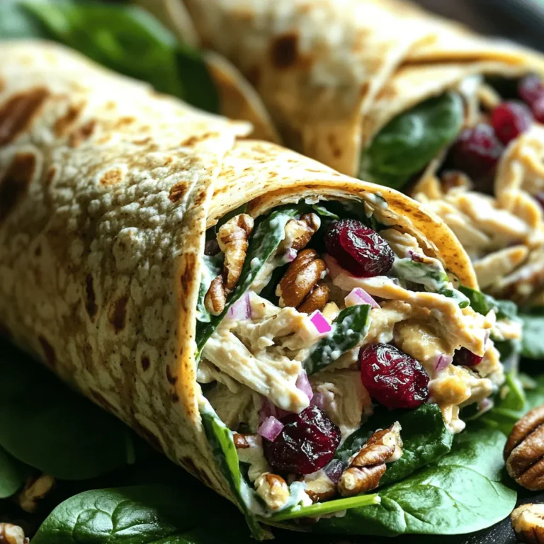 - 2 cups cooked chicken - 1/2 cup dried cranberries - 1/2 cup pecans - 1/4 cup plain Greek yogurt - 1/4 cup mayonnaise - 1 tablespoon Dijon mustard - 1 celery stalk - 1/4 red onion - Salt and pepper - 4 large whole wheat tortillas - Fresh spinach leaves Gather these ingredients before you start. The cooked chicken can be shredded or diced. I prefer shredded for a nice texture. Dried cranberries add sweetness. Chopped pecans give a great crunch. The Greek yogurt and mayonnaise make the salad creamy. Dijon mustard adds a nice zing. Chop the celery and red onion finely. This step ensures the flavors blend well. Don't forget to season with salt and pepper to your taste. Whole wheat tortillas are a healthy choice. Fresh spinach leaves add color and nutrition. Enjoy this tasty mix! - Combine chicken, cranberries, and pecans in a bowl. - Whisk together Greek yogurt, mayo, and Dijon mustard in a separate bowl. First, take your cooked chicken—make sure it's shredded or diced. I like to use rotisserie chicken for ease. Next, add the chopped cranberries and coarsely chopped pecans into a large mixing bowl. Mix these ingredients well. This gives your salad a nice blend of flavors and textures. In another bowl, whisk together the Greek yogurt, mayonnaise, and Dijon mustard. This creamy mix adds richness and a tangy kick. Once smooth, set it aside for the next step. - Add celery and onion to yogurt mixture. - Season with salt and pepper to taste. Now, finely chop a celery stalk and a quarter of a red onion. These will add crunch and flavor. Fold them into the creamy yogurt mixture. Don’t forget to season with salt and pepper to make it pop. Taste it! Adjust the seasoning to your liking. - Lay tortillas flat and add spinach. - Spoon chicken salad mixture onto tortillas. - Roll and slice for serving. Grab four large whole wheat tortillas. Lay them flat on a clean surface. Add a handful of fresh spinach leaves to each tortilla. This adds freshness and color. Spoon a generous amount of your chicken salad mixture right onto the spinach. Leave some space at the edges for easy folding. Now, fold in the sides of each tortilla and roll it up from the bottom. Make sure to encase the filling well. For serving, slice each wrap in half diagonally. This way, you can see all the colorful ingredients inside! To make your chicken salad shine, season well. Use salt and pepper to taste. You can also add garlic powder for a savory touch. Fresh herbs like parsley or dill boost flavor too. Try a dash of lemon juice for zing. Folding wraps can be tricky. Start by laying your tortilla flat. Place filling in the center, leaving space on the edges. Fold the sides in first. Then, roll it from the bottom up. This keeps your filling secure and prevents spills. Cooking can be quick with some prep. Chop your ingredients ahead of time. You can use rotisserie chicken for an even faster meal. Just shred it and mix with your other ingredients. This saves time and still tastes great. {{image_4}} You can switch out chicken for turkey or tuna. Both options taste great. Turkey gives a nice texture. Tuna adds a rich flavor. You can also use different nuts or seeds. Try walnuts or sunflower seeds for a new twist. Each nut adds its own unique crunch and flavor. If you prefer a veggie meal, replace chicken with chickpeas or tofu. Chickpeas add protein and fiber. Tofu soaks up flavors well. For a creamy base, use vegan mayo or yogurt. These alternatives keep your wrap tasty and plant-based. You can make your wraps even more fun with seasonal fruits. In fall, try adding crisp apples. In summer, grapes add a sweet touch. These fruits brighten the dish and add freshness. Adjust your flavors to fit the season for a delightful twist. To store leftover wraps, wrap them in plastic wrap or foil. This keeps them fresh. Place the wrapped wraps in an airtight container to avoid moisture loss. They stay good in the fridge for up to three days. After that, the flavors may fade. If you want to freeze pre-made wraps, wrap each one tightly in plastic wrap. Then, place them in a freezer-safe bag. They can freeze for up to three months. When you want to eat them, thaw in the fridge overnight. To reheat without losing texture, heat in a pan for a few minutes. This keeps the wrap soft and the filling warm. For easy lunches, cut the wraps in half or quarters. This makes them simple to grab. Use clear containers to store them, so you can see what’s inside. A good size is about 4 to 6 cups for each meal. This way, you can enjoy a tasty wrap whenever you need a quick bite! You can prepare the chicken salad a day in advance. Just mix the cooked chicken, cranberries, pecans, Greek yogurt, mayonnaise, mustard, celery, and onion. Store this mixture in an airtight container in the fridge. When you're ready to eat, just assemble the wraps with fresh spinach and tortillas. This keeps the tortillas from getting soggy. These wraps pair well with many sides. Here are some ideas: - Fresh vegetable sticks like carrots, cucumbers, or bell peppers - A light side salad with mixed greens, cherry tomatoes, and a simple dressing - Crispy chips or baked pita chips for crunch - A refreshing drink like iced tea or lemonade Yes, you can make these wraps gluten-free! Simply choose gluten-free tortillas. Many brands offer great options that taste good. You can also replace the yogurt and mayo with dairy-free versions. This way, everyone can enjoy the delicious flavors. This blog post shared a simple chicken salad wrap recipe. You learned the main ingredients and key steps. We covered tips for better flavor and perfect wraps. You also explored variations and storage ideas. In closing, these wraps offer great flavor and nutrition. They fit well in meal prep. Enjoy making them your own with different ingredients and flavors!