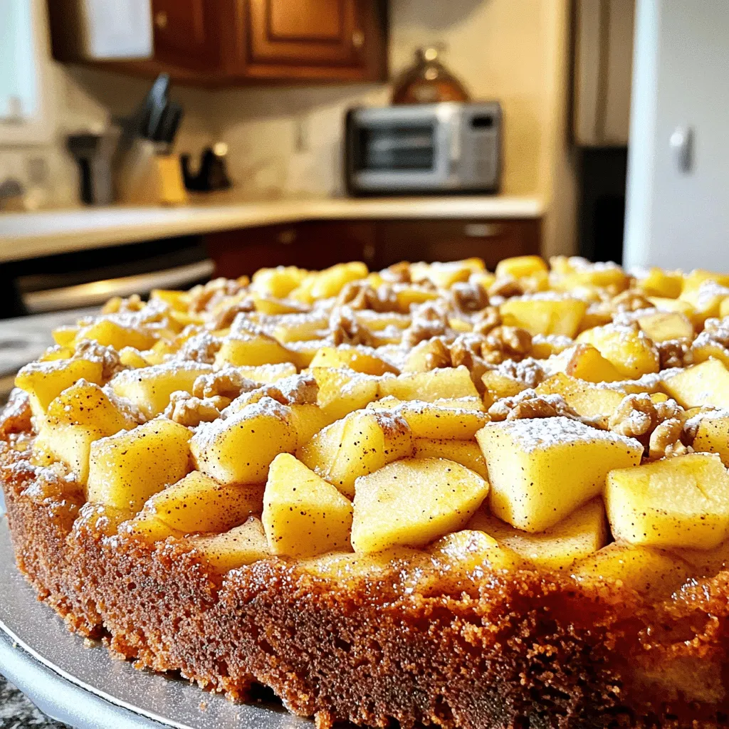 - 2 cups all-purpose flour - 1 cup granulated sugar - 1/2 cup unsalted butter, softened to room temperature - 1 cup sour cream - 3 large eggs, at room temperature - 1 teaspoon pure vanilla extract - 1 teaspoon baking powder - 1/2 teaspoon baking soda - 1/2 teaspoon fine salt - 2 cups Granny Smith apples, peeled, cored, and diced - 1 teaspoon ground cinnamon - 1/2 cup packed brown sugar - 1/2 cup chopped walnuts (optional, for added crunch) - Powdered sugar for dusting (optional, for presentation) The ingredients for this cake come together to create a warm, comforting flavor. All-purpose flour gives the cake its structure. I love using granulated sugar for sweetness. The unsalted butter adds richness and moisture. Sour cream keeps the cake tender and adds a nice tang. Eggs bring everything together. The vanilla extract adds a lovely aroma. Baking powder and baking soda help the cake rise. Fine salt enhances all the flavors. Granny Smith apples give a tart crunch. Ground cinnamon adds warmth and spice. Brown sugar adds depth and moisture. Chopped walnuts bring a delicious crunch, but they're optional. Lastly, powdered sugar is perfect for a lovely finish. With these ingredients, you can create a bakery-style delight right at home. Each bite will remind you of cozy mornings and fresh coffee. - Preheat the oven and prepare the baking pan: Set your oven to 350°F (175°C). Grease a 9x13 inch baking pan with butter and lightly dust it with flour. This helps the cake come out easily. - Creaming the butter and sugar: In a large bowl, mix 1/2 cup of softened butter with 1 cup of granulated sugar. Beat this mixture with an electric mixer on medium speed for about 3-4 minutes. It should become light and fluffy. - Incorporating eggs and vanilla extract: Add 3 large eggs to the butter mixture one by one. Mix well after each addition. Then, stir in 1 teaspoon of pure vanilla extract until it blends in smoothly. - Mixing dry ingredients and combining with wet ingredients: In a separate bowl, whisk together 2 cups of all-purpose flour, 1 teaspoon of baking powder, 1/2 teaspoon of baking soda, and 1/2 teaspoon of fine salt. Slowly add this dry mix to the wet mix, alternating with 1 cup of sour cream. Stir until just combined; do not overmix. - Preparing the apple mixture: Take 2 cups of diced Granny Smith apples and toss them in a bowl with 1 teaspoon of ground cinnamon and 1/2 cup of packed brown sugar. Make sure the apples are well coated. - Assembling the cake layers: Pour half of the batter into your prepared pan. Spread it out evenly. Then, layer half of the apple mixture on top of the batter. Next, pour the remaining batter over the apples and spread it out. Top with the rest of the apple mixture. If you like, sprinkle 1/2 cup of chopped walnuts for extra crunch. - Baking the cake and checking doneness: Place the pan in the oven and bake for 40-45 minutes. Use a toothpick to check for doneness; it should come out clean when inserted into the center. - Cooling and transferring the cake: Once baked, let the cake cool in the pan for about 10 minutes. Then, carefully transfer it to a wire rack to cool completely before serving. How to achieve a fluffy texture: To make your cake light and fluffy, start with room-temperature butter and eggs. This helps them blend better. Cream the butter and sugar well, about 3-4 minutes. This step adds air to your batter, making it rise beautifully. Best practices for measuring ingredients: Always use measuring cups for dry and wet ingredients. For flour, spoon it into the cup and level it off. Do not pack it down. For liquids, use a clear measuring cup for accuracy. This ensures even baking and the perfect texture. Ideas for an elegant presentation: Slice the coffee cake into neat squares. Place them on a vintage platter for a touch of charm. You can also add a drizzle of glaze over the top for a nice shine. Garnishing suggestions for serving: Sprinkle powdered sugar on top just before serving. This adds a lovely contrast to the apples. Fresh apple slices or a sprinkle of cinnamon gives a nice touch, too. These small details make your cake look bakery-style. {{image_4}} You can make this cake your own by adding different spices. Nutmeg and allspice add warmth. Just add a pinch to the batter. You can also try different types of apples. While Granny Smith apples are tart and crisp, you can use Honeycrisp for sweetness. Fuji apples add a nice crunch and flavor too. Experiment with what you like best. If you are gluten-free, use a gluten-free flour blend. This works well and keeps the cake light. For dairy-free options, replace sour cream with almond or coconut yogurt. Use vegan butter instead of regular butter. This makes the cake just as tasty without the dairy. If you want a full vegan cake, simply swap eggs with flax eggs. Mix one tablespoon of flaxseed meal with three tablespoons of water for each egg. Let it sit for a few minutes until it thickens. This will help bind the ingredients together. Enjoy your baking adventure! To keep your apple cinnamon coffee cake fresh, store it in an airtight container. This helps maintain moisture and flavor. You can leave it at room temperature for up to three days. If you want to keep it longer, place it in the fridge. In the fridge, it can last about a week. Just remember, cold storage may change the cake's texture slightly. To reheat your cake for the best taste, preheat your oven to 350°F. Place a slice on a baking sheet and warm it for about 10 minutes. If you’re in a hurry, you can use the microwave. Heat it for about 15-20 seconds. For serving after reheating, add a light dusting of powdered sugar. You can also pair it with a scoop of vanilla ice cream or a dollop of whipped cream. Enjoy it with a hot cup of coffee to enhance the flavors! Can I use a different type of flour? Yes, you can use whole wheat flour or gluten-free flour. Each type may change the cake's texture. Whole wheat will add a nutty taste. Gluten-free flour may need extra moisture. How do I know when the coffee cake is done baking? To check if it's done, insert a toothpick into the center. It should come out clean or with a few crumbs. If it has wet batter, bake a bit longer. What to do if the cake is too dense? If the cake is too dense, it might be overmixed or have too much flour. Try mixing just until combined next time. You can also beat the eggs well for more air. Tips for avoiding an overly dry cake To avoid a dry cake, watch the baking time closely. Also, check the oven's temperature. Using sour cream adds moisture, so don’t skip it. Best beverages to pair with the coffee cake This coffee cake pairs well with coffee, tea, or hot chocolate. A glass of milk also works great. Each drink adds a cozy touch. Alternative toppings or accompaniments You can serve with whipped cream or ice cream for extra sweetness. Fresh fruit or a drizzle of caramel adds a nice touch too. Try dusting with powdered sugar for a pretty look. This blog post covered all you need for a delicious apple coffee cake. We explored the key ingredients and step-by-step methods for mixing, baking, and cooling. Helpful tips ensured you achieve a fluffy texture and an elegant presentation. We also shared ways to customize the cake to fit various diets. Lastly, proper storage and reheating tips help keep your cake fresh and tasty. Now you can confidently bake and enjoy this delightful treat!