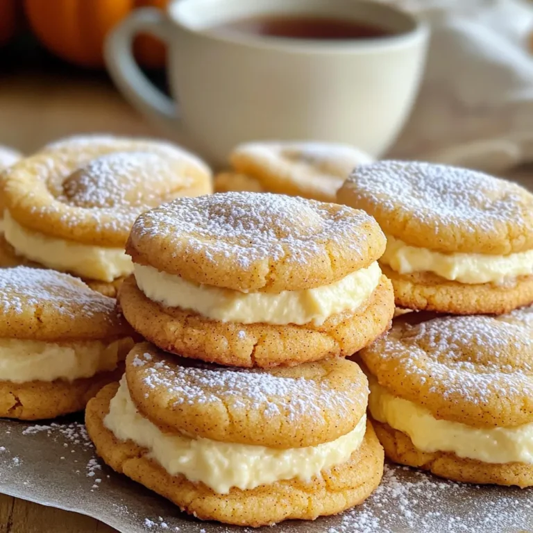 - 1 cup unsalted butter - 1 cup packed brown sugar - 1/2 cup granulated sugar - 2 large eggs - 1 teaspoon vanilla extract - 1 cup pumpkin puree - 8 ounces cream cheese - 1/4 cup powdered sugar - 1/2 teaspoon pumpkin spice - 1/4 teaspoon vanilla extract - 3 cups all-purpose flour - 1 teaspoon baking soda - 1 teaspoon ground cinnamon - 1 teaspoon ground nutmeg - 1/2 teaspoon ground ginger - 1/2 teaspoon salt Each ingredient plays a role in making these cookies taste great. The butter gives a rich flavor and helps create a soft texture. Brown sugar adds moisture and depth, while granulated sugar balances the sweetness. The eggs help bind the dough and provide lift. For the cheesecake filling, pumpkin puree brings seasonality and moisture. Cream cheese creates a smooth, tangy flavor that pairs perfectly with pumpkin. The powdered sugar sweetens the filling, while pumpkin spice gives that warm, cozy taste. The dry ingredients mix the structure of the cookies. All-purpose flour provides the base, while baking soda helps them rise. Spices like cinnamon, nutmeg, and ginger add warmth and depth. Salt is key to enhancing all the flavors. When you gather these ingredients, you set the stage for a delightful baking experience. First, set your oven to 350°F (175°C). This ensures that your cookies bake evenly. While the oven heats up, line two baking sheets with parchment paper. This helps to prevent the cookies from sticking. In a large bowl, cream together 1 cup of softened butter, 1 cup of packed brown sugar, and 1/2 cup of granulated sugar. Use an electric mixer for about 2-3 minutes. The mix should look light and fluffy. Next, beat in 2 large eggs, one at a time. Make sure each egg is mixed in fully before adding the next. Stir in 1 teaspoon of vanilla extract until it's just combined. In another bowl, whisk together 3 cups of all-purpose flour, 1 teaspoon of baking soda, 1 teaspoon of ground cinnamon, 1 teaspoon of ground nutmeg, 1/2 teaspoon of ground ginger, and 1/2 teaspoon of salt. Gradually add this dry mix into the wet ingredients. Stir gently until everything is blended into a smooth dough. In a separate bowl, beat together 8 ounces of softened cream cheese and 1/4 cup of powdered sugar. Then mix in 1 cup of pumpkin puree, 1/2 teaspoon of pumpkin spice, and 1/4 teaspoon of vanilla extract. Whisk until the mixture is creamy and free of lumps. Take a tablespoon of cookie dough and flatten it into a disk. Spoon about a teaspoon of the cheesecake filling into the center of the disk. Carefully fold the edges over the filling. Pinch to seal it and roll it into a ball. Repeat this with the rest of the dough and filling. Place the stuffed cookie balls on your prepared baking sheets. Space them about 2 inches apart. Bake in the oven for 12-15 minutes. The edges should look lightly golden, and the centers should be set. After baking, let the cookies cool on the baking sheets for 5 minutes. Then, move them to a wire rack to cool completely. To get the perfect cookie texture, start with soft butter. Softened butter mixes well with sugars. This helps create a fluffy base. Aim for a dough that feels smooth and slightly sticky but not too wet. If your dough is too dry, add a splash of milk. If it’s too wet, sprinkle in a little flour. Form the dough into balls gently. They should hold shape but not be hard. The cream cheese filling needs to be smooth. Start with softened cream cheese for easy mixing. Beat it well before adding other ingredients. Add pumpkin puree and powdered sugar gradually. Blend until there are no lumps. This ensures a creamy texture. If your filling is too thick, mix in a splash of milk. If it’s too runny, add a bit more powdered sugar. For a lovely presentation, dust the baked cookies with powdered sugar. This gives a nice contrast against the orange. Stack them on a pretty platter to make them look inviting. Serve with warm spiced tea or coffee. This adds a cozy touch that matches the flavors. You can also add a cinnamon stick as a garnish. {{image_4}} You can swap the cream cheese filling with different flavors. Try using chocolate cream cheese for a rich twist. You can also experiment with vanilla or caramel cream cheese. Each option gives a new taste to the cookie. Mix and match to find your favorite. If you need a gluten-free treat, use gluten-free flour. Many brands offer blends that work well in baking. Just make sure to check the package for the right measurements. This swap keeps the cookies tasty and safe for everyone. You can make the cookies even more fun with seasonal extras. Adding chocolate chips gives a sweet surprise. Nuts, like pecans or walnuts, add a nice crunch. Think about adding dried cranberries for a fruity touch. Each addition turns these cookies into a new delight! To keep your pumpkin spice cheesecake stuffed cookies fresh, store them in an airtight container. This helps keep moisture inside while keeping cookies soft. Place parchment paper between layers to avoid sticking. If you want to keep flavors strong, add a slice of bread in the container. The bread will absorb extra moisture and help keep the cookies soft. You can freeze these cookies for longer storage. First, let the cookies cool completely. Then, place them in a single layer on a baking sheet. Freeze until firm, about 1-2 hours. After that, transfer the cookies to a freezer-safe bag or container. Make sure to label the bag with the date. You can freeze them for up to three months without losing flavor. To enjoy warm cookies, reheat them in the oven. Preheat the oven to 350°F (175°C). Place the cookies on a baking sheet and warm them for about 5-10 minutes. You can also use a microwave. Heat each cookie for about 10-15 seconds. This warms the filling and makes them soft again. Enjoy your cookies fresh and warm! No, you should not use pumpkin pie filling. Pumpkin pie filling has added spices and sugar. This can change the taste and texture of your cookies. Stick to pure pumpkin puree for the best results. It's thick and has no added flavors. This gives your cookies a rich, pure pumpkin taste. To keep your cookies from spreading, chill the dough. After you make the dough, wrap it in plastic wrap. Place it in the fridge for at least 30 minutes. Chilled dough holds its shape better. Also, make sure your baking sheets are not too warm. This helps the cookies stay thick while baking. If your dough is sticky, add more flour. Start with a tablespoon at a time. Mix it in until the dough is easier to handle. You can also chill the dough for a while. This firms it up and makes it less sticky. Always remember to keep your hands floured when shaping the cookies. You learned how to make delicious pumpkin cheesecake cookies. We covered all the essential ingredients and the steps needed for the best results. Remember to preheat your oven and mix your ingredients well. Don’t forget the tips for perfect texture and presentation! You can also try variations like gluten-free options or new fillings. With these ideas, you'll create delightful treats that impress. Enjoy baking these cookies and sharing them with friends!