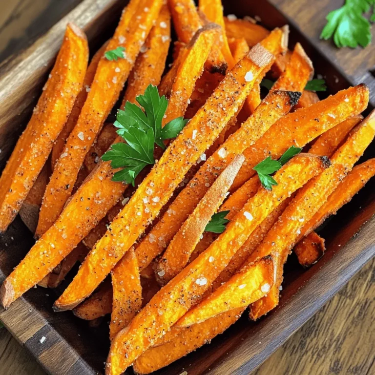- 2 large sweet potatoes, peeled and sliced into uniform fries - 2 tablespoons extra virgin olive oil - 1 teaspoon garlic powder - 1 teaspoon smoked paprika - 1/2 teaspoon chili powder (optional) - Sea salt and freshly ground black pepper, to taste - Fresh parsley, finely chopped (for garnishing) To make these tasty air fryer crispy sweet potato fries, you need fresh ingredients. Start with two large sweet potatoes. Peel them and slice them into uniform fries. Keeping the fries even helps them cook at the same rate. Next, gather your seasonings. You will need two tablespoons of extra virgin olive oil. This oil adds flavor and helps the fries crisp up nicely. Garlic powder and smoked paprika give your fries a warm, savory taste. If you want a little heat, add half a teaspoon of chili powder. Finally, don’t forget the salt and pepper. You can add these to taste. They enhance the flavors of your fries. After cooking, sprinkle some finely chopped fresh parsley on top. This adds a nice pop of color and freshness to your dish. Enjoy the process of preparing these simple yet delicious fries! Soaking your sweet potato fries is a great first step. Place the fries in a bowl of cold water for about 30 minutes. This soaking helps draw out excess starch. Removing starch is key for crispy fries. After soaking, drain the water and get ready for the next step. Next, you will need to dry the fries. Use a clean kitchen towel to pat them dry. This step is very important. Removing moisture stops the fries from getting soggy. Now, take a large mixing bowl. Add the dried fries, 2 tablespoons of olive oil, 1 teaspoon of garlic powder, 1 teaspoon of smoked paprika, and 1/2 teaspoon of chili powder if you want some heat. Don't forget to add a pinch of sea salt and black pepper. Toss everything well. You want each fry to get coated evenly. Preheat your air fryer to 380°F (190°C) for about 5 minutes. This helps the fries cook evenly and get crispy. After preheating, arrange the fries in a single layer in the basket. Avoid crowding the basket. This makes sure they cook properly. Air fry the fries for 15 to 20 minutes. At the halfway mark, give the basket a gentle shake. This helps them crisp up all around. Look for a nice golden brown color. If you want them even crispier, add 2 to 3 more minutes. When done, carefully take the fries out. Place them on a serving platter and sprinkle with fresh parsley for a pop of color. Enjoy your crispy sweet potato fries! Soaking the sweet potato fries in cold water is crucial. It pulls out extra starch. This step helps the fries get super crispy. After soaking for about 30 minutes, drain them. Then, dry them well with a towel. Moisture makes fries soggy, so this step is key. Avoid overcrowding your air fryer basket. If you add too many fries, they won’t cook evenly. A single layer allows hot air to flow around each fry. This ensures they cook through and get crispy on all sides. You can cook in batches if needed. To check if the fries are done, look for a golden brown color. They should feel firm and crisp. If you want them crispier, add 2-3 more minutes to the cooking time. Just keep an eye on them. {{image_4}} You can change up the flavor of your sweet potato fries easily. Try adding different spices. Here are some ideas: - Cinnamon: For a sweet twist, sprinkle some ground cinnamon on the fries. - Cajun Seasoning: This adds a nice kick. Use just a pinch if you want mild heat. - Italian Herbs: Mix in dried oregano or basil for a fresh taste. - Lemon Zest: A sprinkle of zest brightens the flavor and adds freshness. Experimenting with spices opens up a world of taste. You can make each batch unique! Dips make your sweet potato fries even better. Here are some tasty sauce options: - Ketchup: A classic that always works well. - Garlic Aioli: Creamy and rich, it pairs perfectly with sweet flavors. - Spicy Mayo: Mix mayonnaise with hot sauce for a zesty kick. - Honey Mustard: This sweet and tangy dip complements the fries nicely. Having different dips lets you enjoy fries in new ways. Try mixing and matching! If you don’t have an air fryer, you can still make sweet potato fries. Here are two great methods: - Oven-Baking: Preheat your oven to 425°F (220°C). Spread the fries on a baking sheet and bake for 25-30 minutes. Flip halfway for even cooking. - Pan-Frying: Heat oil in a large skillet over medium heat. Add the fries in batches. Fry until golden brown, about 3-4 minutes per side. Both methods yield crispy fries, though air frying is quicker. Enjoy your cooking adventure! To store leftover sweet potato fries, let them cool completely. Place them in an airtight container. They will stay fresh for about 3 days in the fridge. If you want to keep them crisp, avoid stacking them too high in the container. To reheat your fries and keep them crispy, use the air fryer. Preheat it to 375°F (190°C). Place the fries in a single layer and heat for about 5 minutes. This method helps restore their crunch. You can also use an oven, but the air fryer is best. You can freeze sweet potato fries before or after cooking. If freezing raw, soak, dry, and then freeze them on a baking sheet. Once frozen, store them in a freezer bag for up to 3 months. For cooked fries, let them cool first, then freeze in a single layer. Once frozen, move to a bag for easy access. To make your sweet potato fries crispy, follow these key steps: - Soak the sweet potato fries in cold water for 30 minutes. This removes extra starch. - After soaking, dry the fries well with a kitchen towel. Moisture can make them soggy. - Toss the dried fries in olive oil and spices to coat them evenly. This helps with crisping. - Preheat your air fryer to 380°F (190°C) for even cooking. - Cook the fries in a single layer without overcrowding. This allows hot air to circulate. - Shake the basket halfway through cooking for even browning. These techniques will give you crispy, golden fries every time! Yes, you can use frozen sweet potato fries. They are a great option when you're short on time. Just remember: - You do not need to soak or dry them. They are already prepared. - Increase the cooking time by a few minutes. Check for crispiness as you go. - Cook them in a single layer, just like fresh fries. Frozen fries can be just as tasty with the right cooking method! Sweet potato fries pair well with many delicious sauces. Here are some popular choices: - Ketchup: A classic choice that many love. - Aioli: Garlic aioli adds a rich flavor. - Honey mustard: Sweet and tangy, this dip is a hit. - Ranch dressing: Creamy ranch complements the fries nicely. - Spicy mayo: For a kick, mix mayonnaise with sriracha. Try these dips for a tasty treat with your fries! This article explained how to make tasty air fryer sweet potato fries. You learned about the key ingredients, steps to prepare, and tips for perfecting the fries. Remember to soak and dry the sweet potatoes, and don’t overcrowd the air fryer. You can also switch up the flavors and enjoy different dips. With these tips, you’ll make crispy fries every time. Sweet potato fries are not only delicious but also a healthier choice. Enjoy making them and have fun experimenting with flavors!