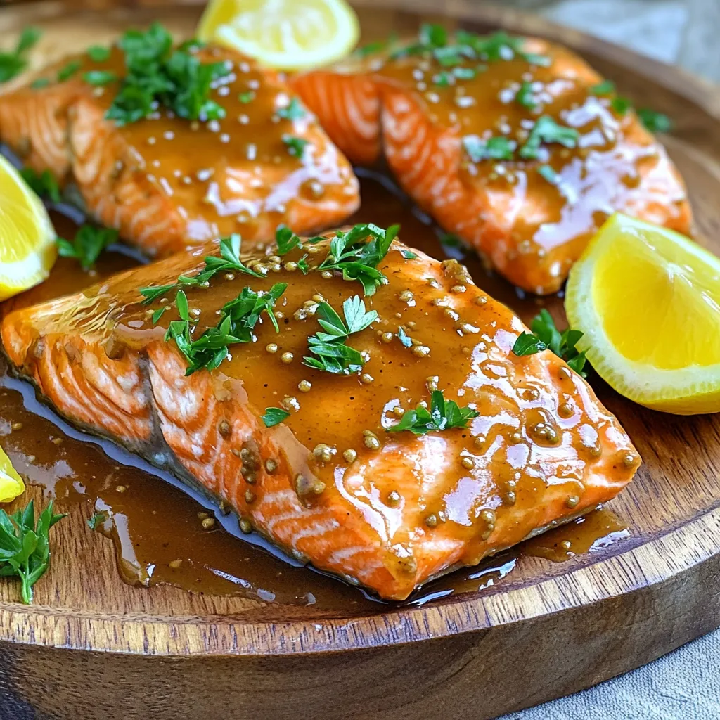 To make this tasty dish, you need: - 4 salmon fillets (about 6 oz each) - 3 tablespoons pure honey - 2 tablespoons whole grain mustard - 1 tablespoon Dijon mustard - 2 tablespoons extra virgin olive oil - 2 cloves garlic, finely minced - Salt and freshly cracked black pepper to taste These ingredients give the salmon a sweet and tangy flavor. The honey adds sweetness, while the mustards bring in a nice kick. Olive oil helps everything stick and adds richness. Garlic gives it depth and a savory note. You can add a few extra touches to make your dish shine: - Fresh parsley, finely chopped (for garnish) - Lemon wedges (for serving alongside) Garnishing with parsley adds color and freshness. Lemon wedges offer a bright flavor that balances the sweetness of the glaze. You can serve the salmon with sides like steamed veggies or rice for a complete meal. This dish is not only delicious but also healthy. Salmon is rich in omega-3 fatty acids. These fats are good for your heart and brain. Plus, honey provides natural sweetness without too much sugar. Each serving has protein, healthy fats, and vitamins. Enjoy this dish knowing you are eating well! First, turn on your oven. Set it to 400°F (200°C). This heat will help cook the salmon just right. To make cleaning easy, line a baking sheet with parchment paper. This paper keeps the fish from sticking and helps it cook evenly. Now, let’s make the glaze. Grab a small mixing bowl. In it, combine 3 tablespoons of honey, 2 tablespoons of whole grain mustard, and 1 tablespoon of Dijon mustard. Add 2 tablespoons of olive oil and 2 cloves of minced garlic to the bowl. Don’t forget to sprinkle in some salt and pepper! Whisk it all together until the mixture is smooth and shiny. Next, place your 4 salmon fillets on the baking sheet, skin side down. This helps keep the fish moist. Now, take that tasty honey mustard glaze and drizzle it over each fillet. Use a brush or the back of a spoon to spread it evenly. Be generous—every bite counts! Slide the baking sheet into the oven. Bake for 12 to 15 minutes. You want the fish to be fully cooked. It should flake easily when you press it with a fork. Look for a caramelized glaze on top. That means it’s perfectly done. When the salmon is ready, take it out of the oven. Let it rest for a few minutes. This helps the juices stay inside the fish. For a pretty plate, sprinkle fresh, chopped parsley on top. Serve with lemon wedges on the side. The lemon adds a nice zing that pairs well with the sweet glaze. Enjoy your beautiful dish! To cook salmon evenly, start with fillets of similar size. This helps them cook at the same rate. Place the salmon skin side down on the baking sheet. This allows the skin to crisp up while the fish stays moist. Bake it at 400°F for 12-15 minutes. Always check if it flakes easily with a fork. If it does, it’s done. Let it rest for a few minutes before serving. This step makes it juicier and more flavorful. Use a baking sheet lined with parchment paper. This makes cleanup simple and helps the glaze stick. A whisk is great for mixing the glaze. You can also use a brush to spread the glaze over the salmon. A fork is handy for checking if the fish flakes. For serving, a stylish platter adds a nice touch. You can also use lemon wedges for a fresh look and taste. You can tweak the glaze to fit your taste. If you like it sweeter, add more honey. For a tangy kick, increase the mustard. Experiment with different mustard types. Spicy mustard adds a nice bite, while honey mustard gives a sweet twist. Taste the glaze before using it. Adjust it until it’s just right for you. This way, you create a dish that you truly enjoy! {{image_4}} You can switch up the glaze to add new flavors. Try adding soy sauce for a savory twist. You can also use maple syrup instead of honey for a different sweetness. For a spicy kick, add a pinch of cayenne pepper or some sriracha. If you love herbs, mix in fresh dill or thyme for added depth. These changes make the dish unique and exciting! You can cook your honey mustard glazed salmon in different ways. Grilling gives it a smoky flavor and a nice char. Preheat your grill to medium heat. Place the salmon skin-side down on the grill. Cook for about 6-8 minutes per side until it flakes easily. Baking is simple and keeps it moist. In the oven, bake at 400°F for 12-15 minutes. Both methods work well, so choose what you prefer. Pair your honey mustard glazed salmon with tasty sides. Roasted vegetables like asparagus or broccoli complement the salmon nicely. A light salad with mixed greens and a lemon vinaigrette also works well. For something hearty, serve it with fluffy rice or creamy mashed potatoes. Don’t forget to add lemon wedges for a fresh touch! These sides enhance the meal and make it more colorful. To keep leftover salmon fresh, place it in an airtight container. Make sure to cover it tightly. You can store it in the fridge for up to three days. If you want to save it longer, freezing is a good option. When you reheat salmon, do it gently. Preheat your oven to 300°F (150°C). Place the salmon on a baking sheet and cover it with foil. This helps keep it moist. Heat for about 10-15 minutes. Check to see if it’s warm throughout. You can also use a microwave, but do it in short bursts to avoid drying it out. If you have extra salmon, you can freeze it. First, let it cool completely. Then, wrap it tightly in plastic wrap. Place it in a freezer bag and remove as much air as possible. This keeps the salmon from getting freezer burn. You can freeze it for up to three months. When you’re ready to eat it, thaw it overnight in the fridge before reheating. Bake salmon at 400°F for 12 to 15 minutes. This time ensures the salmon cooks well. When the salmon flakes easily with a fork, it is done. The glaze will caramelize, adding flavor. Yes, you can use other fish types. Try trout or tilapia for a tasty change. Both fish absorb flavors well and pair nicely with the glaze. Just adjust the cooking time based on the thickness of the fish. Pair salmon with fresh green vegetables like asparagus or broccoli. Rice or quinoa also complements the dish well. For a lighter option, serve it with a crisp salad. Lemon wedges add a nice touch of zest. Check if the salmon flakes easily with a fork. The inside should look opaque and no longer shiny. If it’s still translucent, give it a few more minutes. A meat thermometer can help; it should read 145°F for safe eating. This guide shared how to make delicious honey mustard glazed salmon. We covered ingredients, step-by-step baking, and tips for perfect results. You learned about variations and how to store leftovers. Exploring this dish gives you tasty options. Enjoy your cooking and feel proud of your meal!
