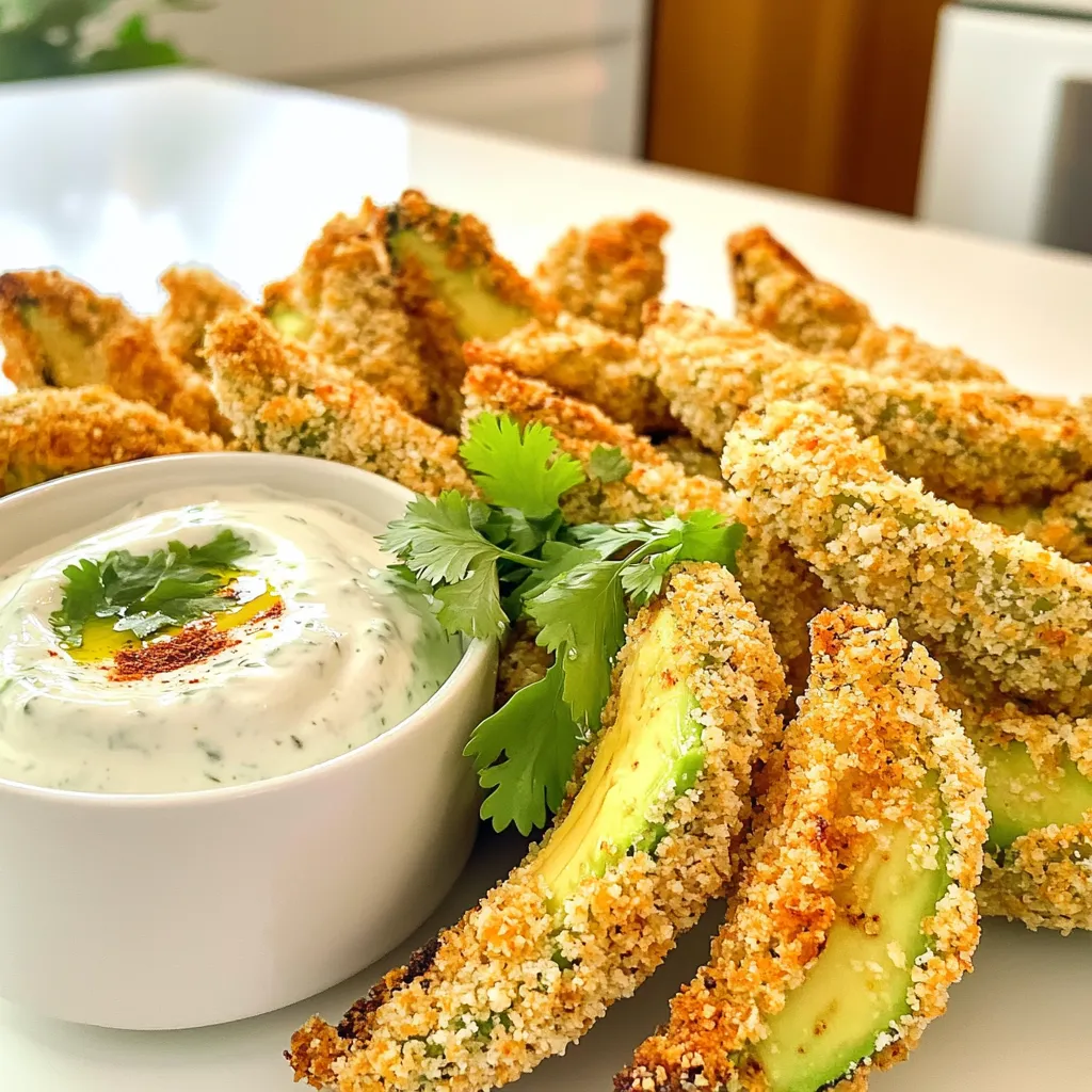 - 2 ripe avocados, sliced into wedges - 1 cup panko breadcrumbs - 1/2 cup all-purpose flour - 2 large eggs, beaten - 1 teaspoon garlic powder - 1 teaspoon smoked paprika - 1/2 teaspoon cayenne pepper (optional) - Salt and pepper, to taste - Cooking spray - 1/2 cup Greek yogurt - 1 tablespoon chipotle in adobo sauce, minced - 1 tablespoon lime juice - Pinch of salt, to taste Making air fryer avocado fries is simple and fun. You start with ripe avocados. They should be firm but give slightly when you press them. This means they are ready to eat. Next, you need to prepare the coating. I use panko breadcrumbs for a nice crunch. The breadcrumbs work best when mixed with spices like garlic powder, smoked paprika, and cayenne. The cayenne adds a kick, but you can skip it if you want less heat. For the dip, Greek yogurt gives a creamy base. I mix it with chipotle and lime juice. This dip is zesty and perfect with the fries. Adjust the chipotle to make it spicier or milder based on your taste. Gather all these ingredients, and you're ready to create a tasty snack. - Preheat the air fryer to 375°F (190°C). This step is key for crispy fries. - Set up the breading station. Use three shallow bowls. - In the first bowl, mix flour with salt, pepper, garlic powder, and smoked paprika. - Coat the avocado wedges with flour. Make sure each piece is covered well. - Dip the floured wedges into the beaten eggs. Let the extra egg drip off. - Finally, roll the wedges in panko breadcrumbs. Press gently to make them stick. - Arrange the coated avocado fries in the air fryer basket. Don’t overcrowd them. - Lightly spray the fries with cooking spray. This helps them become crispy. - Cook for 10-12 minutes. Flip them halfway through for even cooking. - Mix Greek yogurt, minced chipotle, lime juice, and a pinch of salt in a bowl. - Taste the dip and adjust the spice level. Add more chipotle for extra heat. To make your avocado fries nice and crispy, use panko breadcrumbs. They give a great crunch. Before air frying, lightly spray the fries with cooking oil. This step boosts crispiness and helps the breadcrumbs stick. Choose ripe avocados for the best fries. They should yield a bit when you press them. Avoid avocados that feel too soft or have brown spots. These signs mean they may not taste good. You can make the fries even tastier by adding spices to the breadcrumb mix. Try garlic powder, smoked paprika, or even some Italian herbs. For the chipotle dip, change the amount of chipotle depending on how spicy you like it. Adjusting spice levels helps fit your taste perfectly. {{image_4}} For those who need a gluten-free choice, you can easily adapt this recipe. Just swap the all-purpose flour for gluten-free flour. This keeps the texture right without any gluten. You should also use gluten-free breadcrumbs instead of panko. This way, you can still enjoy crispy avocado fries without worry. If you want a vegan version, that’s simple too. Instead of using beaten eggs, use flax eggs. To make a flax egg, mix 1 tablespoon of ground flaxseed with 2.5 tablespoons of water. Let it sit for a few minutes to thicken. You can also replace Greek yogurt in the dip with vegan yogurt. This keeps the dip creamy while making it plant-based. Want to kick up the flavor? Try adding lime zest to your chipotle dip. This adds a fresh, zesty twist that pairs well with the creamy base. You can also serve the fries with salsa or guacamole. These extras will bring new tastes and make your plate even more exciting. To keep your cooked avocado fries fresh, store them in an airtight container. This helps them stay crispy. You can keep them in the refrigerator for up to 2 days. Remember, they taste best when eaten fresh, but they still hold some flavor after a day or two. For the best results, reheat the avocado fries in the air fryer. Set it to 375°F (190°C) and cook for about 5 minutes. This method keeps them crispy. Avoid using the microwave, as it can make them soggy and soft. If you want to make these fries later, freeze the uncooked, breaded avocado wedges. Lay them in a single layer on a baking sheet. Once frozen, transfer them to a freezer bag. They are easy to cook straight from the freezer whenever you crave a snack! Yes, you can prepare them and refrigerate before cooking. Slice the avocados and coat them. Place them in the fridge for up to an hour. When you are ready, just pop them in the air fryer. This makes meal prep easy and quick. Regular breadcrumbs can be used, but the texture may vary. Panko gives a light and crispy bite. If you use regular breadcrumbs, the fries might not be as crunchy. You may also try crushed cornflakes for a fun twist. It should yield gently to pressure when squeezed. A ripe avocado feels soft, but not mushy. If it feels hard, it is not ready. If it feels very soft, it may be overripe. Choose firm avocados for the best results. The heat level can be adjusted by varying the amount of chipotle used. Start with a small amount and taste it. You can always add more if you like. If you prefer a milder dip, use less chipotle and add more yogurt. You have learned how to make crunchy avocado fries with a tasty chipotle dip. Remember to pick ripe avocados for the best flavor. Use panko breadcrumbs for extra crunch and try new spices for fun. You can also switch ingredients to make it vegan or gluten-free. Store any leftovers in the fridge or freeze them for later. These tasty treats are perfect for sharing or enjoying solo. Give them a try and enjoy a delicious snack that is both easy and healthy!