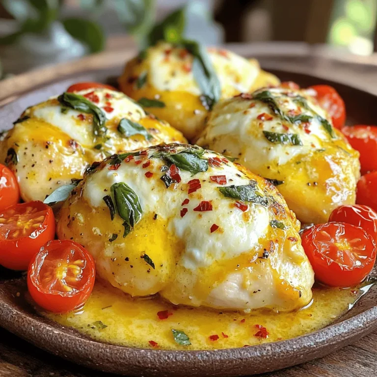 - 4 boneless, skinless chicken breasts - 1 cup cherry tomatoes, halved - 1 cup fresh mozzarella balls, halved - 1/2 cup fresh basil leaves, roughly chopped - 4 cloves garlic, finely minced - 1/2 cup unsalted butter (1 stick) - 2 tablespoons olive oil - 1 teaspoon balsamic vinegar - Salt and pepper to taste - Optional: Red pepper flakes for a spicy touch To make Caprese Garlic Butter Chicken, gather these key ingredients. Start with fresh chicken breasts. They form the main part of this dish. Next, grab some cherry tomatoes, basil, and mozzarella. These give it a fresh and vibrant feel. You need garlic for that rich flavor. Butter is important too. It creates a savory sauce that coats the chicken. Olive oil helps with cooking the chicken perfectly. Balsamic vinegar adds a slight tang. Finally, salt and pepper bring out all the flavors. Optional red pepper flakes give a spicy kick. Using fresh ingredients makes a big difference. They add color and taste to your dish. When you prepare this meal, you will enjoy each bite. 1. Start by seasoning both sides of each chicken breast. Use a good pinch of salt and some cracked pepper. This step adds flavor and makes the dish tasty. 2. Heat a large skillet over medium-high heat and add olive oil. When the oil shimmers, add the chicken breasts. Sear them for about 5-7 minutes on each side. Look for a nice golden-brown color. Check that the chicken reaches an internal temperature of 165°F (74°C). Once done, place the chicken on a plate and set it aside. 1. In the same skillet, lower the heat to medium. Add the unsalted butter and let it melt. Once melted, add the finely minced garlic. Cook it for 1-2 minutes until it smells great and turns golden. 2. Next, toss in the halved cherry tomatoes. Cook them for about 3-4 minutes, stirring often. This helps them soften and release their juices, creating a nice sauce. 1. Now, return the cooked chicken to the skillet. Place it among the tomatoes and spoon the garlic butter over the chicken. This lets the chicken soak up all the wonderful flavors. 2. Scatter the halved mozzarella balls over the chicken. Drizzle balsamic vinegar around the chicken as well. Cover the skillet with a lid and cook for another 2-3 minutes. This helps the mozzarella melt perfectly over the chicken. 1. Once everything looks great, take the skillet off the heat. Sprinkle the freshly chopped basil over the chicken and melted cheese. This adds a fresh touch. 2. If you like a bit of spice, add a pinch of red pepper flakes on top. Enjoy every delicious bite! - Use a meat thermometer to check the chicken’s doneness. Aim for 165°F (74°C) inside. This ensures the chicken stays juicy and safe to eat. - For a golden-brown sear, heat your skillet well before adding the chicken. This helps create a nice crust. Don’t overcrowd the pan. Cook in batches if needed to get that perfect sear. - To boost flavor, try marinating the chicken in olive oil, garlic, and herbs for a few hours before cooking. This adds depth to your dish. - You can swap mozzarella for burrata for a creamier texture. You could also add Parmesan or feta for a different twist. Don’t hesitate to toss in some olives or sun-dried tomatoes for extra zing! {{image_4}} You can switch up the protein in this dish. If you want to use turkey, it works great. Just make sure to adjust the cooking time, as turkey may take a bit longer than chicken. For pork, choose tender cuts like chops or tenderloin. Cook them the same way. If you want a vegetarian dish, try using tofu. Firm tofu holds up well. Cut it into thick slices and follow the same steps. Sear the tofu until golden, then add the garlic butter sauce. It will soak up all those tasty flavors. You can change the taste by adding different herbs. Oregano and thyme are excellent choices. They give a nice earthy flavor that mixes well with garlic and butter. You can add these herbs while you cook the garlic. Incorporating seasonal vegetables is another fun way to mix things up. Try adding zucchini or bell peppers. Just slice them and toss them in with the tomatoes. They will add color and nutrients, making the dish even better. To keep your Caprese Garlic Butter Chicken fresh, follow these steps: - Refrigeration: Place leftovers in an airtight container. They can last for about 3-4 days in the fridge. Always cool the chicken to room temperature before storing. - Freezing: If you want to freeze it, use a freezer-safe container. Wrap the chicken tightly in plastic wrap, then place it in a container. It can last up to 3 months in the freezer. For best results, freeze it without the tomatoes and cheese to keep the texture. When you are ready to enjoy your leftovers, reheating properly is key to keeping your chicken moist. - Best methods: Use the stovetop for the best results. Heat a skillet over medium-low heat. Add a little olive oil or butter. Place the chicken in the skillet and cover it with a lid. It should reheat in about 5-7 minutes. This keeps the chicken juicy and warm. - Using microwave vs. stovetop: If you use the microwave, place the chicken on a microwave-safe plate. Add a splash of chicken broth or water to keep it moist. Cover it with a damp paper towel. Heat it in short bursts, checking every minute until hot. This method may dry out the chicken, so use it as a last resort. To spice up your dish, consider adding red pepper flakes. A pinch goes a long way! You can also try cayenne pepper for more heat. If you love bold flavors, mix in some hot sauce or a dash of chili powder. Adjust the spice level to match your taste. You can always add more, but it’s hard to take it out. Yes, you can use dried herbs. However, fresh herbs bring brighter flavors. If you use dried, cut the amount by one-third. Dried herbs are stronger than fresh. For this recipe, dried basil works well but may not have the same freshness. If you can, go for fresh! Definitely! This dish is great for meal prep. You can cook the chicken ahead and store it in the fridge. Let it cool first, then place it in an airtight container. It stays good for about 3-4 days. To reheat, warm it gently in a skillet. This keeps the chicken juicy and tasty. This recipe for Caprese Garlic Butter Chicken combines fresh ingredients and simple steps. You learned about how to prepare juicy chicken with garlic butter sauce and melt cheese on top. I also shared tips for variations and storage. You now have the tools to make this dish your own. Experiment with flavors and ingredients. Enjoy every bite of this easy and tasty meal!