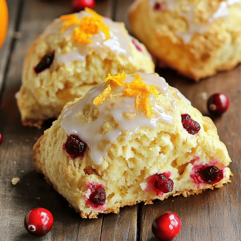 - 2 cups all-purpose flour - 1/2 cup granulated sugar - 1 tablespoon baking powder - 1/2 teaspoon salt - 1/4 cup cold unsalted butter, cubed - 1/2 cup dried cranberries - Zest of 1 large orange - 1/2 cup heavy cream - 1 large egg - 1 teaspoon pure vanilla extract - 1/4 cup fresh orange juice Flour is the base of our scones. It provides structure and texture. The sugar adds sweetness and helps with browning. Baking powder gives the scones their rise, making them light and airy. Salt enhances flavors and balances sweetness. Butter is key for flakiness. Cold butter creates small pockets that make our scones tender. Dried cranberries add a chewy texture and a sweet-tart flavor. Orange zest brightens every bite with fresh citrus notes. Heavy cream adds richness and moisture to the dough. The egg helps bind everything together. Vanilla extract adds a warm flavor, while fresh orange juice boosts the orange taste. If you don’t have all-purpose flour, you can use whole wheat flour. This gives a nuttier taste. For sugar, brown sugar works well for a deeper flavor. If you need a dairy-free option, you can use coconut oil instead of butter. Substitute heavy cream with almond milk or coconut milk for a lighter option. For a fruity twist, swap cranberries for blueberries or raisins. First, I preheat the oven to 400°F (200°C). This temperature helps the scones rise and brown nicely. I line a baking sheet with parchment paper. This step keeps the scones from sticking, making cleanup easier. In a large bowl, I whisk together the dry ingredients. I add 2 cups of all-purpose flour, 1/2 cup of granulated sugar, 1 tablespoon of baking powder, and 1/2 teaspoon of salt. I mix these well until they look airy and light. This ensures the scones will have a good texture. In another bowl, I whisk together the wet ingredients. I use 1/2 cup of heavy cream, 1 large egg, 1 teaspoon of pure vanilla extract, and 1/4 cup of fresh orange juice. I make sure this mixture is smooth. Then, I pour it into the dry mix. I stir gently with a fork, just enough to combine everything. It’s okay if there are a few dry spots. Next, I turn the dough onto a floured surface. I pat the dough into a rectangle, about 1-inch thick. To cut the scones, I slice the dough into 8 triangles. You can also use a round cutter if you prefer. I place the cut scones on the baking sheet, leaving space between each piece. I bake the scones for 15-20 minutes. I watch for them to turn golden brown at the edges. The smell of orange and cranberry fills the kitchen. Once they are done, I let them cool slightly on a wire rack. This step helps them firm up without getting soggy. Enjoy these warm, tasty scones! To make flaky scones, keep the butter cold. Use cubed butter straight from the fridge. When mixing, work quickly to avoid warming the butter. You want it to stay in small chunks. This helps create layers in the scone. Make sure to handle the dough gently. Overmixing can lead to tough scones. Stop mixing when you see some dry flour. It’s okay to have a few dry spots. One common mistake is using warm butter. Warm butter melts too much and makes scones dense. Another mistake is overmixing the dough. This can lead to hard scones, and nobody wants that! Also, don’t skip the zest. Orange zest adds bright flavor. If you skip it, your scones may taste flat. Serve your scones warm for the best taste. A simple glaze can elevate them. Just mix powdered sugar with fresh orange juice. Drizzle it on top for sweetness. For a pop of color, garnish with extra orange zest and whole cranberries. This makes the scones look as good as they taste. Enjoy them with tea or coffee for a perfect treat! {{image_4}} You can easily change the fruit in your scones. Try blueberries, raspberries, or even apples. Each fruit adds its own flavor. Dried fruits, like cherries or apricots, work well too. For nuts, consider walnuts or pecans. They add a nice crunch and depth to the scones. Just remember to keep the total amount similar to the cranberries so your scones stay moist and delicious. To make gluten-free scones, swap all-purpose flour for a gluten-free blend. Look for blends that contain xanthan gum. This helps the scones hold together. You can also use almond or coconut flour, but adjust the liquid. You might need less cream or juice. Check the dough’s texture; it should be soft but not too sticky. Bake as usual, and enjoy your gluten-free treat! You can turn your scones into sweet or savory treats. For sweet scones, add chocolate chips or cinnamon. A touch of honey or maple syrup can also sweeten the mix. For savory options, try adding cheese and herbs. Chives or rosemary can enhance the flavor. You can also use bacon bits for a rich twist. These variations let you explore new tastes and pair perfectly with different spreads. To keep your orange cranberry scones fresh, store them in an airtight container. Place parchment paper between layers to avoid sticking. This helps them stay soft and tasty. Keep them at room temperature for up to two days. If you want to keep them longer, the fridge is an option. Just know they may get a bit dry. When it's time to enjoy your scones again, reheating is easy. Preheat your oven to 350°F (175°C). Place the scones on a baking sheet. Heat them for about 5 to 10 minutes. This warms them up and revives their flaky texture. You can also microwave them for 15 to 20 seconds if you're in a hurry. Just remember to cover them with a damp paper towel to keep them moist. Freezing scones is a great way to save some for later. First, let them cool completely. Wrap each scone tightly in plastic wrap, then place them in a freezer bag. They can last up to three months in the freezer. When you're ready to eat them, thaw them overnight in the fridge. Reheat as mentioned before, and you’ll have fresh-tasting scones anytime! Yes, you can make these scones in advance. Prepare the dough and shape the scones. Then, place them on a baking sheet. Cover the sheet with plastic wrap and store it in the fridge for up to 24 hours. When you are ready to bake them, just preheat the oven and bake as directed. This way, you get fresh scones with little effort. If you need a substitute for heavy cream, try using milk and butter. Mix 1/4 cup of melted butter with 1/4 cup of milk. This blend mimics the fat content of heavy cream. You can also use half-and-half or coconut cream for a dairy-free option. Both will give your scones a nice texture. You will know the scones are done when they turn a golden brown color on the edges. The tops should feel firm to the touch. You can also check by inserting a toothpick into the center of a scone. If it comes out clean, your scones are ready. The delightful smell should fill your kitchen as they bake. You’ve learned about the key ingredients and steps for perfect scones. We explored tips for flaky texture and common mistakes to avoid. You can personalize your scones with different flavors and store them for later. Remember, practice makes perfect; don’t be afraid to try new things. Baking is a fun journey, and now you have the tools to create something delicious. Enjoy your scone-making adventure!