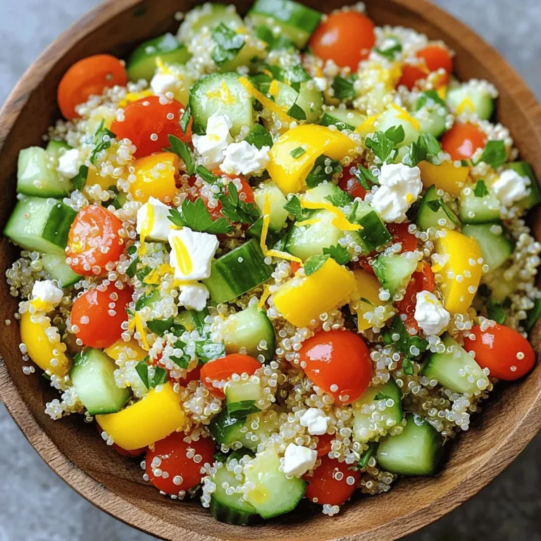- 1 cup quinoa - 2 cups vegetable broth (or water) - 1 cucumber, diced into bite-sized pieces - 1 bell pepper of your choice, diced - 1 cup cherry tomatoes, halved - 1/2 red onion, finely chopped - 1/4 cup fresh parsley, chopped - 1/4 cup fresh mint, finely chopped - 1/4 cup extra virgin olive oil - Juice of 2 fresh lemons - Zest of 1 lemon - Salt and freshly cracked pepper, to taste These ingredients make the base of the salad fresh and bright. Quinoa is a great source of protein. It cooks perfectly in vegetable broth, adding flavor. The veggies bring crunch and color. Cucumber is refreshing, while bell pepper adds sweetness. Cherry tomatoes provide juicy bursts with every bite. The herbs, parsley and mint, add a lovely aroma. Lemon juice and zest give the salad a zing, making it lively. - 1/2 cup feta cheese, crumbled - Avocado, diced - 1/2 cup chickpeas, drained and rinsed - Nuts or seeds for crunch You can customize this salad with add-ins. Feta cheese gives it creaminess and saltiness. Avocado adds richness and healthy fat. Chickpeas boost protein and fiber. Nuts or seeds offer a nice crunch. Feel free to mix and match based on your taste. - Quinoa: Packed with protein, fiber, and essential amino acids. - Cucumber: Low in calories and hydrating. - Bell Pepper: High in Vitamin C and antioxidants. - Tomatoes: Great source of vitamins A and C. - Parsley and Mint: Rich in vitamins and minerals, adding health benefits. - Lemon: Supports digestion and boosts immunity. This salad is not just tasty but also healthy. Each ingredient plays a role in providing nutrients. Quinoa stands out for its protein content. Fresh veggies provide vitamins and minerals. The herbs and lemon add flavor and health benefits. Eating this salad gives you energy and nourishment. Start by rinsing 1 cup of quinoa under cold water. This step removes any bitterness. It also helps the quinoa taste better. After rinsing, add the quinoa to a medium pot. Pour in 2 cups of vegetable broth or water. Place the pot on medium heat and bring it to a boil. Once boiling, reduce the heat to low. Cover the pot and let it simmer for about 15 minutes. After the liquid absorbs, remove the pot from heat. Let it sit for 5 minutes with the lid on. Finally, fluff the quinoa with a fork and let it cool to room temperature. While the quinoa cools, prepare your vegetables. Dice 1 cucumber and 1 bell pepper into small pieces. Halve 1 cup of cherry tomatoes. Chop 1/2 of a red onion finely. For herbs, chop 1/4 cup of fresh parsley and 1/4 cup of fresh mint. These herbs add bright flavors. Gather all your chopped vegetables in a bowl. This makes mixing easier later. In a small bowl, whisk together 1/4 cup of extra virgin olive oil, the juice of 2 fresh lemons, and the zest of 1 lemon. Add salt and freshly cracked pepper to taste. This dressing brings everything together. Drizzle it over the quinoa and vegetable mix. Toss gently to coat all ingredients well. If you want, sprinkle 1/2 cup of crumbled feta cheese on top. Give it one last gentle toss. Let the salad sit for about 15 minutes. This resting time helps the flavors blend perfectly. To fluff quinoa, use a fork. After cooking, let it rest for five minutes. This step helps the grains firm up. Then, gently lift the quinoa from the pot. This breaks up any clumps. It creates a light, airy texture. Fluffing makes your salad feel fresh. When meal prepping, make sure to store quinoa well. Keep it in an airtight container. This keeps it fresh longer. Chop veggies ahead of time, too. Store them in separate containers. Mix everything just before serving for the best taste. The salad tastes great after marinating, but fresh veggies add crunch. To boost flavor, add a drizzle of balsamic glaze. This adds sweetness that works well with lemon. You can also toss in nuts for crunch. Almonds or walnuts bring a nice texture. For a spicy kick, add sliced jalapeños. They’ll give your salad a fun twist. Finally, serve the salad chilled for a refreshing bite. {{image_4}} You can easily adapt this salad for different diets. To make it vegan, simply leave out the feta cheese. The salad still tastes great without it. Quinoa is naturally gluten-free, so this dish works for those who avoid gluten. Always check labels when using broth or packaged ingredients to ensure they are gluten-free. Seasonal ingredients can add a fresh twist to your salad. In spring, try adding peas or asparagus for a pop of color. During summer, add diced avocado for creaminess. In fall, roasted butternut squash can bring warmth and depth. In winter, use hearty kale or spinach to boost nutrition and flavor. You can personalize the salad with unique ingredients. Here are some ideas: - Nuts and Seeds: Add chopped almonds or sunflower seeds for crunch. - Fruit: Toss in some diced apples or cranberries for a sweet touch. - Herbs: Experiment with basil or cilantro for different flavors. - Proteins: Chickpeas or grilled chicken make a filling addition. These creative additions can transform your Lemon Herb Quinoa Salad into your favorite dish. Enjoy experimenting! To keep your Lemon Herb Quinoa Salad fresh, store it in an airtight container. Make sure to let the salad cool down to room temperature before sealing it. This step prevents condensation that can make the salad soggy. If you want to keep the feta cheese separate, store it in a small container. This keeps the salad fresh and crisp. Use glass or plastic containers with tight-fitting lids. These containers help keep air out and moisture in. They also make it easy to see what's inside. If you plan to eat the salad over several days, use smaller containers for single servings. This makes it easy to grab a quick meal. The salad stays fresh in the fridge for about 3 to 5 days. For the best taste, eat it within 3 days. If you notice any changes in color or smell, it’s time to toss it. Always check the salad before eating. Enjoy your meal safely by storing it right! Yes, you can make this salad ahead of time. It stays fresh for about 3 days in the fridge. Just keep the dressing separate until you are ready to serve. This way, the salad stays crisp and bright. Combine everything just before serving for the best taste. If you want a feta substitute, try goat cheese or vegan cheese. Both options add a creamy texture. You can also omit cheese for a lighter salad. Adding roasted chickpeas can bring extra protein without cheese. To avoid bitter quinoa, rinse it well before cooking. Use cold water to wash away any saponins on the outer layer. These can make quinoa taste soapy. After rinsing, cook it in vegetable broth for added flavor. Cooking it properly will give you fluffy, tasty quinoa. This article covered how to make a tasty lemon herb quinoa salad. We talked about key ingredients and optional add-ins to boost flavor. I shared step-by-step tips for cooking quinoa and mixing the salad. You can try different variations for various diets. Storing leftovers properly ensures freshness for later meals. Remember, this salad is quick, healthy, and fun to customize. With these tips, you can make a delicious dish for any occasion. Enjoy every bite!