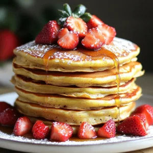 - 1 cup whole wheat flour - 1 scoop vanilla protein powder - 1 tablespoon baking powder - 1/2 teaspoon ground cinnamon - 1 ripe banana, thoroughly mashed - 1 cup milk (choose dairy or plant-based) - 1 large egg - 1 teaspoon pure vanilla extract - 1 cup fresh strawberries, diced (plus a few extra for garnish) - Optional: maple syrup or honey for drizzling These pancakes are not just tasty; they are good for you too! Whole wheat flour adds fiber, which helps digestion. The banana gives you natural sweetness and potassium for energy. Protein powder boosts muscle health, making these pancakes a smart choice for breakfast or a snack. Strawberries are packed with vitamins and antioxidants. They add flavor and help keep your heart healthy. This meal is balanced and will keep you feeling full. You can easily swap ingredients to fit your needs. If you want a gluten-free option, use almond or oat flour instead of whole wheat flour. For a dairy-free version, choose almond milk or coconut milk. You can use flax eggs instead of a real egg for a vegan option. If you don’t have vanilla protein powder, try a plant-based powder or simply omit it. This recipe is flexible and can fit many diets. Start with a large mixing bowl. Add 1 cup of whole wheat flour. Next, add 1 scoop of vanilla protein powder. Then, include 1 tablespoon of baking powder. Finally, sprinkle in 1/2 teaspoon of ground cinnamon. Use a whisk to blend these ingredients well. Make sure there are no lumps. This mix gives your pancakes a great base. In a different bowl, mash 1 ripe banana thoroughly. Then, add 1 cup of milk. You can choose dairy or plant-based milk. Next, crack in 1 large egg. Pour in 1 teaspoon of pure vanilla extract. Mix these wet ingredients together until smooth. This step adds flavor and moisture to your pancakes. Now, combine the wet ingredients with the dry mix. Pour the wet mix into the dry bowl. Use a spatula to fold them together gently. Be careful not to overmix; this keeps the pancakes fluffy. Next, add 1 cup of diced strawberries into the batter. Reserve some for later to use as a garnish. Preheat your non-stick skillet or griddle over medium heat. Lightly grease the surface with oil or cooking spray. Pour about 1/4 cup of pancake batter onto the skillet for each pancake. Cook for 2-3 minutes until bubbles form on the surface. Flip the pancakes and cook for another 2 minutes until golden brown. Once cooked, take the pancakes off the skillet. Place them in a warm oven to keep heated. Repeat this process until all batter is cooked. Serve the pancakes warm, stacking them on a plate. Top with extra strawberries and a drizzle of maple syrup or honey. Enjoy your tasty creation! To get fluffy pancakes, avoid overmixing the batter. When you mix dry and wet ingredients, stir gently. You want a few lumps to stay. Also, let the batter rest for a few minutes. This helps the baking powder work better. These pancakes taste great with fresh strawberries on top. Drizzle maple syrup or honey for extra sweetness. You can also add a dollop of yogurt or whipped cream. For a fun twist, serve with nuts or chocolate chips. One common mistake is not greasing the skillet enough. Use a light touch of oil to stop sticking. Another mistake is flipping too soon. Wait for bubbles to form on the surface. This shows they are ready to flip. {{image_4}} You can easily change up the flavor of your pancakes. Try adding nuts like walnuts or pecans. They add a nice crunch. You could also stir in chocolate chips for a sweet treat. This makes the pancakes extra fun and tasty. If you need a gluten-free option, swap the whole wheat flour for a gluten-free flour blend. This keeps the recipe light and fluffy. For a vegan version, use a plant-based egg substitute and a dairy-free milk. Your pancakes will still taste great! Seasonal fruits can add new flavors to your pancakes. In summer, try blueberries or peaches. In fall, add apples or pumpkin puree. Each season brings its own unique twist, making your pancakes exciting all year round! To store leftover pancakes, let them cool to room temperature. Place them in an airtight container. You can keep them in the fridge for up to three days. If you want to keep them longer, freezing is your best bet. To reheat pancakes, you have a few options. The microwave is quick. Just heat a pancake for about 30 seconds. For a crispier texture, use a skillet. Heat on low for a minute on each side. This way, they stay fluffy and warm. Freezing pancakes is easy. First, cool them fully. Then, stack them with parchment paper in between. Place the stack in a freezer bag. Squeeze out the air and seal it tight. You can freeze them for up to two months. When ready to eat, just reheat as mentioned before. If you want to skip protein powder, use Greek yogurt or cottage cheese. Both add protein and creaminess. You can also use extra mashed banana. This adds flavor but does not boost protein. If you prefer a plant-based option, try oat flour or almond flour. Remember, these swaps may change texture and flavor. Yes, you can make these pancakes ahead of time. Cook them as normal, then cool on a wire rack. Once cooled, stack them with parchment paper between each pancake. Store in an airtight container in the fridge for up to three days. For longer storage, freeze them. Just make sure to wrap them well. Pancakes are done when they are golden brown on both sides. Look for bubbles on the surface before flipping. This shows they are ready to turn. After flipping, cook for another 2 minutes. If they spring back when touched, they are done. If unsure, cut one open; it should be fluffy and cooked through. This blog post shared key steps to make delicious and fluffy pancakes. We covered the ingredients, their nutrition, and even substitutes. You learned how to mix, cook, and serve pancakes with tasty variations. Tips helped avoid common mistakes, and storage info kept leftovers fresh. Pancakes are fun and easy. You can play with flavors to make them just right for you. Enjoy your cooking and share your pancakes with friends!