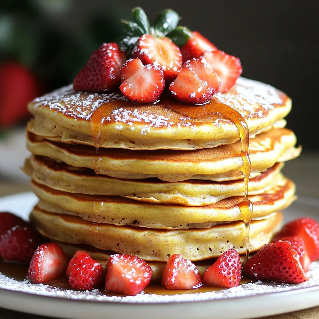 - 1 cup whole wheat flour - 1 scoop vanilla protein powder - 1 tablespoon baking powder - 1/2 teaspoon ground cinnamon - 1 ripe banana, thoroughly mashed - 1 cup milk (choose dairy or plant-based) - 1 large egg - 1 teaspoon pure vanilla extract - 1 cup fresh strawberries, diced (plus a few extra for garnish) - Optional: maple syrup or honey for drizzling These pancakes are not just tasty; they are good for you too! Whole wheat flour adds fiber, which helps digestion. The banana gives you natural sweetness and potassium for energy. Protein powder boosts muscle health, making these pancakes a smart choice for breakfast or a snack. Strawberries are packed with vitamins and antioxidants. They add flavor and help keep your heart healthy. This meal is balanced and will keep you feeling full. You can easily swap ingredients to fit your needs. If you want a gluten-free option, use almond or oat flour instead of whole wheat flour. For a dairy-free version, choose almond milk or coconut milk. You can use flax eggs instead of a real egg for a vegan option. If you don’t have vanilla protein powder, try a plant-based powder or simply omit it. This recipe is flexible and can fit many diets. Start with a large mixing bowl. Add 1 cup of whole wheat flour. Next, add 1 scoop of vanilla protein powder. Then, include 1 tablespoon of baking powder. Finally, sprinkle in 1/2 teaspoon of ground cinnamon. Use a whisk to blend these ingredients well. Make sure there are no lumps. This mix gives your pancakes a great base. In a different bowl, mash 1 ripe banana thoroughly. Then, add 1 cup of milk. You can choose dairy or plant-based milk. Next, crack in 1 large egg. Pour in 1 teaspoon of pure vanilla extract. Mix these wet ingredients together until smooth. This step adds flavor and moisture to your pancakes. Now, combine the wet ingredients with the dry mix. Pour the wet mix into the dry bowl. Use a spatula to fold them together gently. Be careful not to overmix; this keeps the pancakes fluffy. Next, add 1 cup of diced strawberries into the batter. Reserve some for later to use as a garnish. Preheat your non-stick skillet or griddle over medium heat. Lightly grease the surface with oil or cooking spray. Pour about 1/4 cup of pancake batter onto the skillet for each pancake. Cook for 2-3 minutes until bubbles form on the surface. Flip the pancakes and cook for another 2 minutes until golden brown. Once cooked, take the pancakes off the skillet. Place them in a warm oven to keep heated. Repeat this process until all batter is cooked. Serve the pancakes warm, stacking them on a plate. Top with extra strawberries and a drizzle of maple syrup or honey. Enjoy your tasty creation! To get fluffy pancakes, avoid overmixing the batter. When you mix dry and wet ingredients, stir gently. You want a few lumps to stay. Also, let the batter rest for a few minutes. This helps the baking powder work better. These pancakes taste great with fresh strawberries on top. Drizzle maple syrup or honey for extra sweetness. You can also add a dollop of yogurt or whipped cream. For a fun twist, serve with nuts or chocolate chips. One common mistake is not greasing the skillet enough. Use a light touch of oil to stop sticking. Another mistake is flipping too soon. Wait for bubbles to form on the surface. This shows they are ready to flip. {{image_4}} You can easily change up the flavor of your pancakes. Try adding nuts like walnuts or pecans. They add a nice crunch. You could also stir in chocolate chips for a sweet treat. This makes the pancakes extra fun and tasty. If you need a gluten-free option, swap the whole wheat flour for a gluten-free flour blend. This keeps the recipe light and fluffy. For a vegan version, use a plant-based egg substitute and a dairy-free milk. Your pancakes will still taste great! Seasonal fruits can add new flavors to your pancakes. In summer, try blueberries or peaches. In fall, add apples or pumpkin puree. Each season brings its own unique twist, making your pancakes exciting all year round! To store leftover pancakes, let them cool to room temperature. Place them in an airtight container. You can keep them in the fridge for up to three days. If you want to keep them longer, freezing is your best bet. To reheat pancakes, you have a few options. The microwave is quick. Just heat a pancake for about 30 seconds. For a crispier texture, use a skillet. Heat on low for a minute on each side. This way, they stay fluffy and warm. Freezing pancakes is easy. First, cool them fully. Then, stack them with parchment paper in between. Place the stack in a freezer bag. Squeeze out the air and seal it tight. You can freeze them for up to two months. When ready to eat, just reheat as mentioned before. If you want to skip protein powder, use Greek yogurt or cottage cheese. Both add protein and creaminess. You can also use extra mashed banana. This adds flavor but does not boost protein. If you prefer a plant-based option, try oat flour or almond flour. Remember, these swaps may change texture and flavor. Yes, you can make these pancakes ahead of time. Cook them as normal, then cool on a wire rack. Once cooled, stack them with parchment paper between each pancake. Store in an airtight container in the fridge for up to three days. For longer storage, freeze them. Just make sure to wrap them well. Pancakes are done when they are golden brown on both sides. Look for bubbles on the surface before flipping. This shows they are ready to turn. After flipping, cook for another 2 minutes. If they spring back when touched, they are done. If unsure, cut one open; it should be fluffy and cooked through. This blog post shared key steps to make delicious and fluffy pancakes. We covered the ingredients, their nutrition, and even substitutes. You learned how to mix, cook, and serve pancakes with tasty variations. Tips helped avoid common mistakes, and storage info kept leftovers fresh. Pancakes are fun and easy. You can play with flavors to make them just right for you. Enjoy your cooking and share your pancakes with friends!