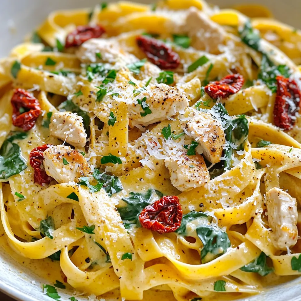This creamy Cajun chicken pasta uses simple, fresh ingredients. Here’s what you’ll need: - 2 boneless, skinless chicken breasts, diced - 8 oz fettuccine pasta - 1 cup heavy cream - 1 cup low-sodium chicken broth - 1 cup sun-dried tomatoes, roughly chopped - 1 medium onion, finely chopped - 3 cloves garlic, minced - 2 tablespoons Cajun seasoning - 2 tablespoons extra virgin olive oil - 1 cup fresh spinach leaves - Salt and freshly ground black pepper, to taste - Grated Parmesan cheese, for serving - Fresh parsley, chopped, for garnish Each ingredient plays a role. The chicken adds protein, while the sun-dried tomatoes bring sweetness. The heavy cream makes the sauce rich and smooth. Getting the right amounts is key for this dish. Here’s a quick guide: - Chicken: 2 breasts (about 1 pound) - Pasta: 8 ounces, or half a standard package - Cream: 1 cup - Broth: 1 cup - Sun-dried tomatoes: 1 cup - Onion: 1 medium - Garlic: 3 cloves - Cajun seasoning: 2 tablespoons - Olive oil: 2 tablespoons - Spinach: 1 cup - Parmesan: as much as you like Using these measurements will help your meal taste amazing. You may want to swap some ingredients. Here are some ideas: - If you don’t have fettuccine, use penne or rotini pasta. - For a lighter version, replace heavy cream with half-and-half or yogurt. - If you’re out of sun-dried tomatoes, fresh tomatoes work, but you may need to cook them longer. - No Cajun seasoning? Mix paprika, garlic powder, and cayenne for a similar taste. - For a vegetarian dish, skip the chicken and add more veggies. These swaps can help fit your needs while keeping the dish tasty. Start by heating two tablespoons of olive oil in a large pot. Add diced chicken breasts to the pot. Season them with salt, pepper, and Cajun seasoning. Cook the chicken for about 5-7 minutes. You want it golden brown and fully cooked. Once done, take the chicken out and set it aside. In the same pot, add one finely chopped onion and three minced garlic cloves. Sauté them for 3-4 minutes. The onion should turn soft and look clear. This step builds a solid flavor base for your dish. Now, add one cup of chopped sun-dried tomatoes to the pot. Mix well and pour in one cup of low-sodium chicken broth. Bring this mixture to a gentle simmer. Next, add 8 oz of fettuccine pasta. Make sure the pasta is fully covered in the broth. Cook it for 8-10 minutes. Stir occasionally until the pasta is al dente. Once your pasta is cooked just right, return the browned chicken to the pot. Pour in one cup of heavy cream. Gently fold in one cup of fresh spinach leaves. Stir until the spinach wilts and the sauce thickens. This takes about 2-3 minutes. Adjust the seasoning if needed, and then serve hot. Enjoy this creamy Cajun chicken pasta with a sprinkle of grated Parmesan and fresh parsley! Seasoning makes this dish shine. Start with salt and pepper on the chicken. Add two tablespoons of Cajun seasoning for the right kick. Taste as you go. You can always add more seasoning later. For creamy pasta, heavy cream is key. After adding the cream, stir gently. This helps the sauce blend well. If the sauce is too thick, add a bit of chicken broth. This keeps it rich without being too heavy. Use a large pot to cook everything in one go. This saves time and reduces dishes. Cook the chicken first. Then, use the same pot for the rest. It adds flavor and makes clean-up easier. Serve the pasta in wide, shallow bowls. This shows off the colors. Top with grated Parmesan and fresh parsley. Add some crusty garlic bread on the side. It makes for a perfect meal! {{image_4}} You can use any pasta shape you like. Fettuccine works well, but penne or rotini are great too. Each shape can hold onto the sauce differently. For a fun twist, try whole wheat or gluten-free pasta. This gives you options without losing flavor. Just keep an eye on cooking times, as different pastas may cook faster or slower. You can easily make this dish vegetarian. Swap the chicken for mushrooms or zucchini. Both add great texture and taste. Use vegetable broth instead of chicken broth. For a vegan version, replace heavy cream with coconut cream or cashew cream. This keeps the creamy texture while adding a slight sweetness. Don’t forget to add extra spices to boost the flavor! If you love heat, add more Cajun seasoning. Adjust to your spice level. You can also include chopped jalapeños or crushed red pepper flakes. These will give the dish an exciting kick. Another option is to use spicy sausage instead of chicken. This adds a rich, smoky flavor. Just remember to balance the heat with creamy ingredients to keep it delicious! To store your creamy Cajun chicken pasta, let it cool first. Place it in an airtight container. Refrigerate it for up to three days. This keeps the flavors fresh and the pasta safe to eat. Always remember to label your container with the date. When you're ready to enjoy your leftovers, use the stovetop or microwave. If using the stovetop, add a splash of chicken broth to a pan. Heat over low until warmed through, stirring often. For the microwave, cover the bowl with a lid or microwave-safe wrap. Heat in short bursts, stirring in between until it's hot. This dish freezes well if you want to save it for later. Allow it to cool completely. Then, transfer it to freezer-safe bags or containers. Be sure to remove as much air as possible. Label and date the bags. You can freeze it for up to two months. When you're ready to eat, thaw it in the fridge overnight and reheat as described above. Yes, you can prepare this dish ahead of time. Cook the pasta and chicken but do not mix in the cream yet. Store the chicken and pasta in the fridge. When you are ready to eat, heat it up and add the cream. This keeps the dish fresh and creamy. If you want to skip heavy cream, use half-and-half or whole milk. You can also make a thick cashew cream. To do this, soak cashews in water, blend them with a bit of water, and use as a creamy base. Each substitute will give a different flavor and texture. To make this dish gluten-free, swap regular fettuccine for gluten-free pasta. Many brands offer tasty options made from rice or corn. Just be sure to check the cooking time, as it may differ from regular pasta. Absolutely! Feel free to add vegetables like bell peppers, zucchini, or mushrooms. Just sauté them along with the onion and garlic. This adds color and nutrition. You can mix and match based on what you like or have on hand. This blog walks you through a tasty recipe for creamy pasta. We covered key ingredients, cooking steps, and helpful tips. You now know how to make it creamy, flavorful, and even how to adapt it for different diets. Remember, you can swap ingredients, save time, and enjoy delicious meals. Make this dish your own, and don’t hesitate to experiment! Your kitchen can become a fun place to create new flavors. Happy cooking!