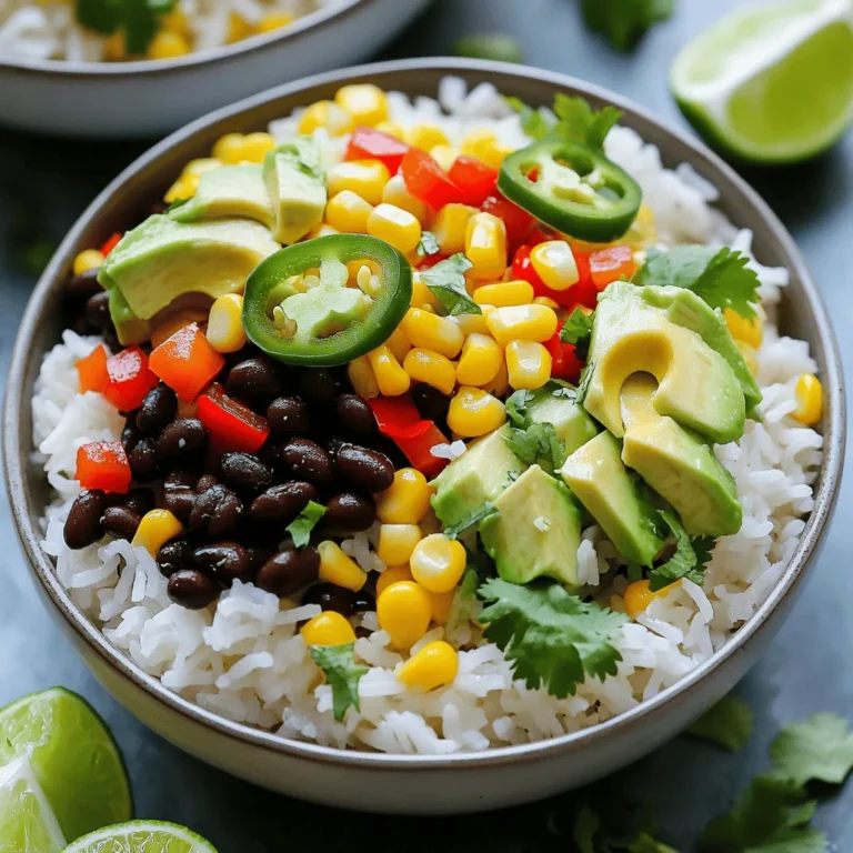 - 1 cup jasmine rice - 1 cup coconut milk - 1 cup vegetable broth - 1 red bell pepper, diced - 1 can (15 oz) black beans, rinsed and drained - 1 cup corn (fresh, frozen, or canned) - 1 avocado, sliced - 1/4 cup fresh cilantro, chopped - 1 jalapeño, thinly sliced (optional for heat) - Lime wedges for serving Coconut Lime Rice Bowls are simple yet full of flavor. The jasmine rice gives a nice base. Coconut milk adds creaminess. Vegetable broth brings depth. Each ingredient plays a role. The bright taste of lime lifts the dish. You can add diced red bell pepper for crunch. Black beans are great for protein. Corn brings sweetness. These ingredients blend well together. They create a colorful and tasty bowl. For garnishes, sliced avocado adds richness. Fresh cilantro gives a pop of flavor. Jalapeño slices can add a little heat. Lime wedges are perfect for serving. They let you customize your dish. Every bite of these bowls is a delight. You will enjoy making them as much as eating them! 1. Rinsing the jasmine rice: First, rinse 1 cup of jasmine rice under cold running water. This step removes excess starch. It helps make the rice fluffy. 2. Combining ingredients in the saucepan: Next, in a medium saucepan, mix the rinsed rice with 1 cup of coconut milk, 1 cup of vegetable broth, lime zest, 1 tablespoon of olive oil, and 1 teaspoon of salt. Stir until everything blends well. 3. Cooking instructions for the rice: Place the saucepan on medium-high heat. Bring it to a gentle boil. Once boiling, lower the heat, cover the saucepan, and let it simmer. Cook for 18-20 minutes. The rice is done when it's tender and all the liquid is absorbed. 1. Heating olive oil in skillet: While the rice cooks, heat 1 teaspoon of olive oil in a skillet over medium heat. 2. Sautéing bell pepper and corn: Add diced red bell pepper and 1 cup of corn to the skillet. Sauté them for about 5-7 minutes. Cook until they smell great and become slightly soft. 3. Adding black beans to the mixture: Now, stir in 1 can of rinsed black beans. Cook for about 3 minutes. You want the beans to heat through but not mushy. 1. Fluffing the rice and mixing lime juice: When the rice is ready, take it off the heat. Let it sit covered for 5 minutes. Then, fluff the rice with a fork and gently mix in the juice of 1 lime. 2. Layering ingredients in bowls: To build your bowls, scoop a generous amount of coconut lime rice into each bowl. Top it with the sautéed black bean mixture, sliced avocado, chopped cilantro, and jalapeño slices if you like it spicy. 3. Serving suggestions with lime wedges: Finish each bowl with a squeeze of lime juice. Serve lime wedges on the side for extra zest. Enjoy your colorful and tasty creation! For a tasty twist, add spices like cumin or paprika to the rice. Just a pinch can bring warmth and depth. You can also try adding a dash of garlic powder. To customize your bowl, consider optional ingredients. You could include diced tomatoes or fresh mango. These add sweetness and balance to the dish. To make your rice bowls pop, use colorful dishware. Bright bowls can enhance the vibrant colors of the ingredients. Arrange all the layers neatly for a clean look. Garnish your bowls with extra cilantro on top. A squeeze of lime and lime wedges on the side add a fresh touch. This also lets everyone adjust the flavor to their liking. Prepare your ingredients ahead of time. Chop the bell pepper and cilantro the day before. This makes cooking quick and easy. Cook the rice and sauté the vegetables at the same time. This way, the meal comes together faster. You can enjoy your delicious coconut lime rice bowls sooner! {{image_4}} You can easily change the protein in your Coconut Lime Rice Bowls. Grilled shrimp or chicken adds a tasty touch. Just cook them with some lime juice for extra flavor. If you prefer a vegetarian option, try using chickpeas or tofu. Both choices boost protein and add great texture. Switching up the rice can change the dish. Brown rice works well and adds fiber. It takes longer to cook, so plan for that. You can also try wild rice for a nutty flavor or cauliflower rice for a low-carb choice. Both options create a unique base for your bowls. If you need to make this dish gluten-free, you’re in luck! All the ingredients are naturally gluten-free. For a vegan twist, swap the coconut milk for a nut milk. This keeps the creamy texture while being plant-based. Enjoy customizing your bowls to fit your dietary needs! To store your coconut lime rice bowls, let them cool first. Place the rice and toppings separately in airtight containers. This helps keep everything fresh. You can store the rice for up to four days in the fridge. The toppings, like avocado, are best used within two days to keep them fresh. Use glass or BPA-free plastic containers for safe storage. When you are ready to eat, reheat the rice in the microwave. Add a splash of water to keep it moist. Heat in short bursts, stirring in between. For the toppings, heat them in a skillet on low. This method helps to keep the flavors intact. Avoid overheating, as it can change the taste. If you want to freeze the rice, place it in a freezer-safe container. It can last up to three months in the freezer. Make sure to label the container with the date. When you want to use it, thaw it overnight in the fridge. Reheat on the stove or in the microwave, adding a bit of liquid to keep it fluffy. To change the spice level of your Coconut Lime Rice Bowls, you have a few options. If you want it milder, skip the jalapeño slices. You can also use less lime juice, as acidity can enhance heat. For more heat, add more jalapeño or use a pinch of cayenne pepper in the rice. You can also serve hot sauce on the side. This way, each person can spice up their bowl just how they like. Yes, you can use other grains in this recipe. Quinoa is a great choice. It cooks quickly and adds a nice texture. To prepare quinoa, rinse it under cold water, then use one part quinoa to two parts liquid. Cook it just like the rice. You can also try farro or barley for a heartier dish. Just remember to adjust the cooking time based on the grain you choose. Several side dishes complement Coconut Lime Rice Bowls nicely. A simple green salad with avocado and lime dressing works well. You could also serve grilled vegetables, like zucchini or asparagus. If you want something heartier, try tortilla chips with salsa or guacamole. These add a crunchy texture and extra flavor to your meal. This blog post covered the important ingredients and steps for making a tasty rice bowl. You learned about jasmine rice, coconut milk, and tasty veggies. I shared tips for enhancing flavor and making the dish look great. Remember, you can customize your bowl with different proteins or grains. Lastly, don't forget to follow the best practices for storing and reheating leftovers. Enjoy crafting your perfect rice bowl and experimenting with new flavors!