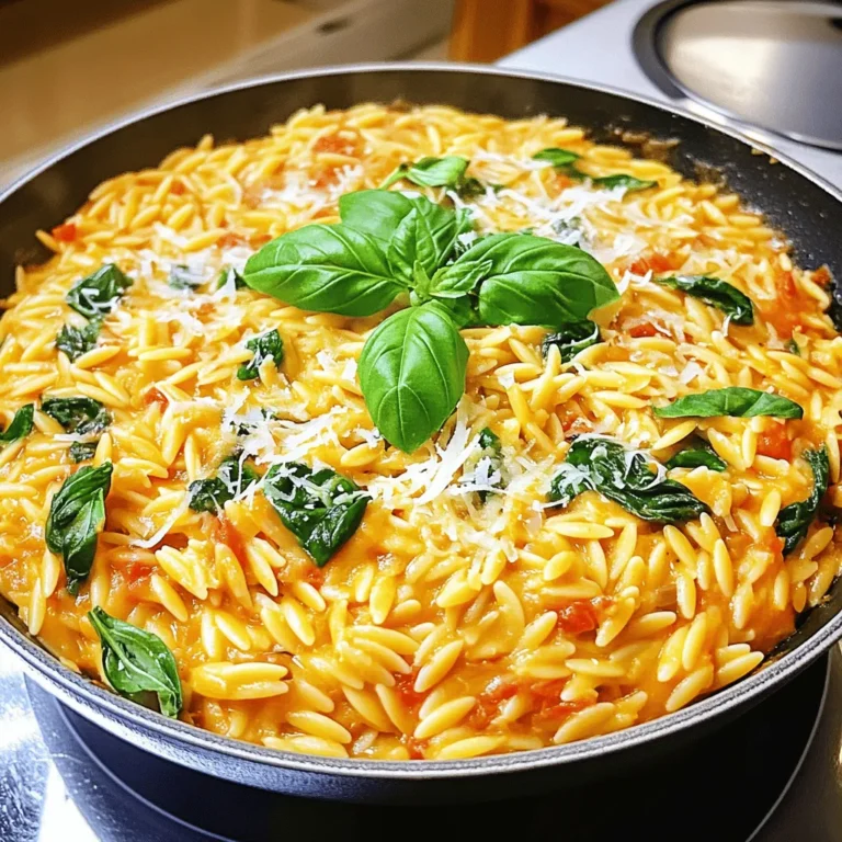 To make a creamy roasted red pepper orzo skillet, you need a few key ingredients. Here’s what you will gather: - 1 cup orzo pasta - 2 large roasted red peppers (either jarred or homemade) - 1 cup vegetable broth - 1 cup heavy cream (or coconut cream for a dairy-free option) - 1 small onion, finely chopped - 2 cloves garlic, minced - 1 teaspoon Italian seasoning - 1 cup baby spinach - 1/2 cup grated Parmesan cheese (or nutritional yeast for a vegan choice) - 2 tablespoons olive oil - Salt and freshly cracked black pepper to taste - Fresh basil leaves for garnish These ingredients work together to create a dish that is both rich and comforting. The orzo brings a nice texture, while the roasted red peppers add a deep, sweet flavor. The cream makes it smooth and luscious. With the fresh spinach and basil, you get a pop of color and a hint of freshness. When you choose your roasted red peppers, make sure they are sweet and flavorful. You can use jarred peppers for convenience or roast your own for a deeper taste. Each ingredient plays a part in this dish, making it both simple and satisfying. - Heat 2 tablespoons of olive oil in a large skillet over medium heat. - Add 1 small onion, finely chopped. Sauté for 3-4 minutes until soft. - Stir in 2 minced garlic cloves and 1 teaspoon of Italian seasoning. Cook for 1-2 minutes. - Add 1 cup of orzo pasta to the skillet. Stir for about a minute to toast it. - Pour in 1 cup of vegetable broth. Stir gently and bring to a simmer. - Cover the skillet and reduce heat. Cook for about 10 minutes, stirring occasionally. - Blend 2 large roasted red peppers in a blender until smooth. - Add 1 cup of heavy cream (or coconut cream) to the blender. Blend until creamy. - Once the orzo is tender, pour the roasted red pepper sauce into the skillet. - Gently mix in 1 cup of baby spinach. Let it wilt in the heat for 2-3 minutes. - Stir in 1/2 cup of grated Parmesan cheese. Season with salt and pepper to taste. To get that perfect creamy texture, choose your cream wisely. Heavy cream gives a rich taste, but if you want a lighter option, use coconut cream. It adds a subtle sweetness. To ensure smoothness, stir the cream in slowly. Mix well as you add it. To boost the flavor, try adding fresh herbs like thyme or parsley. They give a nice brightness. You can also sprinkle in some red pepper flakes for heat. A pinch of smoked paprika adds depth, too. Adjust these to your taste as you go! For a complete meal, serve your orzo with a side salad or garlic bread. This adds freshness and crunch. When plating, use a large bowl. Spoon the orzo in the center and sprinkle with fresh basil for color. A drizzle of olive oil on top makes it shine! {{image_4}} For a vegan twist, swap heavy cream with coconut cream. This keeps the dish creamy. You can also use nutritional yeast instead of Parmesan cheese. It adds a cheesy flavor without dairy. To make it gluten-free, choose gluten-free orzo pasta. They work well in this dish. You can add proteins like chicken or tofu. For chicken, cook bite-sized pieces in the skillet first. Season and brown them before adding the onion and garlic. For tofu, press it to remove excess moisture. Cut it into cubes and sauté until golden. Then, mix it in with the orzo. Seasonal veggies can boost flavor and nutrients. In spring, add fresh peas or asparagus. In fall, try roasted butternut squash or kale. You can adjust the spices too. For holidays, add a pinch of nutmeg for warmth. These changes keep your dish exciting all year round. To keep your creamy roasted red pepper orzo fresh, refrigerate it right away. Place it in an airtight container. This helps avoid spills and keeps the flavors intact. Use shallow containers for faster cooling. When it’s time to enjoy leftovers, heat on the stove. Add a splash of broth or water to avoid dryness. Stir often to keep it creamy. If you use the microwave, cover the dish to keep moisture in. Heat in short intervals, stirring in between. This dish is fine for freezing. Let it cool completely before freezing. Use a freezer-safe container or a freezer bag. Squeeze out all the air to prevent freezer burn. To thaw, place it in the fridge overnight. Reheat gently on the stove for the best texture. Yes, you can use other pasta types. Try penne or fusilli for a fun twist. Each pasta shape holds sauce differently. This changes the dish's texture. Experiment with what you have at home. Add red pepper flakes for heat. You can also mix in diced jalapeños. For a smoky flavor, try chipotle powder. Adjust spice to your taste. Start with a little and add more if needed. To reheat, use a skillet over low heat. Add a splash of broth or cream. Stir often to keep it creamy. You can also use the microwave. Just cover it and heat in short bursts. Yes, you can make this dish ahead. Cook it fully, let it cool, and store in the fridge. Reheat gently before serving. The flavors meld beautifully overnight. Just be careful not to overcook when reheating. You can use sun-dried tomatoes for a different flavor. Fresh bell peppers, when roasted, also work well. If you like a smoky taste, try smoked paprika. Each option gives a unique twist to the dish. In this post, I shared a simple recipe using orzo, roasted red peppers, and creamy sauce. You learned step-by-step instructions to create a delicious meal. From sautéing the base to making a rich sauce, each step builds flavor. Feel free to add proteins or vegetables to make it your own. Remember to store leftovers properly and experiment with spices for extra warmth. Enjoy making this dish and sharing it with friends and family!