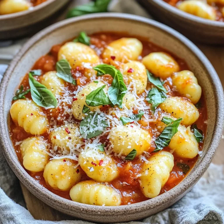 - 1 package (16 oz) potato gnocchi - 2 tablespoons extra virgin olive oil - 4 cloves garlic, finely minced - 1 teaspoon red pepper flakes - 1 can (14 oz) crushed tomatoes - 1 cup vegetable broth - 1 teaspoon granulated sugar - 1 teaspoon dried oregano - Salt and freshly ground black pepper - 1 cup fresh basil leaves, roughly chopped - ½ cup grated Parmesan cheese (optional, for garnish) For this One Pot Spicy Tomato Basil Gnocchi, you'll need a few basic items. Potato gnocchi is the star. It cooks quickly and soaks up the sauce well. Extra virgin olive oil helps to start the flavor. Minced garlic adds a nice punch. Red pepper flakes bring the heat, but adjust it to your taste. Next, you'll want crushed tomatoes for the sauce base. Vegetable broth adds depth to your dish. Granulated sugar balances the acidity of the tomatoes. Dried oregano gives it an Italian flair. Finally, season with salt and black pepper. Fresh basil adds brightness and aroma. If you like, top with grated Parmesan cheese for a creamy finish. These ingredients combine to make a hearty, flavorful meal in one pot. 1. Heat olive oil: In a large pot, pour in 2 tablespoons of extra virgin olive oil. Heat it over medium heat until warm. 2. Sauté garlic and red pepper flakes: Add 4 finely minced cloves of garlic and 1 teaspoon of red pepper flakes. Stir for about 30 seconds. Keep an eye on the garlic; we want it fragrant, not burnt. 3. Add crushed tomatoes and broth: Pour in 1 can of crushed tomatoes and 1 cup of vegetable broth. Stir well to mix everything together. 1. Season the sauce: Mix in 1 teaspoon of granulated sugar, 1 teaspoon of dried oregano, and a good pinch of salt and black pepper. 2. Simmer: Bring the mixture to a gentle simmer. This step helps the flavors come together and develop. 1. Add the gnocchi: Carefully add 1 package (16 oz) of potato gnocchi into the pot. Gently stir to coat the gnocchi in the sauce. 2. Cover and cook: Place a lid on the pot. Cook for 2 to 3 minutes or until the gnocchi float to the top. This means they are done. 3. Finish with basil: Remove the pot from the heat. Stir in 1 cup of roughly chopped fresh basil. Taste the dish and adjust the seasoning if needed. To change the heat, start with less red pepper flakes. You can add more later if you want it spicier. If you need a milder dish, try using smoked paprika or sweet bell pepper. Both give flavor without the heat. You can boost the taste by adding more herbs like thyme or parsley. Fresh herbs bring brightness. Dried herbs work too, but they are less vibrant. A squeeze of lemon juice can also lift the flavors. It adds freshness that balances the dish. If your sauce gets too thick, add a splash of vegetable broth or water. This will loosen it up. If your gnocchi are undercooked, just keep cooking them a bit longer. They should float when done. Check often to avoid overcooking. {{image_4}} You can easily swap out the gnocchi for other pasta types. Penne or fusilli works well too. If you want more protein, you can add diced chicken or shrimp. Cook them in the pot before adding the tomatoes. This keeps the dish tasty and filling. Feel free to add more vegetables to your dish. Spinach and bell peppers add great color and flavor. You can also experiment with different cheeses. Try mozzarella for a gooey texture or feta for a salty kick. For vegan options, use plant-based cheese or skip the cheese entirely. You can also make this dish gluten-free. Just replace regular gnocchi with gluten-free gnocchi. If you're looking for low-carb choices, use cauliflower gnocchi instead. It gives you the same fun texture with fewer carbs. To store your One Pot Spicy Tomato Basil Gnocchi, let it cool first. Then, place the leftovers in an airtight container. You can keep it in the fridge for up to three days. If you want to keep it longer, freezing is a great option. When you reheat, I recommend using the stovetop. This keeps the gnocchi's texture nice. Just add a splash of water or broth to the pot while heating. Stir occasionally. If you use the microwave, heat in short bursts. Stir in between to avoid hot spots. To freeze, let the dish cool completely. Then, scoop portions into freezer-safe bags. Make sure to remove as much air as possible. This helps prevent freezer burn. When you’re ready to eat, thaw it in the fridge overnight. Reheat it on the stovetop for the best results. Yes, you can use frozen gnocchi. Frozen gnocchi cooks a bit longer than fresh. Add an extra two to three minutes to the cooking time. The flavor remains great, but the texture may change slightly. Keep an eye on them as they cook. You’ll know gnocchi is cooked when they float. This means they are ready to eat. If they stay at the bottom, wait a minute and check again. Floating gnocchi should be soft and tender, not mushy. Yes, you can make this dish ahead of time. Cook it fully and let it cool. Store it in the fridge for up to three days. To reheat, add a splash of water and warm it on the stove. This will keep the gnocchi from drying out. You can serve this dish with a simple green salad. Garlic bread pairs well too. For a heartier meal, add grilled chicken or shrimp. Enjoy with a glass of red wine to enhance the flavors. Yes, you can make this recipe gluten-free. Use gluten-free gnocchi, which is available at most stores. Just check the label to ensure it’s gluten-free. The sauce remains the same, so your meal will still be delicious! This blog post covered how to whip up One Pot Spicy Tomato Basil Gnocchi. We explored key ingredients like gnocchi, tomatoes, and fresh herbs. I shared useful tips for adjusting spice levels and enhancing flavors. You learned how to store and reheat leftovers properly. In conclusion, this dish is flexible and forgiving. You can swap ingredients and adjust spice to your taste. Get creative! Enjoy making this meal that is both delicious and easy. Happy cooking!
