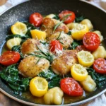 Here are the key ingredients for One-Pan Lemon Rosemary Chicken Gnocchi: - 1 pound boneless, skinless chicken thighs, cut into bite-sized pieces - 1 pound gnocchi (your choice of store-bought or homemade) - 2 tablespoons olive oil - 4 cloves garlic, minced - 1 lemon, zested and juiced - 1 tablespoon fresh rosemary, chopped (or 1 teaspoon dried rosemary) - 1 cup cherry tomatoes, halved - 2 cups fresh spinach - Salt and pepper, to taste - Grated Parmesan cheese, for serving (optional) You can switch some ingredients if you need to: - Chicken thighs: Use chicken breasts, but they may dry out faster. - Gnocchi: Try pasta, like fusilli or penne, if gnocchi is not available. - Olive oil: You can use avocado oil for a different taste. - Fresh rosemary: Dried thyme or oregano works well too. - Cherry tomatoes: Substitute with diced bell peppers for a sweeter flavor. - Spinach: Kale or arugula can also add a nice touch. Choosing fresh ingredients makes a big difference in taste. Here are my tips: - Chicken: Look for bright pink color, no off-smell, and firm texture. - Gnocchi: If buying pre-made, check the package date for freshness. - Herbs: Choose bright green leaves; avoid yellow or wilting herbs. - Tomatoes: Pick firm tomatoes with smooth skin. They should smell sweet. - Spinach: Look for vibrant, crisp leaves without brown spots. These tips will help you create a dish that bursts with flavor and freshness. Start by heating olive oil in a large skillet over medium heat. Once the oil shimmers, add 1 pound of chicken thighs. These should be cut into bite-sized pieces. Season the chicken with salt and pepper. Sauté the chicken for about 5-7 minutes. You want it nicely browned on all sides. Next, add 4 cloves of minced garlic to the skillet. Stir it into the chicken. Cook for 1-2 minutes until the garlic smells nice and turns golden. Be careful not to burn it. Then, pour in the juice of 1 lemon. Add the zest and 1 tablespoon of chopped rosemary. Stir everything together. Let it simmer for about 1 minute. This helps the flavors blend well. Gently fold in 1 pound of gnocchi and 1 cup of halved cherry tomatoes. Pour in ½ cup of water or chicken broth for extra flavor. Stir to combine. Cover the skillet with a lid and let it simmer for 5-7 minutes. This cooks the gnocchi and makes it tender. Stir occasionally to stop it from sticking. Once the gnocchi is soft, remove the lid. Fold in 2 cups of fresh spinach. Stir until it wilts. Taste the dish and adjust with more salt and pepper as needed. Serve hot, adding grated Parmesan cheese if you like. Enjoy your meal! To cook gnocchi just right, start with a pot of salted water. Bring it to a boil. Add the gnocchi and watch closely. They will float when done. This takes about two to three minutes. Drain the gnocchi and set them aside. This helps keep them soft and fluffy. If you want a crispy texture, sauté them in the skillet after cooking. Adding more herbs can boost the taste. Thyme, basil, or parsley work well with lemon and chicken. Use fresh herbs whenever possible. They bring out brighter flavors. For a stronger taste, add herbs during cooking. You can also sprinkle some fresh herbs over the dish before serving. This adds color and flavor. Cooking chicken thighs takes time for safety and flavor. Cook them until golden brown, about five to seven minutes. Use a meat thermometer for safety. The chicken should reach 165°F (75°C). Let it rest for a few minutes after cooking. This keeps the juices in, making it tender and juicy. Cooking chicken with the gnocchi allows flavors to blend beautifully. {{image_4}} You can easily adjust this recipe. If you want a lighter meal, use chicken breast instead of thighs. For a vegetarian option, swap the chicken for mushrooms or tofu. You can also use gluten-free gnocchi if you need a gluten-free dish. Try adding some nuts for crunch or seeds for protein. You can replace spinach with kale for a different taste and texture. Instead of using a skillet, you can bake this dish. Preheat your oven to 400°F (200°C). In a baking pan, mix the chicken, garlic, lemon juice, and zest, along with the olive oil and seasoning. Add the gnocchi and tomatoes next, stirring to combine. Cover the pan with foil and bake for about 20 minutes. Remove the foil, add spinach, and bake for another 5 minutes. This method gives a nice roasted flavor. Feel free to mix in other veggies too! Zucchini, bell peppers, or asparagus work great. Add them when you sauté the chicken for a lively dish. If you want a heartier meal, add carrots or peas. You can even toss in some broccoli or cauliflower for extra nutrients. Just remember to adjust cooking times for any firmer vegetables. To store your leftover One-Pan Lemon Rosemary Chicken Gnocchi, first let it cool. Then, place it in an airtight container. It keeps well in the fridge for up to three days. Make sure to seal the container tightly to prevent moisture loss. This helps the dish stay fresh and tasty. When you are ready to enjoy your leftovers, reheating is key. You can use a skillet for the best results. Heat a small amount of olive oil in the skillet over medium heat. Add the chicken and gnocchi mixture. Stir it gently for about five minutes. This helps keep the gnocchi soft and the chicken tender. You can also add a splash of water or broth to keep it moist. If you want to save some for later, freezing is a great option. Allow the dish to cool completely before freezing. Use a freezer-safe container or bag. Make sure to remove excess air to avoid freezer burn. It can last up to three months in the freezer. When you are ready to eat it, thaw it in the fridge overnight. Reheat as noted above for a delicious meal. Yes, you can use frozen gnocchi for this recipe. Just add them to the skillet straight from the freezer. Cook them as directed in the recipe. They will soften and cook well in the sauce. This makes it easy and saves time. Many herbs work well with lemon and chicken. Here are some great options: - Thyme: Adds a warm flavor. - Oregano: Gives a nice, earthy taste. - Basil: Adds a fresh, sweet touch. - Sage: Provides a strong, savory note. Try mixing and matching these herbs to find your favorite flavor combo. To spice up your dish, you can add red pepper flakes or cayenne pepper. Start with a small amount, then taste and adjust. Another option is to use spicy sausage instead of chicken. You can also add sliced jalapeños for heat. Enjoy the kick! This blog post covered the key ingredients, how to cook them, and tips for success. I shared ways to customize the dish to fit your taste and dietary needs. Remember, selecting fresh ingredients can make a big difference in flavor. Use the methods and tips I provided to perfect your dish each time. With these steps in mind, you can confidently create a delicious meal that suits your palate. Cooking should be fun and rewarding, so don't hesitate to experiment!