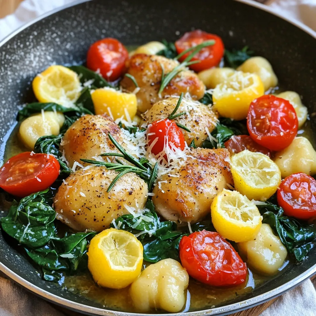 Here are the key ingredients for One-Pan Lemon Rosemary Chicken Gnocchi: - 1 pound boneless, skinless chicken thighs, cut into bite-sized pieces - 1 pound gnocchi (your choice of store-bought or homemade) - 2 tablespoons olive oil - 4 cloves garlic, minced - 1 lemon, zested and juiced - 1 tablespoon fresh rosemary, chopped (or 1 teaspoon dried rosemary) - 1 cup cherry tomatoes, halved - 2 cups fresh spinach - Salt and pepper, to taste - Grated Parmesan cheese, for serving (optional) You can switch some ingredients if you need to: - Chicken thighs: Use chicken breasts, but they may dry out faster. - Gnocchi: Try pasta, like fusilli or penne, if gnocchi is not available. - Olive oil: You can use avocado oil for a different taste. - Fresh rosemary: Dried thyme or oregano works well too. - Cherry tomatoes: Substitute with diced bell peppers for a sweeter flavor. - Spinach: Kale or arugula can also add a nice touch. Choosing fresh ingredients makes a big difference in taste. Here are my tips: - Chicken: Look for bright pink color, no off-smell, and firm texture. - Gnocchi: If buying pre-made, check the package date for freshness. - Herbs: Choose bright green leaves; avoid yellow or wilting herbs. - Tomatoes: Pick firm tomatoes with smooth skin. They should smell sweet. - Spinach: Look for vibrant, crisp leaves without brown spots. These tips will help you create a dish that bursts with flavor and freshness. Start by heating olive oil in a large skillet over medium heat. Once the oil shimmers, add 1 pound of chicken thighs. These should be cut into bite-sized pieces. Season the chicken with salt and pepper. Sauté the chicken for about 5-7 minutes. You want it nicely browned on all sides. Next, add 4 cloves of minced garlic to the skillet. Stir it into the chicken. Cook for 1-2 minutes until the garlic smells nice and turns golden. Be careful not to burn it. Then, pour in the juice of 1 lemon. Add the zest and 1 tablespoon of chopped rosemary. Stir everything together. Let it simmer for about 1 minute. This helps the flavors blend well. Gently fold in 1 pound of gnocchi and 1 cup of halved cherry tomatoes. Pour in ½ cup of water or chicken broth for extra flavor. Stir to combine. Cover the skillet with a lid and let it simmer for 5-7 minutes. This cooks the gnocchi and makes it tender. Stir occasionally to stop it from sticking. Once the gnocchi is soft, remove the lid. Fold in 2 cups of fresh spinach. Stir until it wilts. Taste the dish and adjust with more salt and pepper as needed. Serve hot, adding grated Parmesan cheese if you like. Enjoy your meal! To cook gnocchi just right, start with a pot of salted water. Bring it to a boil. Add the gnocchi and watch closely. They will float when done. This takes about two to three minutes. Drain the gnocchi and set them aside. This helps keep them soft and fluffy. If you want a crispy texture, sauté them in the skillet after cooking. Adding more herbs can boost the taste. Thyme, basil, or parsley work well with lemon and chicken. Use fresh herbs whenever possible. They bring out brighter flavors. For a stronger taste, add herbs during cooking. You can also sprinkle some fresh herbs over the dish before serving. This adds color and flavor. Cooking chicken thighs takes time for safety and flavor. Cook them until golden brown, about five to seven minutes. Use a meat thermometer for safety. The chicken should reach 165°F (75°C). Let it rest for a few minutes after cooking. This keeps the juices in, making it tender and juicy. Cooking chicken with the gnocchi allows flavors to blend beautifully. {{image_4}} You can easily adjust this recipe. If you want a lighter meal, use chicken breast instead of thighs. For a vegetarian option, swap the chicken for mushrooms or tofu. You can also use gluten-free gnocchi if you need a gluten-free dish. Try adding some nuts for crunch or seeds for protein. You can replace spinach with kale for a different taste and texture. Instead of using a skillet, you can bake this dish. Preheat your oven to 400°F (200°C). In a baking pan, mix the chicken, garlic, lemon juice, and zest, along with the olive oil and seasoning. Add the gnocchi and tomatoes next, stirring to combine. Cover the pan with foil and bake for about 20 minutes. Remove the foil, add spinach, and bake for another 5 minutes. This method gives a nice roasted flavor. Feel free to mix in other veggies too! Zucchini, bell peppers, or asparagus work great. Add them when you sauté the chicken for a lively dish. If you want a heartier meal, add carrots or peas. You can even toss in some broccoli or cauliflower for extra nutrients. Just remember to adjust cooking times for any firmer vegetables. To store your leftover One-Pan Lemon Rosemary Chicken Gnocchi, first let it cool. Then, place it in an airtight container. It keeps well in the fridge for up to three days. Make sure to seal the container tightly to prevent moisture loss. This helps the dish stay fresh and tasty. When you are ready to enjoy your leftovers, reheating is key. You can use a skillet for the best results. Heat a small amount of olive oil in the skillet over medium heat. Add the chicken and gnocchi mixture. Stir it gently for about five minutes. This helps keep the gnocchi soft and the chicken tender. You can also add a splash of water or broth to keep it moist. If you want to save some for later, freezing is a great option. Allow the dish to cool completely before freezing. Use a freezer-safe container or bag. Make sure to remove excess air to avoid freezer burn. It can last up to three months in the freezer. When you are ready to eat it, thaw it in the fridge overnight. Reheat as noted above for a delicious meal. Yes, you can use frozen gnocchi for this recipe. Just add them to the skillet straight from the freezer. Cook them as directed in the recipe. They will soften and cook well in the sauce. This makes it easy and saves time. Many herbs work well with lemon and chicken. Here are some great options: - Thyme: Adds a warm flavor. - Oregano: Gives a nice, earthy taste. - Basil: Adds a fresh, sweet touch. - Sage: Provides a strong, savory note. Try mixing and matching these herbs to find your favorite flavor combo. To spice up your dish, you can add red pepper flakes or cayenne pepper. Start with a small amount, then taste and adjust. Another option is to use spicy sausage instead of chicken. You can also add sliced jalapeños for heat. Enjoy the kick! This blog post covered the key ingredients, how to cook them, and tips for success. I shared ways to customize the dish to fit your taste and dietary needs. Remember, selecting fresh ingredients can make a big difference in flavor. Use the methods and tips I provided to perfect your dish each time. With these steps in mind, you can confidently create a delicious meal that suits your palate. Cooking should be fun and rewarding, so don't hesitate to experiment!