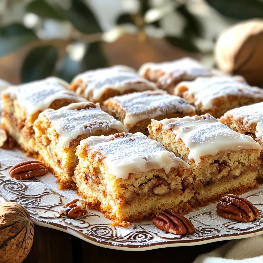 To create your bakery-style cinnamon pecan coffee cake, gather these essential items: - 2 cups all-purpose flour - 1 cup granulated sugar - 1/2 cup unsalted butter, softened - 1 cup buttermilk, at room temperature - 2 large eggs, at room temperature - 1 tablespoon baking powder - 1 teaspoon baking soda - 1 teaspoon vanilla extract - 1/2 teaspoon salt These ingredients come together to form a rich, moist cake. The butter and sugar provide a sweet base, while the buttermilk keeps it tender. Now, let’s make the filling that adds depth to our cake. You will need: - 1/2 cup brown sugar, packed tightly - 1 tablespoon ground cinnamon - 1 cup pecans, chopped coarsely This mixture gives a warm flavor with a nice crunch. The brown sugar and cinnamon blend perfectly with the pecans. To finish off your coffee cake, prepare this simple glaze: - 1 cup powdered sugar - 2 tablespoons milk - 1/2 teaspoon vanilla extract This glaze adds a sweet touch. It melts into the warm cake and creates a beautiful finish. Start by preheating your oven to 350°F (175°C). Grease a 9x13 inch baking pan with butter or use vegetable spray. You can also line it with parchment paper. This makes it easy to remove the cake later. In a small bowl, mix 1/2 cup of packed brown sugar, 1 tablespoon of ground cinnamon, and 1 cup of chopped pecans. Stir until all ingredients blend well. Set this bowl aside for later. In a large bowl, cream together 1/2 cup of softened unsalted butter and 1 cup of granulated sugar using an electric mixer. Beat on medium speed for about 3-5 minutes. The mixture should look light and fluffy. Next, add 2 large eggs one at a time, mixing well after each. Then, stir in 1 teaspoon of vanilla extract. Gradually add 1 cup of room-temperature buttermilk. Mix until everything is well combined. Pour half of the cake batter into your prepared pan. Spread it evenly across the bottom. Now, sprinkle half of the cinnamon pecan filling over this layer. Carefully pour the remaining batter on top, spreading it evenly. Finally, add the rest of the filling on top of the last batter layer. Place the pan in the oven and bake for 30-35 minutes. To check if it’s done, insert a toothpick into the center. If it comes out clean, the cake is ready. To bake a fluffy cake, cream the butter and sugar well. This step adds air. Use room temperature ingredients; they blend better. When mixing dry and wet ingredients, stir gently. A few lumps are okay. Overmixing can make the cake dense. Bake at the right temperature for even cooking. If you need dairy-free options, use plant-based butter and almond milk. For gluten-free cakes, try a gluten-free flour blend. You can swap granulated sugar for coconut sugar for a healthier choice. If you want it egg-free, use flaxseed meal mixed with water. Each change can alter the taste, so test your mix. To achieve even baking, preheat your oven fully. Place the pan in the center of the oven. This helps with hot air flow. Rotate the pan halfway through baking for consistent heat. Use a toothpick to check doneness; it should come out clean when the cake is done. {{image_4}} You can easily add chocolate chips to this recipe. Mix in one cup of semi-sweet chocolate chips into the batter. The rich chocolate pairs well with the warm cinnamon and crunchy pecans. This twist gives the coffee cake a delightful sweetness and texture. For a gluten-free option, swap all-purpose flour with a gluten-free blend. Use a blend that includes xanthan gum for the best texture. The cake will still be soft and moist, while everyone can enjoy it. Adding fruit can elevate your coffee cake. Chopped apples or ripe bananas work great. Mix one cup of chopped fruit into the batter for added moisture. You could also sprinkle berries on top of the filling. This adds a burst of flavor and color to your cake. To keep your coffee cake fresh, let it cool first. Then, wrap it tightly in plastic wrap or foil. You can also store it in an airtight container. This way, it stays moist and tasty. Keep it at room temperature for up to three days. If you live in a humid place, store it in the fridge for better results. If you have more cake than you can eat, freezing is a great option. First, slice the cake into pieces. Wrap each piece in plastic wrap tightly. Then, place all wrapped pieces in a freezer bag. Squeeze out the air before sealing. This cake can last in the freezer for up to three months. When you're ready, just take out a piece and let it thaw at room temperature. To enjoy your cake warm, preheat your oven to 350°F (175°C). Place the cake on a baking sheet. Heat it for about 10-15 minutes. Check it often to avoid drying it out. If you want a quick fix, you can use a microwave. Heat a slice for about 15-20 seconds. Just be careful not to overheat it. Enjoy your warm coffee cake with a cup of coffee! Yes, you can use regular milk. To mimic buttermilk, add one tablespoon of vinegar or lemon juice to a cup of milk. Let it sit for five minutes. This makes a great substitute for your cake. Check the cake at 30 minutes. Insert a toothpick in the center. If it comes out clean, the cake is done. If it has batter on it, bake for a few more minutes. You can use walnuts or almonds. Both add a nice crunch and flavor. If you want a nut-free option, try using rolled oats or a mix of brown sugar and cinnamon. The cake will stay fresh for about three days at room temperature. If you store it in the fridge, it can last up to a week. For longer storage, freeze it for up to three months. You learned about the key ingredients and steps to make a delicious coffee cake. We covered the filling, glaze, and baking techniques needed for fluffiness. You also discovered fun variations and smart ways to store the cake. Remember, feel free to swap ingredients to meet your needs. Coffee cake can adapt to your taste! Enjoy baking and sharing this treat with others. Your kitchen can create great memories with this recipe!