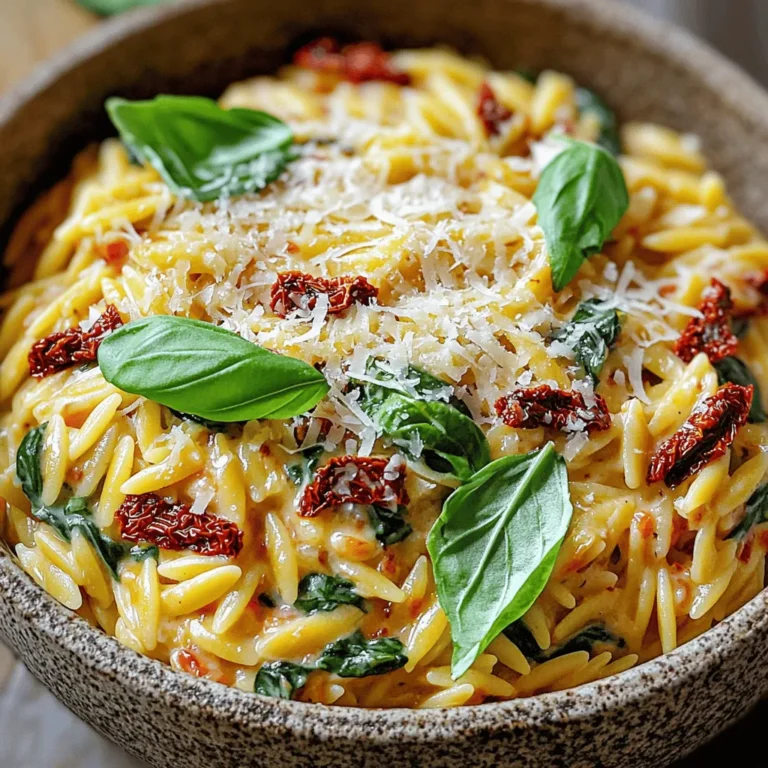 - 1 cup orzo pasta - 2 cups vegetable broth - 1/2 cup cream cheese, softened - 1/2 cup sun-dried tomatoes, finely chopped - 1/4 cup freshly grated Parmesan cheese - 2 tablespoons extra virgin olive oil - 2 cloves garlic, finely minced - 1 cup fresh spinach leaves, chopped - Sea salt and freshly cracked black pepper, to taste - Fresh basil leaves, for garnish Orzo pasta acts as the star of this dish. It has a lovely texture that absorbs flavors well. The sun-dried tomatoes bring a rich, tangy taste, making every bite exciting. Cream cheese adds a smoothness that balances the dish. Fresh spinach not only brightens the look but also adds nutrients. Olive oil gives a nice depth and richness, while Parmesan cheese adds a savory kick. If you want to mix things up, try using whole wheat orzo for a healthier twist. For a dairy-free version, swap cream cheese with a nut-based cream. You can also replace sun-dried tomatoes with roasted red peppers for a different flavor. If you don't have fresh spinach, frozen spinach works too, just thaw and drain it first. To cook the orzo, start by boiling 2 cups of vegetable broth in a medium saucepan. Once it bubbles, add 1 cup of orzo pasta. Cook it for about 8-10 minutes. Stir it often to keep it from sticking. When the orzo is al dente, drain it using a colander. Make sure to save 1/2 cup of the broth. This will help make your sauce creamy later. Set the orzo aside while you prepare the sauce. Next, use the same saucepan for your sauce. Heat 2 tablespoons of extra virgin olive oil over medium heat. Add 2 cloves of finely minced garlic once the oil is hot. Sauté the garlic for about 1 minute. You want it to smell great but not burn. Then, add 1/2 cup of finely chopped sun-dried tomatoes. Cook them for another 2-3 minutes. This softens them and brings out their rich flavor. Now lower the heat and add 1/2 cup of softened cream cheese. Stir until it melts into a creamy mix. Gradually pour in the reserved vegetable broth while whisking gently. This will create a smooth sauce without lumps. Now it’s time to combine everything! Add the cooked orzo and 1 cup of chopped fresh spinach into the saucepan. Stir gently until the spinach wilts and all the ingredients mix well. To finish, sprinkle in 1/4 cup of freshly grated Parmesan cheese. Season with sea salt and freshly cracked black pepper to taste. Serve this dish hot in warmed bowls. For a lovely touch, garnish with fresh basil leaves. This adds color and aroma that truly elevates your meal. Enjoy! To make your orzo creamy, use soft cream cheese. It melts easily and blends well. When you add the cream cheese, keep the heat low. This helps it melt without clumping. Gradually mix in the reserved vegetable broth while whisking. This keeps the sauce smooth and rich. If your sauce is too thick, add more broth until you reach your desired consistency. For a stunning plate, use shallow bowls. Serve the creamy orzo hot and fresh. Drizzle a little extra virgin olive oil on top for shine. This adds flavor and makes it look fancy. Garnish with fresh basil leaves. They not only smell great but also add color. You can even sprinkle some extra Parmesan cheese on top for a savory touch. One common mistake is overcooking the orzo. Always follow the package's cooking time. Overcooked pasta becomes mushy and bland. Another mistake is not reserving enough broth. Keep at least 1/2 cup aside for a creamy sauce. Lastly, don’t rush the mixing. Take your time when adding the cream cheese and broth. This prevents lumps and ensures a smooth finish. {{image_4}} You can easily make this dish vegetarian. Simply skip any meat or seafood. Use vegetable broth instead of chicken broth. You can also add more veggies, like mushrooms or bell peppers. These will add great flavor and nutrients. If you want more protein, add cooked chicken or shrimp. You can also use chickpeas for a plant-based boost. Just stir them in when you mix the orzo with the sauce. This keeps the dish filling and tasty. Add depth to your orzo with spices. A pinch of red pepper flakes adds heat. Italian seasoning brings a classic taste. Fresh herbs like parsley or oregano enhance the flavor too. You can also use lemon zest for a fresh twist. This brightens up the creamy sauce and makes it pop. After enjoying your Creamy Sun Dried Tomato Orzo, you might have some left. To keep it fresh, place the leftovers in an airtight container. This helps prevent moisture loss and keeps flavors intact. Store it in the fridge for up to three days. If you need to keep it longer, consider freezing it. When you’re ready to enjoy your orzo again, reheating it properly is key. Start by adding a splash of vegetable broth or water to the orzo. This will help it regain its creamy texture. Heat it on the stove over medium-low heat, stirring frequently. This method keeps your dish from drying out. You can also use a microwave, but stir every minute for even heating. If you want to freeze your Creamy Sun Dried Tomato Orzo, it’s best to do so before adding spinach. This keeps the greens vibrant. Let the dish cool completely before transferring it to a freezer-safe container. Label it with the date. You can freeze it for up to three months. To thaw, simply place it in the fridge overnight before reheating. Yes, you can use gluten-free orzo for this dish. Look for brands made from rice or corn. These options provide a similar texture and flavor to regular orzo. Just follow the cooking time on the package, as it may vary slightly. To make this dish dairy-free, swap out the cream cheese and Parmesan. Use a dairy-free cream cheese or cashew cream for the sauce. Nutritional yeast can replace Parmesan, giving you a cheesy flavor without dairy. Always check the labels to ensure all ingredients are dairy-free. This dish pairs well with several sides. Consider serving it with a fresh green salad. A simple arugula salad with lemon vinaigrette works great. Garlic bread also complements the creamy orzo nicely. Roasted vegetables add a nice touch as well, offering color and nutrients to your meal. In this blog post, we covered the key ingredients and step-by-step cooking method for Creamy Sun Dried Tomato Orzo. I shared tips for a smooth texture and creative ways to enhance flavor. We discussed variations for different diets and how to store leftovers properly. When you try this dish, remember it’s all about balance and taste. Enjoy exploring your own twists on this recipe! With the right ingredients and a little practice, you'll master this dish in no time.