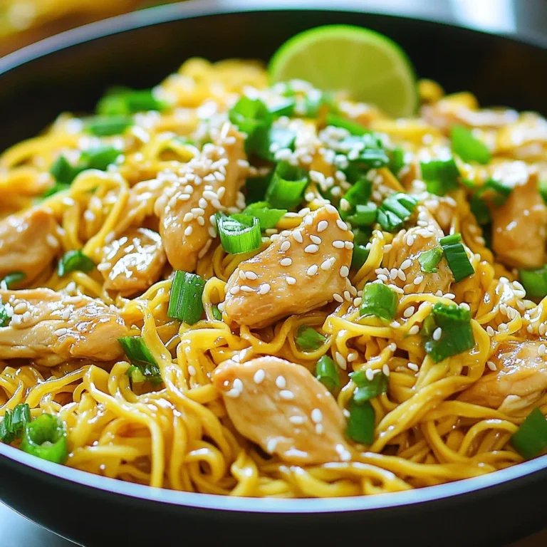 - 2 boneless, skinless chicken breasts, thinly sliced - 200g egg noodles - 3 tablespoons sesame oil, divided - 4 cloves garlic, finely minced - 1 teaspoon fresh ginger, grated The chicken gives a solid base. The egg noodles add a soft, chewy texture. Sesame oil brings a nutty flavor that enriches the dish. Garlic and ginger provide a fragrant aroma that elevates the taste. - 2 tablespoons soy sauce (or tamari for gluten-free) - 2 tablespoons rice vinegar - 1 tablespoon honey The sauce ties everything together. Soy sauce adds saltiness and umami. Rice vinegar adds a tangy kick. Honey balances flavors with its sweetness, making the dish more exciting. - 2 green onions, thinly sliced - 1 tablespoon sesame seeds (choose between white or black) - Fresh cilantro or parsley, for garnish Toppings add freshness and crunch. Green onions give a mild onion flavor. Sesame seeds add texture and a nutty touch. Fresh herbs brighten the dish, making it more appealing. To cook the noodles, start by boiling salted water in a pot. Use about 1 tablespoon of salt for every 4 cups of water. Once the water boils, add 200g of egg noodles. Follow the package instructions for cooking time. Usually, it takes around 4-6 minutes until they are al dente. After cooking, drain the noodles and rinse them with cold water. This stops the cooking process and keeps them firm. Set the noodles aside in a colander. Next, you need to stir-fry the chicken. Heat a large skillet or wok over medium-high heat. Add 2 tablespoons of sesame oil to the pan. When the oil is hot, add the thinly sliced chicken breasts. Season them with salt and pepper. Stir-fry the chicken for about 5-7 minutes. Cook until the chicken turns golden brown and is no longer pink inside. Now, let's add some flavor. Once the chicken is cooked, add 4 cloves of finely minced garlic and 1 teaspoon of freshly grated ginger to the skillet. Sauté this mix for 1-2 minutes. Stir constantly to avoid burning the garlic. The aroma will fill your kitchen, making it smell amazing. Time to bring it all together! In a small bowl, mix 2 tablespoons of soy sauce, 2 tablespoons of rice vinegar, and 1 tablespoon of honey. Whisk until well combined. Pour this sauce over the chicken in the skillet. Then, gently add the cooked egg noodles. Use tongs or a spatula to toss everything together. Ensure the noodles are well-coated in the sauce and heated through. This usually takes about 2-3 minutes. Before serving, add some finishing touches. Remove the skillet from heat. Sprinkle 2 thinly sliced green onions and 1 tablespoon of sesame seeds over the dish. If you like, add fresh cilantro or parsley for extra flavor. For presentation, serve the chicken and noodle mix in a large, shallow bowl. Garnish with more green onions and a sprinkle of sesame seeds. A lime wedge on the side adds a nice touch and a zesty kick! If you need a gluten-free option, use tamari instead of soy sauce. For a low-carb meal, try zoodles made from zucchini instead of noodles. You can also switch up the protein. Use tofu for a vegetarian choice or shrimp for seafood lovers. Both options bring a unique taste. Boost your dish’s nutrition by adding colorful vegetables. Bell peppers, broccoli, or snap peas work well. You can also try adding spices like chili flakes for heat or five-spice powder for depth. These additions make the dish more exciting and nutritious. Prep your ingredients before you start cooking. Slice the chicken and chop the garlic and ginger ahead of time. This keeps things quick and smooth. If you have leftover chicken or noodles, use them! They save time and add flavor to your meal. {{image_4}} You can switch up the protein in this dish. Try using tofu or shrimp for a fun twist. Tofu works great for a vegetarian option. Just make sure to press it well to remove extra water. Shrimp cooks fast and adds a nice, sweet flavor. You can also use beef if you want something hearty. Slice it thinly, and it will cook quickly with the noodles. Each choice brings a new taste and texture. Don’t feel stuck with egg noodles. You can try rice noodles for a gluten-free option. They soak up flavors well and cook fast. Whole grain noodles are also a good choice. They add more fiber and have a nutty taste. Experimenting with different noodles can change the whole dish. Want to spice things up? Add some chili flakes or sriracha for heat. A little goes a long way, so taste as you go. If you prefer sweet flavors, try different types of honey. Maple syrup or agave can also work. These changes can make your noodle dish unique and exciting. To keep your Minute Sesame Garlic Chicken Noodles fresh, store leftovers in an airtight container. This will help lock in moisture and flavor. You can store them in the fridge for up to three days. Use glass containers or plastic ones that seal tightly. Avoid leaving them out at room temperature for too long. When it’s time to enjoy leftovers, heat them on the stove or in the microwave. If using the stove, warm them in a skillet over medium heat. Stir gently for about 5 minutes until heated through. If you prefer the microwave, place the noodles in a microwave-safe bowl. Heat for 1-2 minutes, stirring halfway through. This keeps the noodles tasty and prevents them from drying out. For meal prep, you can freeze portions of the dish. Place the noodles and chicken in freezer-safe bags or containers. Remove excess air to prevent freezer burn. These can last for up to three months. When you’re ready to eat, thaw them overnight in the fridge. Reheat them on the stove or microwave as mentioned before. This way, you’ll have a quick, delicious meal ready to go! Yes, you can make this dish ahead of time. To prep in advance, cook the chicken and sauce first. Store them in separate containers in the fridge. Cook the noodles just before serving. This keeps them fresh and tasty. You can use other oils like olive or canola. These oils have milder flavors. Toasted peanut oil can add a nice touch too. Each oil will change the taste slightly. Adjust based on what you like. To make it vegetarian, swap chicken for tofu or tempeh. Press and cube the tofu, then cook until golden. Use soy sauce and rice vinegar for the sauce. This keeps the dish flavorful and hearty. You can serve this dish with steamed broccoli or a fresh salad. Pickled vegetables add a nice crunch too. Rice or stir-fried veggies are great options. They balance the meal and add variety. Yes, it's perfect for meal prep. Portion the noodles and chicken into containers. Store them in the fridge for up to three days. Reheat in the microwave or on the stove. This makes for easy, quick meals! This blog post covered the key ingredients and steps for making Sesame Garlic Chicken Noodles. You learned how to combine chicken, noodles, and flavorful sauce. I shared tips for cooking, variations, and storage. You can make this dish your own with different proteins and flavors. Cooking can be fun and rewarding. I hope you enjoy creating this meal and sharing it with others.