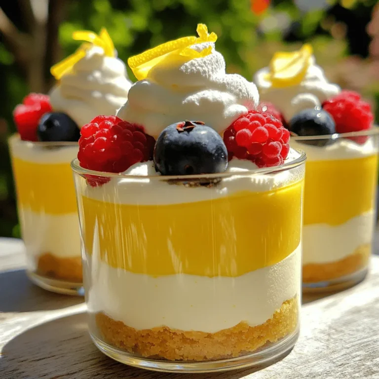 To make these lemon cheesecake cups, you need a few simple ingredients. Each one plays a role in creating that creamy, zesty flavor we love. Here’s what you will need: - 1 cup cream cheese, softened to room temperature - 1/2 cup powdered sugar, sifted for smoothness - 1/2 cup sour cream - 1/4 cup freshly squeezed lemon juice - Zest of 2 lemons - 1 teaspoon pure vanilla extract - 1 cup digestive biscuits or finely crushed graham crackers - 4 tablespoons unsalted butter, melted and slightly cooled - Fresh berries (such as strawberries, blueberries, or raspberries) for garnish - Whipped cream for topping (optional) These ingredients come together to create a delightful no-bake treat that is refreshing and easy to make. The cream cheese gives it a rich texture, while the lemon zest adds brightness. Using fresh lemon juice enhances the flavor and makes it taste homemade. You can also choose to add berries or whipped cream for a lovely finish. Mixing Ingredients for the Crust Start by gathering your ingredients. You will need 1 cup of crushed digestive biscuits or graham crackers and 4 tablespoons of melted unsalted butter. In a mixing bowl, combine the crumbs with the melted butter. Stir until the mixture looks like wet sand. This makes a great base for your cheesecake cups. Layering Crust in Cups Now, take the crumb mixture and scoop about 2 tablespoons into each serving cup. Use the back of a spoon or your fingers to press down gently. Make sure it is firm and even. This crust will give your dessert a nice crunch. Beating Cream Cheese Next, let’s make the cheesecake filling. In a large bowl, add 1 cup of softened cream cheese. Use an electric mixer to beat it until it is smooth and creamy. This step is key for a light texture. Adding Remaining Ingredients Gradually mix in 1/2 cup of sifted powdered sugar, 1/2 cup of sour cream, 1/4 cup of fresh lemon juice, and the zest of 2 lemons. Don’t forget to add 1 teaspoon of pure vanilla extract! Keep mixing until everything is well combined. The filling should look fluffy and delicious. Layering the Filling Now, it’s time to assemble the cups. Carefully spoon the creamy cheesecake filling over the crust in each cup. Fill them about three-quarters full. This leaves space for any toppings you want to add later. Importance of Chilling Cover the cups with plastic wrap and place them in the fridge. Let them chill for at least 2 hours. Chilling helps the cheesecake set and blend the flavors together. You will love the smooth texture when you take a bite! Importance of Softened Cream Cheese Softened cream cheese is key for a smooth filling. It mixes better when at room temperature. Take it out of the fridge at least 30 minutes before you start. This step makes your cheesecake creamy and prevents lumps. Achieving Creaminess with Mixing Mixing is crucial for a light texture. Use an electric mixer for even blending. Start slow to combine the cream cheese and sugar. Gradually add the sour cream, lemon juice, and zest. Mix until fluffy and well combined. Garnishing with Berries Fresh berries add color and flavor. Use strawberries, blueberries, or raspberries. Place a few on top of your cheesecake cups. This makes your dessert look more inviting. Plus, the tartness of the berries complements the lemon well. Drizzling Lemon Zest Lemon zest gives a nice touch. After you add the whipped cream, sprinkle zest on top. It adds brightness and an extra zing. This small step enhances both flavor and presentation. Pre-preparing Ingredients You can save time by prepping ahead. Crush the biscuits and mix the butter in advance. Store these in the fridge until you're ready. This way, the crust is ready to go when you need it. Choosing Quick-Garnishing Options If you're short on time, use ready-made garnishes. You can buy pre-washed berries or whipped cream. This step cuts down on prep time, leaving you more room to enjoy your dessert. {{image_4}} You can have fun with flavors in your lemon cheesecake cups. Here are two great ideas: - Berry Swirled Cheesecake Cups: Add a fruit swirl for a sweet twist. You can mix fresh berries like strawberries or blueberries into the cheesecake filling. To do this, mash some berries and gently fold them into the filling before layering it in the cups. This creates a lovely berry design. - Chocolate Lemon Cheesecake Cups: For a rich flavor, try adding chocolate. Mix in some cocoa powder to the cream cheese filling. You can also layer melted chocolate at the bottom of the cups before adding the lemon filling. This combo gives a nice balance of tart and sweet. If you have dietary needs, you can easily swap some ingredients: - Dairy-Free Alternatives: Use vegan cream cheese and coconut cream instead of sour cream. This makes the dessert dairy-free while keeping it creamy and delicious. - Gluten-Free Options: Instead of regular digestive biscuits or graham crackers, use gluten-free versions. Look for gluten-free cookies or even almond flour to make a crust. This way, everyone can enjoy your treat. The right drinks or presentation can elevate your cheesecake cups. Here are some ideas: - Pairing with Refreshing Beverages: Serve these cups with iced tea or lemonade. The bright flavors of lemon pair well with fruity drinks. You can even add mint leaves for a refreshing touch. - Festive Serving Ideas: For special occasions, use clear dessert glasses. This shows off the pretty layers. You can add a sprig of mint on top for color. This simple touch makes your dessert look fancy and inviting. To keep your lemon cheesecake cups fresh, store them in the fridge. Here’s how: - Refrigeration Guidelines: Place the cheesecake cups in the refrigerator within two hours of making them. This helps to maintain their creamy texture and flavor. Always cover the cups with plastic wrap or a lid to prevent them from absorbing other odors. - Container Suggestions: Use airtight containers or the original cups with lids. If you do not have lids, plastic wrap works well. Ensure the wrap is tightly sealed to keep out moisture and air. You want to enjoy your dessert at its best. Here’s how long they last: - How Long They Last in the Fridge: Lemon cheesecake cups can stay fresh for up to five days in the fridge. They taste best within the first three days, as the flavors blend nicely. - Freezing for Extended Storage: You can freeze these cups for up to two months. Just ensure they are well covered to prevent ice crystals from forming. When ready to eat, thaw them overnight in the fridge. Avoid refreezing once thawed, as it may change the texture. Yes, you can use low-fat cream cheese. It will still work in this recipe. However, the texture may be a bit different. The cheesecake might not be as rich and creamy. If you want a lighter version, this is a good choice. You can freeze lemon cheesecake cups for up to one month. Make sure to wrap them well. Use plastic wrap or a freezer-safe container. When ready to eat, just thaw them in the fridge overnight. This keeps them fresh and tasty. Absolutely! Making them a day ahead is a great idea. They will have more time to chill and set. This also lets the flavors mix better. Just cover them well and store in the fridge. Serve them the next day for a delightful treat! This blog post covered how to make delicious cheesecake cups. You learned about the essential ingredients and step-by-step instructions for mixing the crust and filling. Tips on perfecting texture and presentation helped you enhance your dessert. You also discovered fun variations and storage tips to keep them fresh. These cheesecake cups are easy to customize and perfect for any occasion. Try them out, and enjoy a delightful treat!