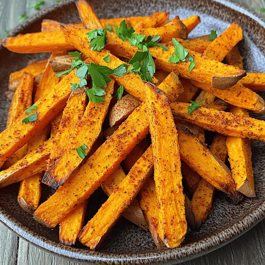 - 2 large sweet potatoes, peeled and cut into uniform fries - 2 tablespoons extra virgin olive oil - 1 teaspoon smoked paprika - 1 teaspoon chili powder - 1/2 teaspoon cayenne pepper (adjust based on your preferred spice level) - 1 teaspoon garlic powder - 1/2 teaspoon ground cumin - Salt to taste - Fresh parsley, finely chopped (for garnish) Using fresh sweet potatoes gives the best flavor and texture. Look for firm potatoes with smooth skin. Extra virgin olive oil adds richness and a hint of fruitiness. The spices should be fresh for the best taste. Check the dates on your spice jars to ensure they pack a punch. If you don't have sweet potatoes, you can try regular potatoes or even carrots. Canola oil or avocado oil works well instead of olive oil. For spices, you can skip the cayenne if you want milder fries. Use smoked paprika for that unique flavor, but regular paprika is fine too. If garlic powder is missing, fresh garlic works as well. Just chop it finely and use a small amount. First, set your air fryer to 400°F (200°C). Preheat it for about 5 minutes. This step helps the fries cook evenly and get crispy. Next, take 2 large sweet potatoes. Peel them and cut them into uniform fries. Aim for a shape that is about 1/4 inch thick. This size helps them cook well. In a big mixing bowl, add the sweet potato fries. Pour in 2 tablespoons of extra virgin olive oil. Toss the fries gently to coat them evenly. Now, sprinkle in the seasonings: - 1 teaspoon smoked paprika - 1 teaspoon chili powder - 1/2 teaspoon cayenne pepper (more if you like it spicier) - 1 teaspoon garlic powder - 1/2 teaspoon ground cumin - Salt to taste Mix everything well to ensure each fry gets a good dose of flavor. Carefully place the seasoned fries into the air fryer basket. Make sure they are in a single layer. This helps them cook evenly. Cook them for 15 to 20 minutes at 400°F (200°C). Remember to shake the basket halfway through cooking. This step helps the fries crisp up nicely. They are done when they turn golden brown and feel crispy. Once cooked, take them out and place them on a plate. Garnish with finely chopped parsley for a fresh touch. To get the best crunch from your sweet potato fries, start by cutting them evenly. Try to make each fry about the same size. This helps them cook evenly. Next, don't skip the olive oil. It adds flavor and helps with crispiness. Toss the fries well to coat them. When you place them in the air fryer, make sure they are in a single layer. If they overlap, they won't crisp up right. Shake the basket halfway through cooking. This allows hot air to reach all sides of the fries. Adjusting spice levels is easy and fun. If you like it milder, use less cayenne pepper. Start with just a pinch and taste. You can always add more spice if you want it hotter. For those who love heat, feel free to increase the cayenne or add more chili powder. Just remember, the flavors build up, so go slow. You want your fries spicy but still tasty! Dipping sauces can make these fries even better. I love serving them with spicy mayo. It adds creamy heat that pairs well with the sweetness. Another great option is creamy avocado ranch. It cools down the spice and adds a fresh taste. You can also try a simple garlic aioli for a rich flavor. Don't be afraid to get creative! {{image_4}} You can make your sweet potato fries even better with fun add-ons. Try adding grated cheese right before they finish cooking. A sprinkle of parmesan adds a salty, rich taste. You can also toss in some chopped jalapeños for extra heat. Want a crunch? Add some panko breadcrumbs to the mix before cooking. It gives a nice texture. Spice things up by changing the seasoning. Instead of smoked paprika, use curry powder for a warm twist. Or try a blend of Italian herbs for a herby flavor. You can even go sweet with cinnamon and a pinch of sugar. This gives your fries a unique taste that’s still yummy. These fries are already vegetarian and vegan-friendly, but you can enhance them. Use coconut oil instead of olive oil for a subtle flavor shift. Add some nutritional yeast to the spices for a cheesy taste without dairy. If you enjoy a tangy kick, drizzle some lemon juice on top right after cooking. These tweaks keep the dish fresh and exciting! To keep your leftover fries fresh, place them in an airtight container. Let them cool first. Once cool, cover them tightly. Store in the fridge for up to three days. This keeps them from getting soggy. To reheat your fries, use the air fryer again. Preheat it to 350°F (175°C). Place the fries in a single layer. Heat for about 5-7 minutes. This helps them regain their crispiness. You can also use an oven at the same temperature. Spread the fries on a baking sheet and bake for 10 minutes. If you want to keep fries longer, freezing is a great choice. First, let them cool completely. Then, spread them on a baking sheet. Freeze for about an hour. This prevents them from sticking together. After they are frozen, transfer them to a freezer bag. They can last for up to three months. When ready to eat, cook them directly from frozen in the air fryer. The best way to cut sweet potatoes for fries is to make uniform sticks. Aim for about 1/4 to 1/2 inch thick. This size helps them cook evenly and get crispy. Use a sharp knife for clean cuts. You can also use a mandoline for even slices. Yes, you can use regular potatoes. They will taste different but will still be tasty. Just remember, regular potatoes may not be as sweet or nutritious as sweet potatoes. The cooking time may vary slightly, so keep an eye on them. You will know the fries are cooked when they turn golden brown. They should also feel crispy on the outside. Use a fork to check the inside; it should be soft. If you shake the basket halfway through cooking, it helps them cook evenly. Yes, you can make these fries in a conventional oven. Preheat your oven to 425°F (220°C). Spread the fries on a baking sheet in a single layer. Bake for about 25-30 minutes, flipping halfway through for even cooking. The fries have a nice kick with cayenne pepper. If you like heat, use the full 1/2 teaspoon. If you prefer mild, use less. You can always taste and add more spice if needed. Adjusting the spice lets you customize the heat level. Sweet potatoes are very nutritious. They are high in vitamins A and C. They also provide fiber and potassium. Eating sweet potatoes can help with digestion and vision. Plus, they are lower in calories than regular potatoes. Enjoying them baked or fried is a great choice! You learned how to make crispy sweet potato fries with the air fryer. We covered ingredient quality, cooking steps, and tips for perfect results. You can try various seasonings and even make vegan versions. Storing and reheating leftover fries ensures you enjoy them later. Now, you have the tools to create tasty, healthy snacks. Get ready to impress friends and family with your new skills!