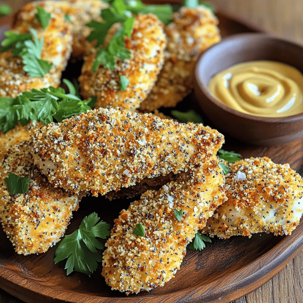 - 1 pound boneless, skinless chicken tenders - 1 cup all-purpose flour, seasoned with salt and pepper - 2 large eggs, beaten until frothy - 1 cup breadcrumbs - 3 tablespoons everything bagel seasoning - 1 teaspoon garlic powder - 1 teaspoon onion powder - Cooking spray When making Air Fryer Everything Bagel Chicken Tenders, you need fresh, quality ingredients. Start with one pound of boneless, skinless chicken tenders. They cook evenly and stay juicy. Next, prepare one cup of all-purpose flour. Season it with salt and pepper for flavor. This will be your first step in the breading. For the breading mixture, you will need two large eggs. Beat them until they are frothy. This egg wash helps the breadcrumbs stick. Next, grab one cup of breadcrumbs. These give the tenders a nice crunch. Then, add three tablespoons of everything bagel seasoning. This mix brings bold flavor to the dish. Don’t forget one teaspoon of garlic powder and one teaspoon of onion powder. These flavors enhance the chicken. Finally, have cooking spray ready. It keeps the chicken from sticking to the air fryer. With these ingredients, you can create a tasty meal that is both crunchy and flavorful. - First, preheat your air fryer to 400°F (200°C). This takes about 5 minutes. - Next, set up a three-station breading area. You will need three shallow bowls. - In the first bowl, add 1 cup of all-purpose flour. Season it with salt and pepper. - In the second bowl, whisk 2 large eggs until they are frothy. - In the third bowl, mix 1 cup of breadcrumbs with 3 tablespoons of everything bagel seasoning, 1 teaspoon of garlic powder, and 1 teaspoon of onion powder. Make sure it's well mixed. - Take a chicken tender and dredge it in the seasoned flour. Coat it fully and shake off any extra. - Next, dip the floured chicken tender into the beaten eggs. Ensure every part is covered. - Finally, roll the chicken tender in the breadcrumb mixture. Press gently to make sure it sticks. Repeat this for all chicken tenders. - Lightly spray the air fryer basket with cooking spray to keep the chicken from sticking. - Place the breaded chicken tenders in a single layer in the air fryer basket. Make sure they do not touch each other. - Cook the chicken tenders at 400°F (200°C) for 10-12 minutes. Flip them halfway through to get even browning. They are done when golden brown and reach an internal temperature of 165°F (74°C). - After cooking, take the chicken tenders out of the air fryer and let them rest for a couple of minutes before serving. To get a nice, even coat on your chicken tenders, follow these steps: - Use three shallow bowls for your breading. - First, coat the chicken in the seasoned flour. - Shake off any extra flour before moving on. - Dip the chicken in the beaten eggs next. - Make sure every inch is covered in egg wash. - Finally, roll the chicken in the breadcrumb mix. Press gently to help it stick. Breading in batches works best. Do a few at a time to keep things neat. This helps each piece cook evenly and makes clean-up easier. Flipping your chicken tenders halfway through cooking is key. This ensures a golden-brown crust on both sides. Use tongs to flip them safely. Keep an eye on your air fryer temperature. Cooking at 400°F (200°C) is perfect for crispy results. If you notice uneven browning, adjust the placement of tenders in the basket. For a great presentation, serve your chicken tenders on a rustic platter. You can also use a bright plate to make them pop. Garnish with fresh herbs like parsley or chives for color. Dipping sauces make this dish even better. Honey mustard or ranch are great choices. You can also try spicy sauce for a kick! {{image_4}} You can spice up your chicken tenders by using spicy everything bagel seasoning. This adds a nice kick. Mix cayenne pepper with regular everything bagel seasoning for a tasty twist. You can also try herb-infused variations. Adding dried herbs like thyme or rosemary brings fresh flavors to the tenders. Just mix these herbs into your breadcrumb mixture for a new taste. For a healthier choice, you can make an oven-baked version. Coat the chicken tenders the same way, then bake them on a lined sheet at 400°F (200°C) for about 15-20 minutes. This method is lower in fat but still tasty. If you need gluten-free options, use almond flour and gluten-free breadcrumbs. This way, everyone can enjoy these chicken tenders. Serve your chicken tenders with some great sides. I love pairing them with crispy sweet potato fries or a fresh garden salad. You can also add dipping sauces like honey mustard or ranch. These pair nicely and add extra flavor. For a fun touch, try a yogurt-based sauce with herbs to cool down the spice. To cool chicken tenders, place them on a wire rack. This keeps air flowing around them. It helps prevent steam from making them soggy. Let them cool for about 10 minutes. Store them in airtight containers. Glass or plastic containers work well for storage. Make sure they are fully cooled before sealing to avoid moisture buildup. Reheat chicken tenders in the air fryer for the best results. Set the air fryer to 375°F (190°C). Heat for about 5-7 minutes. This keeps them crispy. You can also use an oven. Preheat to 350°F (175°C) and heat for about 10 minutes. Watch closely to avoid drying them out. To freeze leftovers, let them cool completely first. Place chicken tenders in a single layer on a baking sheet. Freeze them for about 1-2 hours. Once frozen, transfer them to a freezer-safe bag. Remove as much air as possible before sealing. This helps prevent freezer burn. For thawing, place the bag in the fridge overnight. If you need them faster, use the microwave's defrost setting. After thawing, reheat them in the air fryer or oven for best texture. Can I use chicken breasts instead of tenders? Yes, you can use chicken breasts. Just cut them into strips. This helps them cook evenly. Chicken breasts may take a minute longer than tenders. How can I make the chicken tenders more flavorful? To boost flavor, try adding herbs or spices to the breading. You can mix in paprika, cayenne, or even some grated cheese. Marinating the chicken in buttermilk adds great taste too. How long do I cook chicken tenders in an air fryer? Cook the chicken tenders for 10-12 minutes. Flip them halfway through for even browning. Check they reach 165°F (74°C) inside. What is the best temperature for air frying chicken tenders? The best temperature is 400°F (200°C). This gives them a nice, crispy texture while keeping the inside juicy. What do I serve with everything bagel chicken tenders? These tenders go well with a salad or veggies. Try serving with honey mustard or ranch dressing for dipping. You can also add a side of fries for a fun meal. Can I make these chicken tenders ahead of time? Yes, you can prepare them ahead. Bread the chicken and store it in the fridge. Cook them right before serving for the best taste. You've now learned how to make delicious everything bagel chicken tenders. We discussed ingredients, detailed step-by-step instructions, and shared tips for the best results. Remember to experiment with flavors and side dishes to find what you love. Proper storage and reheating will keep your tenders tasty. Follow these steps, and you'll impress everyone at your next meal. Enjoy your cooking adventure!