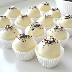 - 1 package (14.3 oz) Oreo cookies, finely crushed - 8 oz cream cheese, softened to room temperature - 1 teaspoon pure vanilla extract - 1 cup white chocolate chips - 1 tablespoon coconut oil - Additional crushed Oreo cookies for coating - Mixing bowl - Hand mixer or spatula - Baking sheet - Parchment paper - Microwave-safe bowl For the Oreo Cheesecake Truffles, you need just a few simple items. The star of this treat is the Oreo cookies. They add great flavor and texture. Next, you need cream cheese. It makes the truffles creamy and rich. Don’t forget the vanilla extract to enhance the taste. You’ll want some white chocolate chips. These melt beautifully and give a sweet coating. A little coconut oil helps the chocolate melt smoothly. Finally, grab some extra crushed Oreos for rolling the truffles. This adds a fun crunch and extra flavor. Gather these tools to make your life easier. A mixing bowl is a must for combining your ingredients. A hand mixer or a spatula will help you mix everything well. Use a baking sheet lined with parchment paper to hold your truffles. The parchment paper makes cleanup easy. And a microwave-safe bowl is needed to melt the chocolate. With these ingredients and tools ready, you will make the best Oreo Cheesecake Truffles! Start by taking your Oreo cookies and crushing them finely. You can use a food processor or place them in a bag and crush them with a rolling pin. Next, grab a mixing bowl and add in the softened cream cheese. Mix these two ingredients together until they form a smooth, creamy base. I like using a hand mixer for this step. It makes everything blend better and quicker. Now, it’s time to give your truffles some extra taste! Pour in one teaspoon of pure vanilla extract into the Oreo and cream cheese mixture. Stir well to make sure the vanilla is mixed throughout. This little touch will make your truffles taste even more delicious. Once your mixture is ready, wash your hands and grab a small amount. Roll it into a ball about one inch wide. It helps to have a uniform size, so they look nice together. Place each rolled ball onto a baking sheet lined with parchment paper. Keep going until you’ve shaped all the mixture into truffles. Now, we wait for a bit. Place the baking sheet with your truffles into the refrigerator. Let them chill for at least 30 minutes. This step is important because it helps the truffles firm up, making them easier to coat later. While the truffles chill, let’s work on the chocolate coating. In a microwave-safe bowl, combine one cup of white chocolate chips with one tablespoon of coconut oil. Microwave this mixture in 30-second intervals. Stir after each interval until the chocolate is smooth. This will create a nice, shiny coating. Take your chilled truffles out of the fridge. Carefully dip each truffle into the melted white chocolate. Make sure every part is covered, then let any extra chocolate drip off. After that, roll them in the additional crushed Oreo cookies for a tasty finish. Place them back on the baking sheet and return them to the fridge for another 15 minutes. This will help the chocolate set perfectly, giving you a great treat! To make great truffles, it is key to soften the cream cheese. Leave it out for about 30 minutes before mixing. Softened cream cheese blends well with crushed Oreos. This step helps you get a smooth and creamy mixture. For rolling uniform truffles, use a small scoop or your hands. Aim for about 1 inch in size. This keeps them easy to handle and fun to eat. Microwaving chocolate can be tricky. Use a microwave-safe bowl and add white chocolate chips with coconut oil. Heat in 30-second bursts at medium power. Stir well between each burst. This helps avoid clumps. Stop when the chocolate is smooth and fully melted. Presenting your truffles can be just as fun as making them. Use mini cupcake liners to hold each truffle. This adds a cute touch and keeps them tidy. For a fancy look, drizzle melted white chocolate on top. You can also sprinkle a few crushed Oreos for extra flair. Arrange them on a decorative plate or tiered tray for a stunning display. {{image_4}} You can change up the coating for your Oreo cheesecake truffles. Try using different types of chocolate. Dark chocolate or milk chocolate both work well. Each type adds a unique taste. You might also want to add sprinkles or chopped nuts for extra fun. Sprinkles bring color, while nuts add crunch. Both options can make your dessert look even more appealing. If you want to mix things up, consider adding flavors to the cheesecake base. Mint extract can give a fresh twist. Just a little goes a long way! Peanut butter is another great choice. It adds a rich, nutty flavor that pairs well with the Oreos. You can even try mixing in some crushed candy or fruit for added taste. For those looking for a lighter treat, you have options. Use low-fat cream cheese as a swap. This change reduces calories while keeping the creamy texture. If you're gluten-free, there are Oreo alternatives made without gluten. These swaps let everyone enjoy this tasty treat without worry. Store your Oreo cheesecake truffles in an airtight container. A good option is a glass or plastic container with a tight seal. This keeps them fresh and prevents them from drying out. You can stack them gently, but don’t squish them. Layer parchment paper between truffles if needed, to avoid sticking. These truffles taste best within a week. You can keep them in the fridge for up to ten days. After that, they may not taste as good, but they will still be safe to eat. The texture may change if you keep them too long. You can freeze the truffles for longer storage. To do this, place them in a single layer on a baking sheet. Freeze them for about two hours until they are solid. Then transfer them to a freezer-safe bag. When you want to eat them, take out as many as you need. Thaw them in the fridge for a few hours before serving. Avoid microwaving them, as it can change their texture. Yes, you can swap Oreos for other cookies. Try chocolate sandwich cookies or even graham crackers. Just remember, the flavor will change. Use cookies that blend well with cream cheese. To make dairy-free truffles, use dairy-free cream cheese. You can find options made from nuts or soy. For the chocolate, choose dairy-free chocolate chips. This keeps the treat creamy and delicious. If your chocolate is thick, add a little coconut oil. Start with a teaspoon and mix well. If it's still thick, add more oil slowly. This will help create a smoother coating for your truffles. Yes, you can add toppings after the chocolate has set. Use melted chocolate to stick on sprinkles, crushed cookies, or nuts. Just drizzle a bit of melted chocolate on top to hold them in place. Yes, chilling the truffles is important. It helps them hold their shape when you dip them in chocolate. Chill for at least 30 minutes. This step makes the process easier and keeps your truffles firm. These Oreo truffles are simple and fun to make. You combine crushed Oreos with cream cheese, roll them into balls, and coat them in chocolate. With tips for ideal texture and lots of variations, these treats fit any taste. You can store them easily or even freeze them for later. Enjoy your sweet creations! They are sure to impress anyone who tries them. Happy cooking!