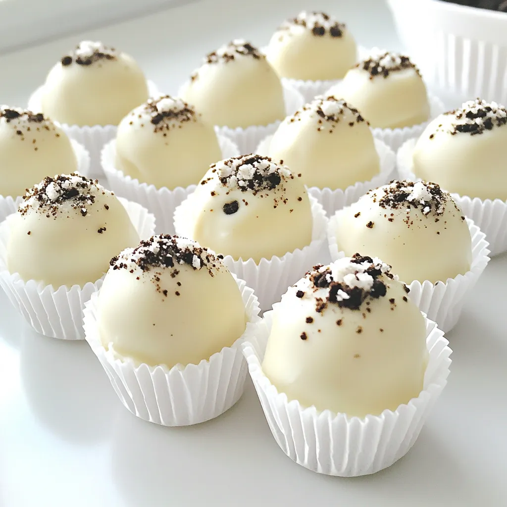 - 1 package (14.3 oz) Oreo cookies, finely crushed - 8 oz cream cheese, softened to room temperature - 1 teaspoon pure vanilla extract - 1 cup white chocolate chips - 1 tablespoon coconut oil - Additional crushed Oreo cookies for coating - Mixing bowl - Hand mixer or spatula - Baking sheet - Parchment paper - Microwave-safe bowl For the Oreo Cheesecake Truffles, you need just a few simple items. The star of this treat is the Oreo cookies. They add great flavor and texture. Next, you need cream cheese. It makes the truffles creamy and rich. Don’t forget the vanilla extract to enhance the taste. You’ll want some white chocolate chips. These melt beautifully and give a sweet coating. A little coconut oil helps the chocolate melt smoothly. Finally, grab some extra crushed Oreos for rolling the truffles. This adds a fun crunch and extra flavor. Gather these tools to make your life easier. A mixing bowl is a must for combining your ingredients. A hand mixer or a spatula will help you mix everything well. Use a baking sheet lined with parchment paper to hold your truffles. The parchment paper makes cleanup easy. And a microwave-safe bowl is needed to melt the chocolate. With these ingredients and tools ready, you will make the best Oreo Cheesecake Truffles! Start by taking your Oreo cookies and crushing them finely. You can use a food processor or place them in a bag and crush them with a rolling pin. Next, grab a mixing bowl and add in the softened cream cheese. Mix these two ingredients together until they form a smooth, creamy base. I like using a hand mixer for this step. It makes everything blend better and quicker. Now, it’s time to give your truffles some extra taste! Pour in one teaspoon of pure vanilla extract into the Oreo and cream cheese mixture. Stir well to make sure the vanilla is mixed throughout. This little touch will make your truffles taste even more delicious. Once your mixture is ready, wash your hands and grab a small amount. Roll it into a ball about one inch wide. It helps to have a uniform size, so they look nice together. Place each rolled ball onto a baking sheet lined with parchment paper. Keep going until you’ve shaped all the mixture into truffles. Now, we wait for a bit. Place the baking sheet with your truffles into the refrigerator. Let them chill for at least 30 minutes. This step is important because it helps the truffles firm up, making them easier to coat later. While the truffles chill, let’s work on the chocolate coating. In a microwave-safe bowl, combine one cup of white chocolate chips with one tablespoon of coconut oil. Microwave this mixture in 30-second intervals. Stir after each interval until the chocolate is smooth. This will create a nice, shiny coating. Take your chilled truffles out of the fridge. Carefully dip each truffle into the melted white chocolate. Make sure every part is covered, then let any extra chocolate drip off. After that, roll them in the additional crushed Oreo cookies for a tasty finish. Place them back on the baking sheet and return them to the fridge for another 15 minutes. This will help the chocolate set perfectly, giving you a great treat! To make great truffles, it is key to soften the cream cheese. Leave it out for about 30 minutes before mixing. Softened cream cheese blends well with crushed Oreos. This step helps you get a smooth and creamy mixture. For rolling uniform truffles, use a small scoop or your hands. Aim for about 1 inch in size. This keeps them easy to handle and fun to eat. Microwaving chocolate can be tricky. Use a microwave-safe bowl and add white chocolate chips with coconut oil. Heat in 30-second bursts at medium power. Stir well between each burst. This helps avoid clumps. Stop when the chocolate is smooth and fully melted. Presenting your truffles can be just as fun as making them. Use mini cupcake liners to hold each truffle. This adds a cute touch and keeps them tidy. For a fancy look, drizzle melted white chocolate on top. You can also sprinkle a few crushed Oreos for extra flair. Arrange them on a decorative plate or tiered tray for a stunning display. {{image_4}} You can change up the coating for your Oreo cheesecake truffles. Try using different types of chocolate. Dark chocolate or milk chocolate both work well. Each type adds a unique taste. You might also want to add sprinkles or chopped nuts for extra fun. Sprinkles bring color, while nuts add crunch. Both options can make your dessert look even more appealing. If you want to mix things up, consider adding flavors to the cheesecake base. Mint extract can give a fresh twist. Just a little goes a long way! Peanut butter is another great choice. It adds a rich, nutty flavor that pairs well with the Oreos. You can even try mixing in some crushed candy or fruit for added taste. For those looking for a lighter treat, you have options. Use low-fat cream cheese as a swap. This change reduces calories while keeping the creamy texture. If you're gluten-free, there are Oreo alternatives made without gluten. These swaps let everyone enjoy this tasty treat without worry. Store your Oreo cheesecake truffles in an airtight container. A good option is a glass or plastic container with a tight seal. This keeps them fresh and prevents them from drying out. You can stack them gently, but don’t squish them. Layer parchment paper between truffles if needed, to avoid sticking. These truffles taste best within a week. You can keep them in the fridge for up to ten days. After that, they may not taste as good, but they will still be safe to eat. The texture may change if you keep them too long. You can freeze the truffles for longer storage. To do this, place them in a single layer on a baking sheet. Freeze them for about two hours until they are solid. Then transfer them to a freezer-safe bag. When you want to eat them, take out as many as you need. Thaw them in the fridge for a few hours before serving. Avoid microwaving them, as it can change their texture. Yes, you can swap Oreos for other cookies. Try chocolate sandwich cookies or even graham crackers. Just remember, the flavor will change. Use cookies that blend well with cream cheese. To make dairy-free truffles, use dairy-free cream cheese. You can find options made from nuts or soy. For the chocolate, choose dairy-free chocolate chips. This keeps the treat creamy and delicious. If your chocolate is thick, add a little coconut oil. Start with a teaspoon and mix well. If it's still thick, add more oil slowly. This will help create a smoother coating for your truffles. Yes, you can add toppings after the chocolate has set. Use melted chocolate to stick on sprinkles, crushed cookies, or nuts. Just drizzle a bit of melted chocolate on top to hold them in place. Yes, chilling the truffles is important. It helps them hold their shape when you dip them in chocolate. Chill for at least 30 minutes. This step makes the process easier and keeps your truffles firm. These Oreo truffles are simple and fun to make. You combine crushed Oreos with cream cheese, roll them into balls, and coat them in chocolate. With tips for ideal texture and lots of variations, these treats fit any taste. You can store them easily or even freeze them for later. Enjoy your sweet creations! They are sure to impress anyone who tries them. Happy cooking!