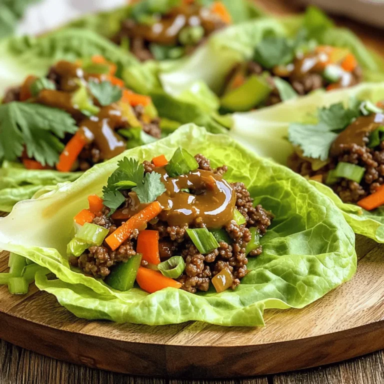 - 1 lb ground beef - 1 tablespoon fresh ginger, finely minced - 4 cloves garlic, finely minced - 2 teaspoons soy sauce - 1 tablespoon sesame oil The base of this dish is ground beef. I prefer lean beef for a healthier meal. Fresh ginger and garlic give a bright flavor. Soy sauce adds umami, while sesame oil brings warmth. Together, these key ingredients create a tasty filling. - 1 bell pepper, finely diced - 1 medium carrot, finely grated - 2 green onions, sliced thinly Vegetables bring crunch and color. Choose a bell pepper that is red or yellow for sweetness. Grated carrot adds texture, and green onions give a fresh taste. Adding these veggies makes the wraps even better. - 1 tablespoon honey or pure maple syrup - 1 tablespoon rice vinegar - Sea salt and black pepper Sweetness from honey or maple syrup balances the dish. Rice vinegar adds a tangy kick. Season with sea salt and black pepper to enhance all the flavors. These added seasonings make each bite a delight. 1. Heating the sesame oil Start by heating the sesame oil in a large skillet over medium-high heat. This oil adds a rich flavor. Allow the oil to warm up for about a minute. 2. Sautéing ginger and garlic Next, add the minced ginger and garlic to the skillet. Sauté them for about 30 seconds. Stir continuously until the mixture smells great and the garlic turns lightly golden. 1. Browning the ground beef Now, add the ground beef to the skillet. Use a wooden spoon to break the meat apart as it cooks. Cook for 5 to 7 minutes until the beef turns brown, with no pink left. 2. Adding vegetables Stir in the diced bell peppers and grated carrot. Sauté for another 3 to 4 minutes. The veggies should soften and mix well with the beef. 1. Preparing the sauce In a small bowl, mix the soy sauce, honey or maple syrup, and rice vinegar. Season this sauce with sea salt and black pepper to taste. 2. Mixing everything together Pour the sauce over the beef and vegetables in the skillet. Stir well to coat everything evenly. Let it cook together for 1 to 2 minutes. This helps blend the flavors nicely. - Properly browning the beef: Start with hot sesame oil. This step seals in flavor. Break apart the ground beef as it cooks. Stir it well for even browning. Look for a rich, brown color. This adds depth to your dish. - Ensuring vegetables stay crisp: Add the bell peppers and carrots after the beef browns. Cook them just until they soften. This keeps them vibrant and crunchy. Remember, you want a nice contrast in texture. - Arranging wraps on a platter: Use a large serving platter for your wraps. Arrange the lettuce leaves in a circle. Spoon the beef mixture in the center. This invites guests to build their own wraps. It’s fun and interactive! - Garnishing options: Top your wraps with green onions and cilantro. These herbs add freshness and color. You can also add lime wedges for a zesty touch. A sprinkle of sesame seeds looks great, too. - Suggestions for herbs and spices: Try adding fresh basil or mint. These herbs give a new twist. A pinch of chili flakes adds heat if you like spice. Experiment with different flavors to find your favorite. - Pairing with dipping sauces: Serve your wraps with soy sauce or hoisin sauce. These sauces complement the beef perfectly. For a twist, mix soy sauce with lime juice. This adds brightness to every bite. {{image_4}} You can make this dish lighter in a few ways. First, swap ground beef for ground turkey. Turkey has less fat and still tastes great. You can also use plant-based meat for a vegan option. This keeps the recipe tasty and healthy. Another easy change is to use low-sodium sauces. Regular soy sauce can be high in salt. Choose low-sodium soy sauce or tamari for a gluten-free option. Your wraps will still be full of flavor, but with less sodium. Want to spice things up? Add chili flakes or a splash of sriracha to the beef. This will give your wraps a nice kick. You can also mix in other veggies. Try adding sliced mushrooms or shredded cabbage. These options add crunch and flavor to your meal. Think about which lettuce to use. Butter lettuce is soft and easy to wrap. Romaine is crisp and adds a nice crunch. Both are great choices for holding your beef mixture. Pair these wraps with side dishes for a complete meal. Serve them with a light salad or steamed rice. You could also add a dipping sauce for extra flavor. Enjoy the fun and tasty experience of making these wraps! To store leftovers, first let the beef mixture cool. Place it in an airtight container. Store it in the fridge for up to three days. This method keeps the flavors fresh. For reheating, the best method is the stovetop. Use a skillet over medium heat. Add a splash of water to keep it moist. Stir often until heated through. You can also use a microwave. Heat in short bursts, stirring in between. You can freeze the beef mixture for later use. Place it in a freezer-safe bag. Make sure to remove as much air as possible. It can last up to three months in the freezer. To defrost, move it to the fridge overnight. For a quicker method, place the bag in cold water. Once thawed, reheat it using the stovetop method mentioned earlier, ensuring it's heated all the way through. It takes about 10 minutes to prep and 10 minutes to cook. In just 20 minutes, you can serve these wraps. The quick cooking time makes this meal perfect for busy nights. Yes, you can easily make this recipe gluten-free. Use tamari instead of soy sauce. This small change keeps the dish safe for gluten-free diets. Always check labels for hidden gluten in sauces. If you want to switch up the wraps, try using rice paper or collard greens. Both options add unique flavors and textures. You can even use whole grain tortillas for a different twist. This blog post highlighted the key ingredients, steps, and tips for making delicious Minute Ginger Garlic Beef Lettuce Wraps. I shared how to use ground beef, fresh produce, and several seasonings for flavor. Remember to try different variations for health or spice. Store any leftovers properly, and don’t hesitate to experiment. With these tips, you can create quick, tasty meals that impress. Dive in, follow the steps, and enjoy the experience!