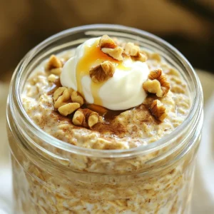 - 1 cup rolled oats - 1 cup unsweetened almond milk - 1 scoop vanilla protein powder - 1 tablespoon chia seeds - 1 tablespoon pure maple syrup - 1 teaspoon ground cinnamon - 1/2 teaspoon vanilla extract - A pinch of salt - 2 tablespoons chopped walnuts - 2 tablespoons plain Greek yogurt - Additional maple syrup for drizzling When I make High-Protein Cinnamon Roll Overnight Oats, I always start with these key ingredients. Rolled oats form the base, giving a great texture. Unsweetened almond milk adds creaminess without extra sugar. I love using vanilla protein powder for an extra boost. Chia seeds not only thicken the mix but also add fiber. I sweeten my oats with pure maple syrup. The ground cinnamon gives that warm, cozy flavor. A pinch of salt enhances all the tastes. If you want a little crunch, add chopped walnuts. For a creamy finish, top with Greek yogurt. A drizzle of maple syrup can make it even sweeter! - In a medium bowl, combine 1 cup rolled oats and 1 cup unsweetened almond milk. - Add 1 scoop vanilla protein powder and 1 tablespoon pure maple syrup. - Mix in 1 tablespoon chia seeds, 1 teaspoon ground cinnamon, and a pinch of salt. Stir well with a whisk or fork. Make sure there are no clumps of protein powder. The chia seeds should blend in nicely. If you want a little crunch, fold in 2 tablespoons of chopped walnuts. This adds great texture. - Carefully divide the mixture into two jars or containers. - Seal the jars tightly and place them in the fridge. Refrigerate them overnight or for at least 4 hours. This helps the oats soak up the liquid and get soft. - When you wake up, take the jars out of the fridge. Give the oats a good stir. - If the mix is too thick, add a splash of milk to make it creamier. Top each jar with 2 tablespoons of plain Greek yogurt. This adds protein and creaminess. You can drizzle more maple syrup on top if you want extra sweetness. Enjoy your oats right from the jar or pour them into a bowl for a nice breakfast treat! - Adjust thickness with milk: If your oats are too thick, add more milk. This makes them creamier and easier to eat. - Let chill for optimal absorption: Keep your jars in the fridge overnight. This helps the oats soak up the milk. - Experiment with spices: Try adding nutmeg or ginger for a new twist. Small changes can make a big difference. - Use flavored protein powder: Swap vanilla for chocolate or cookies and cream. It adds fun flavors to your breakfast. - Top with fresh fruits or nuts: Fresh berries, sliced bananas, or nuts add crunch and color. They also boost nutrition and taste. {{image_4}} You can change the flavor of your overnight oats to keep things exciting. - Chocolate protein version: Swap the vanilla protein powder for chocolate. This gives a rich taste that feels like a treat. - Pumpkin spice oats for autumn: Add pumpkin puree and pumpkin spice for a cozy twist. It’s like fall in a jar! - Nut butter swirl for added richness: Mix in your favorite nut butter before chilling. This adds creaminess and a nutty flavor. You can make these oats fit your dietary needs easily. - Dairy-free alternatives: Use any plant-based milk like oat or coconut milk. They work well and keep it creamy. - Gluten-free oats: Look for certified gluten-free rolled oats. They are safe for those with gluten issues. - Low-carb sweeteners: If you want less sugar, try stevia or monk fruit. They add sweetness without the carbs. Store your High-Protein Cinnamon Roll Overnight Oats in the fridge. They stay fresh for up to four days. Use airtight jars to keep them safe. This helps maintain their creamy texture. If the oats thicken too much, add a splash of milk before eating. You can freeze your overnight oats for longer storage. To freeze, place the oats in freezer-safe jars. Leave some space at the top, as they will expand. When you want to eat them, pull a jar from the freezer. Let it thaw in the fridge overnight. To warm, microwave for a minute or two. Stir and enjoy! Yes, you can use quick oats. However, the texture will change. Quick oats cook faster and become softer. This can lead to a creamier consistency. Rolled oats are chewier and hold their shape better. If you like a thicker and heartier dish, stick to rolled oats. This recipe has about 24 grams of protein per serving. The protein comes from several sources: - 1 scoop of vanilla protein powder adds about 20 grams. - 2 tablespoons of Greek yogurt add approximately 4 grams. Overall, this dish is a protein-packed breakfast choice. Yes, you can easily make this recipe vegan. Here are some options: - Use a plant-based protein powder. - Replace Greek yogurt with dairy-free yogurt. - Choose maple syrup as your sweetener. These simple swaps keep the taste delicious and maintain a high protein level. This blog post shared a simple recipe for overnight oats. I covered the key ingredients, preparation steps, and tips to enhance flavor. You can personalize it with add-ins like nuts or yogurt. Adjust storage for freshness and explore variations for different tastes. Overnight oats are easy to make and flexible for your needs. Enjoy your healthy breakfast!