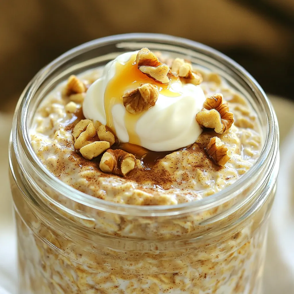 - 1 cup rolled oats - 1 cup unsweetened almond milk - 1 scoop vanilla protein powder - 1 tablespoon chia seeds - 1 tablespoon pure maple syrup - 1 teaspoon ground cinnamon - 1/2 teaspoon vanilla extract - A pinch of salt - 2 tablespoons chopped walnuts - 2 tablespoons plain Greek yogurt - Additional maple syrup for drizzling When I make High-Protein Cinnamon Roll Overnight Oats, I always start with these key ingredients. Rolled oats form the base, giving a great texture. Unsweetened almond milk adds creaminess without extra sugar. I love using vanilla protein powder for an extra boost. Chia seeds not only thicken the mix but also add fiber. I sweeten my oats with pure maple syrup. The ground cinnamon gives that warm, cozy flavor. A pinch of salt enhances all the tastes. If you want a little crunch, add chopped walnuts. For a creamy finish, top with Greek yogurt. A drizzle of maple syrup can make it even sweeter! - In a medium bowl, combine 1 cup rolled oats and 1 cup unsweetened almond milk. - Add 1 scoop vanilla protein powder and 1 tablespoon pure maple syrup. - Mix in 1 tablespoon chia seeds, 1 teaspoon ground cinnamon, and a pinch of salt. Stir well with a whisk or fork. Make sure there are no clumps of protein powder. The chia seeds should blend in nicely. If you want a little crunch, fold in 2 tablespoons of chopped walnuts. This adds great texture. - Carefully divide the mixture into two jars or containers. - Seal the jars tightly and place them in the fridge. Refrigerate them overnight or for at least 4 hours. This helps the oats soak up the liquid and get soft. - When you wake up, take the jars out of the fridge. Give the oats a good stir. - If the mix is too thick, add a splash of milk to make it creamier. Top each jar with 2 tablespoons of plain Greek yogurt. This adds protein and creaminess. You can drizzle more maple syrup on top if you want extra sweetness. Enjoy your oats right from the jar or pour them into a bowl for a nice breakfast treat! - Adjust thickness with milk: If your oats are too thick, add more milk. This makes them creamier and easier to eat. - Let chill for optimal absorption: Keep your jars in the fridge overnight. This helps the oats soak up the milk. - Experiment with spices: Try adding nutmeg or ginger for a new twist. Small changes can make a big difference. - Use flavored protein powder: Swap vanilla for chocolate or cookies and cream. It adds fun flavors to your breakfast. - Top with fresh fruits or nuts: Fresh berries, sliced bananas, or nuts add crunch and color. They also boost nutrition and taste. {{image_4}} You can change the flavor of your overnight oats to keep things exciting. - Chocolate protein version: Swap the vanilla protein powder for chocolate. This gives a rich taste that feels like a treat. - Pumpkin spice oats for autumn: Add pumpkin puree and pumpkin spice for a cozy twist. It’s like fall in a jar! - Nut butter swirl for added richness: Mix in your favorite nut butter before chilling. This adds creaminess and a nutty flavor. You can make these oats fit your dietary needs easily. - Dairy-free alternatives: Use any plant-based milk like oat or coconut milk. They work well and keep it creamy. - Gluten-free oats: Look for certified gluten-free rolled oats. They are safe for those with gluten issues. - Low-carb sweeteners: If you want less sugar, try stevia or monk fruit. They add sweetness without the carbs. Store your High-Protein Cinnamon Roll Overnight Oats in the fridge. They stay fresh for up to four days. Use airtight jars to keep them safe. This helps maintain their creamy texture. If the oats thicken too much, add a splash of milk before eating. You can freeze your overnight oats for longer storage. To freeze, place the oats in freezer-safe jars. Leave some space at the top, as they will expand. When you want to eat them, pull a jar from the freezer. Let it thaw in the fridge overnight. To warm, microwave for a minute or two. Stir and enjoy! Yes, you can use quick oats. However, the texture will change. Quick oats cook faster and become softer. This can lead to a creamier consistency. Rolled oats are chewier and hold their shape better. If you like a thicker and heartier dish, stick to rolled oats. This recipe has about 24 grams of protein per serving. The protein comes from several sources: - 1 scoop of vanilla protein powder adds about 20 grams. - 2 tablespoons of Greek yogurt add approximately 4 grams. Overall, this dish is a protein-packed breakfast choice. Yes, you can easily make this recipe vegan. Here are some options: - Use a plant-based protein powder. - Replace Greek yogurt with dairy-free yogurt. - Choose maple syrup as your sweetener. These simple swaps keep the taste delicious and maintain a high protein level. This blog post shared a simple recipe for overnight oats. I covered the key ingredients, preparation steps, and tips to enhance flavor. You can personalize it with add-ins like nuts or yogurt. Adjust storage for freshness and explore variations for different tastes. Overnight oats are easy to make and flexible for your needs. Enjoy your healthy breakfast!