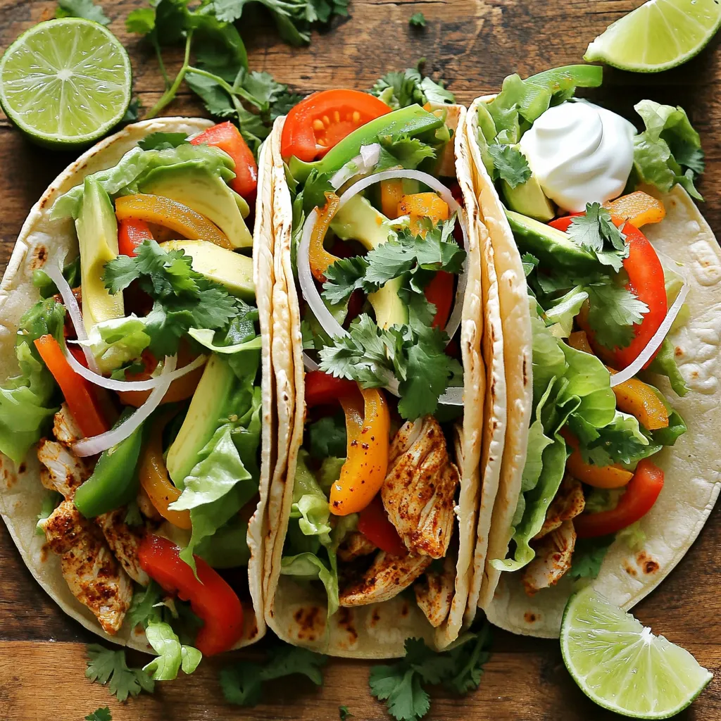 - 2 boneless, skinless chicken breasts, thinly sliced - 2 tablespoons Cajun seasoning (adjust to taste) - 8 small corn or flour tortillas - 1 bell pepper (red, yellow, or green), thinly sliced - 1 medium onion, thinly sliced - 1 cup shredded romaine or iceberg lettuce - ½ cup fresh tomatoes, diced - 1 ripe avocado, sliced - ¼ cup fresh cilantro, chopped - 1 tablespoon extra virgin olive oil - ¼ cup sour cream or plain Greek yogurt - Lime wedges, for serving When I make Spicy Cajun Chicken Tacos, I focus on fresh and bold flavors. The chicken is the star, and Cajun seasoning gives it a nice kick. I prefer using boneless, skinless chicken breasts for easy cooking and slicing. The colorful bell pepper adds crunch. I like to use different colors for a vibrant plate. Onions add sweetness when cooked, and they pair well with the spice. Fresh lettuce and diced tomatoes bring a refreshing bite, while slices of avocado add creaminess. I always finish my tacos with a sprinkle of cilantro for a fresh touch. Olive oil helps cook the chicken and veggies perfectly. The tortillas hold everything together. I choose either corn or flour based on my mood. Finally, a dollop of sour cream or Greek yogurt adds coolness. Lime wedges are a must for that zesty finish! To start, take the thinly sliced chicken breasts and place them in a bowl. Add 2 tablespoons of Cajun seasoning. You can adjust this to match your taste. Mix the chicken well until every piece is coated. This step is key for bold flavor. Next, heat 1 tablespoon of olive oil in a large skillet over medium-high heat. Once the oil shimmers, add the seasoned chicken. Cook for 5-7 minutes, stirring often. You want the chicken to turn golden-brown and be fully cooked. This ensures it stays juicy and tender. After the chicken is cooked, add the thinly sliced bell pepper and onion to the skillet. Stir this mix often and cook for 3-4 minutes. You want the vegetables to soften and caramelize a little. This adds sweetness and texture to your tacos. While the chicken and veggies cook, it’s time to warm the tortillas. For a crispy edge, use a dry skillet over medium heat. Heat each tortilla for about 30 seconds on both sides. If you prefer soft tortillas, microwave them for 15 seconds. Both methods work well! Now, it's time to build your tacos. Lay warm tortillas flat on a clean surface. Add a generous spoonful of the chicken and veggie mixture to the center of each tortilla. Make sure not to overfill them, so they are easy to handle. Finally, top each taco with shredded lettuce, diced tomatoes, and avocado slices. Add a dollop of sour cream or Greek yogurt for creaminess. Sprinkle fresh cilantro on top for a nice finish. Serve the tacos right away, with lime wedges on the side. Squeezing lime juice over the tacos adds a burst of flavor that you will love! You can make the spice level just right for you. Start with the Cajun seasoning. Use two tablespoons for a good kick. If you want it milder, use less seasoning. Add a pinch of cayenne if you like more heat. Taste the chicken as you cook. This way, you can adjust to your liking. Serve these tacos right after making them. Warm tortillas hold the chicken better. If you wait too long, they can get soggy. Keep toppings separate until serving. This keeps everything crisp and fresh. When ready, pile on the toppings. This makes each taco look great and taste even better! Having the right tools helps a lot. Use a good skillet for cooking the chicken. A sharp knife makes slicing veggies easy. I recommend a spatula for stirring. This keeps everything mixed well. Don't forget tongs for flipping tortillas. These tools save time and make cooking smooth. {{image_4}} You can swap chicken for other meats. Try shrimp, beef, or pork. Each adds a unique twist to the dish. If you opt for shrimp, cook them for just a few minutes. Thinly sliced beef or pork works well too; cook until golden brown. Adjust the Cajun seasoning to match the protein you choose. To create a veggie taco, start with mushrooms or zucchini. These veggies add great texture and flavor. You can also use beans for protein. Black beans or chickpeas are filling and tasty. Season the veggies with Cajun spices just like the chicken. Sauté them until soft and mix with your favorite toppings. Enhance your tacos with fun toppings. Add diced jalapeños for heat or pickled onions for tang. Crumbled feta or queso fresco can add creaminess. Fresh corn or pineapple will give a sweet contrast. Lime juice brightens every bite. Mix and match toppings for a taco party! To keep leftover tacos fresh, store them in an airtight container. Place the chicken mixture and toppings in separate containers. This helps maintain flavor and texture. Use the chicken within three days for best taste. You can also keep the tortillas in a sealed bag. To reheat your tacos, use a skillet on medium heat. Add a drop of oil for better flavor. Heat the chicken and veggies for about five minutes, stirring often. Warm tortillas separately for 30 seconds in the skillet. This method keeps them soft and tasty. Yes, you can freeze the chicken mixture. Place it in a freezer-safe bag. Remove as much air as possible before sealing. The mixture stays good for up to three months. When ready to use, thaw it in the fridge overnight. Then, reheat as mentioned above. You can serve spicy Cajun chicken tacos with several tasty sides: - Mexican rice - Black beans - Corn salsa - Guacamole - Chips and queso These sides add flavor and make the meal more filling. These tacos are quick to make! - Prep Time: 10 minutes - Cook Time: 15 minutes Total Time: 25 minutes. You can enjoy these tacos in less than half an hour! Yes, you can adjust the spice level. - Use less Cajun seasoning. - Choose a milder brand. - Add more toppings like sour cream to balance the heat. This makes the dish more friendly for sensitive taste buds. Both corn and flour tortillas work well for tacos. - Corn tortillas have a nice, nutty flavor. - Flour tortillas are soft and chewy. Choose based on your taste and texture preference. Yes, there are great gluten-free tortillas. Look for brands made from: - Almond flour - Coconut flour - Rice flour These options let everyone enjoy the tacos without worries. In this post, we explored making spicy Cajun chicken tacos. We covered the key ingredients, from chicken breasts to fresh veggies and condiments. I shared step-by-step cooking instructions, tips for customizing spice levels, and ways to keep your tacos fresh. You can also find fun variations and storage tips for leftovers. Enjoy your cooking adventure, and remember to get creative with your taco toppings! Cooking should be fun and flavorful.