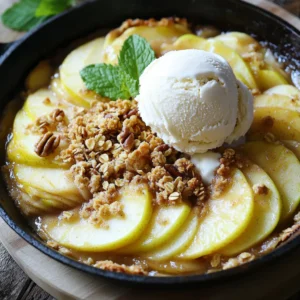To make the Apple Crisp Skillet with Vanilla Ice Cream, gather these simple ingredients: - 4 large apples (Granny Smith or Honeycrisp) - 1 cup rolled oats - 1/2 cup brown sugar - 1/2 cup all-purpose flour - 1/3 cup unsalted butter (melted) - 1 teaspoon ground cinnamon - 1/2 teaspoon ground nutmeg - 1/4 teaspoon salt - 1 teaspoon vanilla extract - 1 cup chopped nuts (walnuts or pecans) - Creamy vanilla ice cream for serving Using fresh apples is key to great flavor. Granny Smith apples bring a nice tartness. Honeycrisp apples add a sweet crunch. The mix of oats, brown sugar, and nuts creates a perfect topping. The butter helps bind it all together and adds richness. Vanilla extract enhances the dish with a warm aroma. Chopped nuts give a delightful crunch. You can choose walnuts or pecans for added flavor. Last but not least, creamy vanilla ice cream makes this dessert special. It melts beautifully over the warm crisp, adding a cool contrast. Now that you have the ingredients, you’re ready to create a warm, cozy dessert that everyone will love. - Preheating the Oven First, you need to preheat your oven to 350°F (175°C). This step is key for even baking. - Preparing the Skillet Next, take a large, oven-safe skillet. Lightly grease it with non-stick spray. This makes cleanup much easier. - Coating the Apples In a bowl, combine your sliced apples with ground cinnamon, nutmeg, salt, and vanilla extract. Toss well to coat all the apple slices. This adds great flavor to the apples. - Combining Dry Ingredients In another bowl, mix the rolled oats, brown sugar, flour, and chopped nuts. Stir these dry ingredients until they blend well together. - Adding Melted Butter Now, pour melted butter over the oat mixture. Use a fork or your fingers to mix until it becomes crumbly. This topping will give your crisp a nice texture. - Arranging in Skillet Spread the apple mixture evenly in the greased skillet. Ensure the apples lie flat for even cooking. - Baking Time and Temperature Bake the skillet in your preheated oven for about 30-35 minutes. Look for the apples to soften and the topping to turn golden brown. - Cooling Period for Serving Once baked, remove the skillet from the oven. Let it cool for about 10 minutes. This cooling time helps the crisp set, making it easier to serve. When you pick apples for this dish, go for Granny Smith or Honeycrisp. These apples give a nice sweet and tart flavor. They hold their shape well, so they won’t turn mushy. Always choose firm apples. Most grocery stores carry these varieties. If you want a sweeter crisp, mix in some Fuji or Gala apples too. This blend adds depth to the taste. To make your topping crumbly, use cold butter. Melted butter helps, but cold gives a better texture. Mix your dry ingredients well. This includes oats, sugar, flour, and nuts. When you add the butter, mix by hand. This keeps the topping from getting too mushy. The goal is to have small clumps that will bake into a crispy layer. Don’t skip the nuts; they add crunch and flavor. Serve your crisp right from the skillet for a rustic look. This adds charm and warmth. Use a large spoon or spatula to scoop out portions. A scoop of vanilla ice cream on top is a must. The warm crisp and cold ice cream make a great pair. For a pop of color, garnish with fresh mint leaves. It makes the dish look even more inviting. For a sweet upgrade, drizzle caramel sauce over the ice cream. This adds richness and a nice touch of sweetness. You can heat the caramel slightly before drizzling. This makes it easier to pour. If you want to impress, sprinkle some sea salt on top. This balances the sweetness and creates a delightful flavor contrast. {{image_4}} You can change the nuts in your crisp. Try walnuts or pecans for a new taste. Each nut adds its own flavor. If you want a nut-free option, skip the nuts. You can use more oats instead. This swap gives the crisp a chewy texture. Adding dried fruits can make your crisp special. Consider raisins, cranberries, or apricots. These fruits add sweetness and chewiness. You can also try spices like ginger or cloves. These spices add warmth and depth. A pinch of nutmeg or a dash of allspice can work wonders too. Serving your crisp is fun and creative. You can scoop individual portions into small bowls. This makes it easy for guests to enjoy. Or, serve it straight from the skillet. This rustic look brings a cozy feel to the table. You could even add whipped cream or a drizzle of caramel for extra flair. - Best Practices for Refrigeration Store any leftover apple crisp in an airtight container. Keep it in the fridge. It stays fresh for up to three days. Make sure it cools to room temperature before sealing it. This helps keep it from getting soggy. - Reheating Tips To reheat, place your apple crisp in an oven-safe dish. Heat it at 350°F (175°C) for about 15 minutes. You can also use the microwave. Heat it in 30-second bursts. This way, you warm it without overcooking it. - How to Freeze Apple Crisp To freeze, let the apple crisp cool completely. Place it in a freezer-safe container. Wrap it tightly in plastic wrap and then foil. This helps prevent freezer burn. It can last up to three months in the freezer. - Thawing and Reheating When you want to enjoy your frozen apple crisp, take it out of the freezer. Let it thaw in the fridge overnight. Once thawed, reheat it as mentioned above for the best taste. Enjoy every bite of this delicious treat! Yes, you can make this recipe gluten-free. Just swap out the all-purpose flour for gluten-free flour. Use certified gluten-free oats as well. This way, you can enjoy the apple crisp without gluten. Creamy vanilla ice cream is the classic choice. Its rich flavor complements the warm apples and spices. You might also try caramel or cinnamon ice cream for extra flavor. Each adds a lovely twist to your dessert. Look for a golden brown topping and soft apples. The crisp should bubble slightly around the edges. If the topping is golden and the apples are tender, it is ready to come out of the oven. Absolutely! You can use berries, pears, or peaches. Each fruit brings its own unique flavor. Just adjust the spices to match the fruit you choose. For example, add a touch of lemon zest for a citrusy twist. You can store leftover apple crisp for about 3 to 4 days in the fridge. Make sure to cover it well to keep it fresh. You can also freeze it for up to 3 months. Just reheat it in the oven when you're ready to enjoy it again. We covered how to make a delicious apple crisp with simple steps and tasty ingredients. You learned about the right apples, the best nuts, and how to serve it. Always remember to let it cool before enjoying. For a twist, try different nuts or add spices to suit your taste. This dish is perfect for any gathering or a cozy night in. Enjoy your homemade apple crisp, and let your creativity shine in the kitchen!
