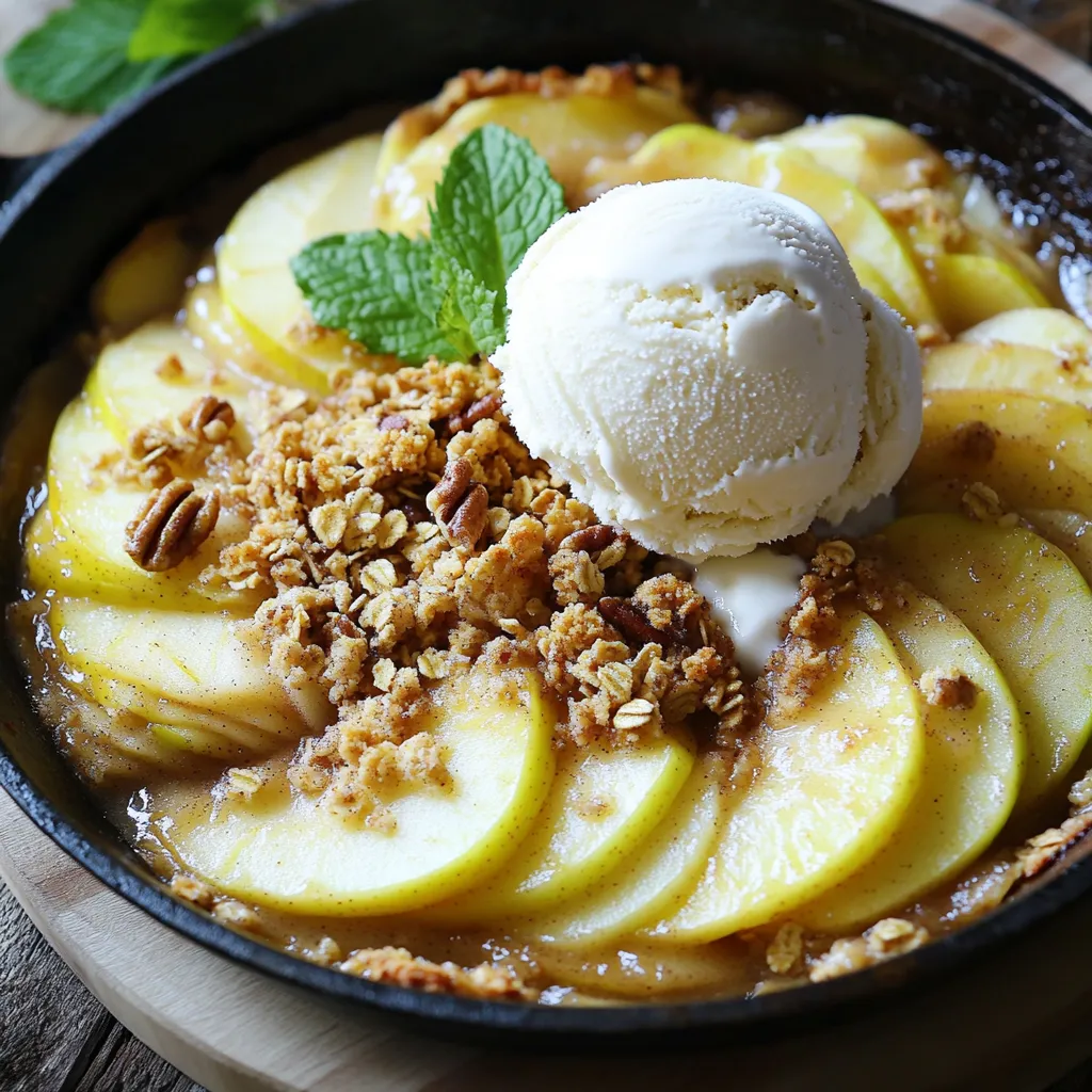 To make the Apple Crisp Skillet with Vanilla Ice Cream, gather these simple ingredients: - 4 large apples (Granny Smith or Honeycrisp) - 1 cup rolled oats - 1/2 cup brown sugar - 1/2 cup all-purpose flour - 1/3 cup unsalted butter (melted) - 1 teaspoon ground cinnamon - 1/2 teaspoon ground nutmeg - 1/4 teaspoon salt - 1 teaspoon vanilla extract - 1 cup chopped nuts (walnuts or pecans) - Creamy vanilla ice cream for serving Using fresh apples is key to great flavor. Granny Smith apples bring a nice tartness. Honeycrisp apples add a sweet crunch. The mix of oats, brown sugar, and nuts creates a perfect topping. The butter helps bind it all together and adds richness. Vanilla extract enhances the dish with a warm aroma. Chopped nuts give a delightful crunch. You can choose walnuts or pecans for added flavor. Last but not least, creamy vanilla ice cream makes this dessert special. It melts beautifully over the warm crisp, adding a cool contrast. Now that you have the ingredients, you’re ready to create a warm, cozy dessert that everyone will love. - Preheating the Oven First, you need to preheat your oven to 350°F (175°C). This step is key for even baking. - Preparing the Skillet Next, take a large, oven-safe skillet. Lightly grease it with non-stick spray. This makes cleanup much easier. - Coating the Apples In a bowl, combine your sliced apples with ground cinnamon, nutmeg, salt, and vanilla extract. Toss well to coat all the apple slices. This adds great flavor to the apples. - Combining Dry Ingredients In another bowl, mix the rolled oats, brown sugar, flour, and chopped nuts. Stir these dry ingredients until they blend well together. - Adding Melted Butter Now, pour melted butter over the oat mixture. Use a fork or your fingers to mix until it becomes crumbly. This topping will give your crisp a nice texture. - Arranging in Skillet Spread the apple mixture evenly in the greased skillet. Ensure the apples lie flat for even cooking. - Baking Time and Temperature Bake the skillet in your preheated oven for about 30-35 minutes. Look for the apples to soften and the topping to turn golden brown. - Cooling Period for Serving Once baked, remove the skillet from the oven. Let it cool for about 10 minutes. This cooling time helps the crisp set, making it easier to serve. When you pick apples for this dish, go for Granny Smith or Honeycrisp. These apples give a nice sweet and tart flavor. They hold their shape well, so they won’t turn mushy. Always choose firm apples. Most grocery stores carry these varieties. If you want a sweeter crisp, mix in some Fuji or Gala apples too. This blend adds depth to the taste. To make your topping crumbly, use cold butter. Melted butter helps, but cold gives a better texture. Mix your dry ingredients well. This includes oats, sugar, flour, and nuts. When you add the butter, mix by hand. This keeps the topping from getting too mushy. The goal is to have small clumps that will bake into a crispy layer. Don’t skip the nuts; they add crunch and flavor. Serve your crisp right from the skillet for a rustic look. This adds charm and warmth. Use a large spoon or spatula to scoop out portions. A scoop of vanilla ice cream on top is a must. The warm crisp and cold ice cream make a great pair. For a pop of color, garnish with fresh mint leaves. It makes the dish look even more inviting. For a sweet upgrade, drizzle caramel sauce over the ice cream. This adds richness and a nice touch of sweetness. You can heat the caramel slightly before drizzling. This makes it easier to pour. If you want to impress, sprinkle some sea salt on top. This balances the sweetness and creates a delightful flavor contrast. {{image_4}} You can change the nuts in your crisp. Try walnuts or pecans for a new taste. Each nut adds its own flavor. If you want a nut-free option, skip the nuts. You can use more oats instead. This swap gives the crisp a chewy texture. Adding dried fruits can make your crisp special. Consider raisins, cranberries, or apricots. These fruits add sweetness and chewiness. You can also try spices like ginger or cloves. These spices add warmth and depth. A pinch of nutmeg or a dash of allspice can work wonders too. Serving your crisp is fun and creative. You can scoop individual portions into small bowls. This makes it easy for guests to enjoy. Or, serve it straight from the skillet. This rustic look brings a cozy feel to the table. You could even add whipped cream or a drizzle of caramel for extra flair. - Best Practices for Refrigeration Store any leftover apple crisp in an airtight container. Keep it in the fridge. It stays fresh for up to three days. Make sure it cools to room temperature before sealing it. This helps keep it from getting soggy. - Reheating Tips To reheat, place your apple crisp in an oven-safe dish. Heat it at 350°F (175°C) for about 15 minutes. You can also use the microwave. Heat it in 30-second bursts. This way, you warm it without overcooking it. - How to Freeze Apple Crisp To freeze, let the apple crisp cool completely. Place it in a freezer-safe container. Wrap it tightly in plastic wrap and then foil. This helps prevent freezer burn. It can last up to three months in the freezer. - Thawing and Reheating When you want to enjoy your frozen apple crisp, take it out of the freezer. Let it thaw in the fridge overnight. Once thawed, reheat it as mentioned above for the best taste. Enjoy every bite of this delicious treat! Yes, you can make this recipe gluten-free. Just swap out the all-purpose flour for gluten-free flour. Use certified gluten-free oats as well. This way, you can enjoy the apple crisp without gluten. Creamy vanilla ice cream is the classic choice. Its rich flavor complements the warm apples and spices. You might also try caramel or cinnamon ice cream for extra flavor. Each adds a lovely twist to your dessert. Look for a golden brown topping and soft apples. The crisp should bubble slightly around the edges. If the topping is golden and the apples are tender, it is ready to come out of the oven. Absolutely! You can use berries, pears, or peaches. Each fruit brings its own unique flavor. Just adjust the spices to match the fruit you choose. For example, add a touch of lemon zest for a citrusy twist. You can store leftover apple crisp for about 3 to 4 days in the fridge. Make sure to cover it well to keep it fresh. You can also freeze it for up to 3 months. Just reheat it in the oven when you're ready to enjoy it again. We covered how to make a delicious apple crisp with simple steps and tasty ingredients. You learned about the right apples, the best nuts, and how to serve it. Always remember to let it cool before enjoying. For a twist, try different nuts or add spices to suit your taste. This dish is perfect for any gathering or a cozy night in. Enjoy your homemade apple crisp, and let your creativity shine in the kitchen!