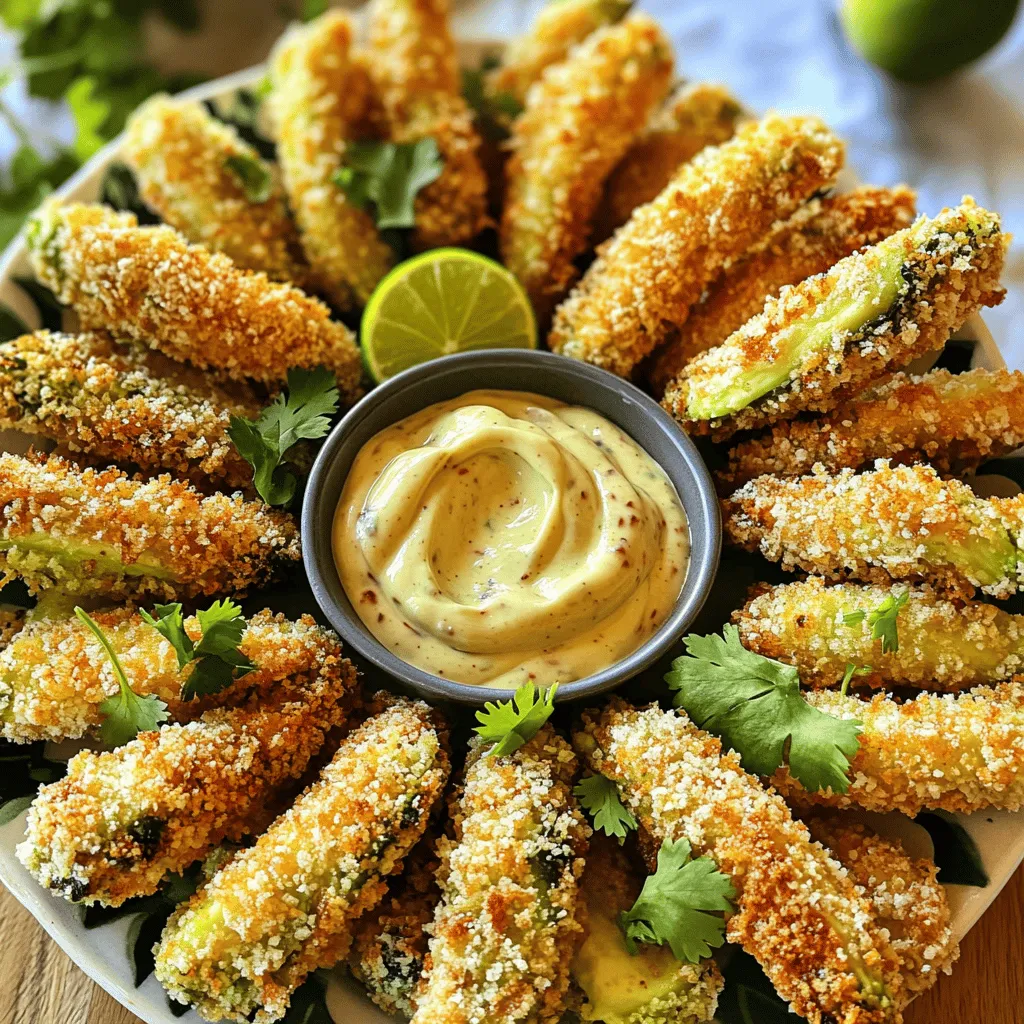 - 2 ripe avocados, halved and pitted - ½ cup all-purpose flour - 2 large eggs, beaten - 1 cup panko breadcrumbs - 1 teaspoon garlic powder - 1 teaspoon smoked paprika - 1 teaspoon salt - ½ teaspoon black pepper - 1 teaspoon lime juice - ½ cup mayonnaise - 1-2 tablespoons chipotle in adobo sauce - 1 teaspoon lime juice - Salt to taste For the avocado fries, you need ripe avocados. They should feel soft but not mushy. The flour adds a light crust; the eggs help the crumbs stick, and panko gives a great crunch. For seasoning, I use garlic powder and smoked paprika. They add rich flavor without overpowering the avocado. The lime juice brightens the taste. For the chipotle mayo, mayonnaise serves as the base. I mix it with chipotle in adobo sauce for a spicy kick. Adding lime juice gives it a fresh twist. Adjust the chipotle amount to suit your spice level. A pinch of salt enhances the flavor, making it creamy and delicious. Start by preheating your air fryer to 375°F (190°C). This step is key. A hot air fryer helps the fries cook evenly and get crispy. Next, take your ripe avocados. Cut each one in half and remove the pit. Slice the avocado halves into thick wedges. Aim for about 4-6 wedges per half. This shape makes them fun to eat! Now, let’s get to the breading. In a shallow bowl, mix together: - ½ cup all-purpose flour - 1 teaspoon garlic powder - 1 teaspoon smoked paprika - 1 teaspoon salt - ½ teaspoon black pepper In another bowl, beat 2 large eggs until well mixed. In a third bowl, pour 1 cup of panko breadcrumbs. The panko gives the fries a nice crunch. To coat the avocado wedges, follow these steps: 1. Dredge each wedge in the flour mix, making sure it’s fully covered. 2. Dip the coated wedge in the beaten eggs, letting the extra drip off. 3. Roll the wedge in the panko breadcrumbs, pressing gently so they stick well. Arrange the coated avocado fries in a single layer in the air fryer basket. Make sure they aren’t touching. This spacing is important for crispiness. Air fry the wedges for about 10-12 minutes. Flip them halfway through to ensure even cooking. You want them golden brown and crispy! While the fries cook, let’s whip up the chipotle mayo. In a small bowl, whisk together: - ½ cup mayonnaise - 1-2 tablespoons chipotle in adobo sauce (adjust based on your spice preference) - 1 teaspoon lime juice - Salt to taste Mix until it’s smooth and creamy. Taste it and add more chipotle if you like heat. Once the avocado fries are crispy, remove them from the air fryer. Drizzle a splash of lime juice over them for extra zest. Enjoy your crunchy avocado fries with the spicy chipotle mayo! To make your avocado fries crispy, set your air fryer to 375°F (190°C). This temperature cooks the fries evenly and helps them crisp up nicely. Cook them for about 10-12 minutes, flipping halfway through. This flip ensures even cooking on both sides. Spacing is key. Place the fries in a single layer in the basket. If they are too close, they may steam instead of crisp. Give them space to breathe and become golden brown. You can add more flavor to the mix! Try adding a pinch of cayenne for heat or some Italian seasoning for a twist. Garlic powder and smoked paprika already bring great taste, but don’t shy away from your favorites. For garnishes, fresh cilantro works wonders. Sprinkle chopped cilantro on top for color and flavor. Lime wedges on the side add brightness. They are perfect for squeezing over the fries. If you do not have an air fryer, you can bake these fries in the oven. Preheat your oven to 425°F (220°C). Line a baking sheet with parchment paper. Place the breaded avocado fries on the sheet. Bake them for 15-20 minutes, flipping them halfway through. This method also gives them a nice crunch. {{image_4}} You can make this dish vegan by swapping the eggs. Use aquafaba or a flaxseed mix instead. Aquafaba is the liquid from canned chickpeas. Just whisk three tablespoons until frothy. For the flaxseed mix, combine one tablespoon of ground flaxseed with three tablespoons of water. Let it sit for five minutes. This will create a gel-like texture that works well for breading. While chipotle mayo is a hit, you can try other sauces too. Consider a tangy ranch or a zesty garlic sauce. You might also enjoy a sweet chili sauce for a tasty twist. Each sauce brings a unique flavor that pairs well with the creamy avocado fries. Don’t hesitate to mix and match based on your mood or the season. For a cheesy twist, add grated cheese to the breading mix. Parmesan or cheddar can enhance the flavor. Mixing in fresh herbs adds a burst of freshness. Try parsley, cilantro, or even dill for an aromatic touch. These additions can elevate your avocado fries and make them even more delightful. With these variations, you can keep your meal exciting every time you prepare it. To keep your leftover avocado fries fresh, place them in an airtight container. Make sure the container is sealed tightly. Store it in the refrigerator for up to three days. This helps maintain their flavor and texture. If you have more fries than you can eat, consider freezing them instead. You can freeze cooked avocado fries for later. Allow them to cool completely before freezing. Arrange the fries in a single layer on a baking sheet. This prevents them from sticking together. Once frozen, transfer them to a freezer-safe bag or container. They will last for up to three months in the freezer. When ready to enjoy, you can reheat them straight from frozen. To reheat your avocado fries, use the air fryer for the best results. Preheat the air fryer to 375°F (190°C). Place the fries in the basket in a single layer. Air fry for about 5-7 minutes, checking to make sure they are crisp. If you don’t have an air fryer, you can also use an oven. Bake them at 375°F (190°C) until they are hot and crispy. Enjoy your fries just like they were fresh! Using frozen avocados can change the texture and taste. When you freeze avocados, they lose their creamy feel. After thawing, they may become mushy. This affects the fry's crispiness. If you want to use frozen avocados, choose ripe ones. Defrost them in the fridge overnight. Drain any extra liquid before slicing. This way, you can still enjoy your fries, though fresh avocados work best. To tone down the heat in your chipotle mayo, start with less chipotle sauce. Use one tablespoon instead of two. You can also add more mayonnaise. This will balance the spice. Mixing in a bit of honey or sugar can help too. Another option is to add plain yogurt. Taste as you mix to find your perfect level of spice. Many brands work well for avocado fries. The Philips Air Fryer gets high marks for even cooking. The Ninja Foodi is another great choice, with strong reviews on versatility. Users like the Cosori for its large basket size. Always check the reviews before buying. Make sure it heats evenly and has a good temperature range. Avocado fries are a tasty twist on a classic snack. We covered the main ingredients like ripe avocados, flour, and panko breadcrumbs. We also explored seasoning options, step-by-step cooking instructions, and tips for crispiness. For extra flavor, we suggested making chipotle mayo and trying different dipping sauces. If you have leftovers, follow the storage tips to keep them fresh. Enjoy experimenting with this fun dish and make it your own!