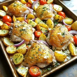 - 4 chicken thighs, skin-on and bone-in - 4 medium Yukon Gold potatoes, cut into wedges - 1 red onion, cut into wedges - 1 cup cherry tomatoes, halved - 3 cloves garlic, minced - 2 tablespoons olive oil - 1 tablespoon dried oregano - 1 teaspoon smoked paprika - 1 teaspoon lemon zest - Salt and black pepper to taste - Fresh parsley, chopped (for garnish) - 2 tablespoons feta cheese, crumbled (optional) This dish is built on simple yet flavorful ingredients. The chicken thighs give rich taste and stay juicy. Yukon Gold potatoes add a creamy texture. Red onion brings sweetness, while cherry tomatoes add freshness. The marinade uses garlic for depth and olive oil for moisture. Dried oregano and smoked paprika give a lovely Mediterranean flair. Lemon zest adds brightness and balances the flavors. You can garnish with fresh parsley for color. Crumbled feta adds a salty punch if you want. Each ingredient plays a key role in making this meal a hit. You’ll love how these flavors blend together as they roast in the oven. First, set your oven to 425°F (220°C). This high heat helps the chicken and potatoes cook evenly. A hot oven makes the chicken crispy and golden. It also aids in cooking the potatoes until they are tender. In a large bowl, mix 2 tablespoons of olive oil, 3 minced garlic cloves, 1 tablespoon of dried oregano, 1 teaspoon of smoked paprika, and 1 teaspoon of lemon zest. Add salt and black pepper to taste. Use a whisk to combine everything well. This marinade gives the chicken a rich flavor. Next, add the 4 chicken thighs to the bowl. Make sure each piece is well coated. For the best taste, let the chicken sit in the marinade for at least 15 minutes. For deeper flavor, cover and refrigerate it overnight. Take a large sheet pan and layer the 4 medium Yukon Gold potatoes, cut into wedges, and the red onion wedges in a single layer. Drizzle them lightly with olive oil, then season with salt and pepper. Toss the potatoes and onions to coat them evenly. Now, nestle the marinated chicken thighs on top of the potatoes and onions. This allows the chicken juices to mix with the veggies. Scatter the halved cherry tomatoes around the chicken. They will add color and flavor. Slide the sheet pan into your preheated oven. Bake for 35-40 minutes. The chicken needs to reach an internal temperature of 165°F (75°C). Check if the potatoes are golden and tender. If you want crispy chicken skin, broil for 2-3 minutes at the end. This step adds a nice crunch. After baking, let everything rest for 5 minutes. Top with fresh parsley and crumbled feta cheese if you like. For the best flavors, marinate your chicken for at least 15 minutes. This time lets the marinade soak in. If you want a deeper taste, cover the chicken and let it sit in the fridge overnight. The longer it marinates, the better the flavor. To get that crispy skin on your chicken, broil it for 2-3 minutes at the end of cooking. This step makes the skin delicious and crunchy. Keep an eye on it to avoid burning. A good tip is to place the pan on the top rack while broiling. This helps the heat reach the skin better. You can serve this dish straight from the pan for a casual vibe. It makes it easy for guests to help themselves. If you prefer a more formal look, transfer the food to a large platter. Add fresh herbs and lemon wedges on top for extra color and flavor. Using crumbled feta adds a nice touch, too. {{image_4}} You can swap chicken thighs for chicken breasts or drumsticks. Chicken breasts will cook faster and stay juicy if not overcooked. Drumsticks add a fun, crispy element. If you prefer a vegetarian option, try using chickpeas or firm tofu. Both options soak up flavors well, making them tasty substitutes. To boost flavor, consider adding olives or artichokes. Both add a briny punch that pairs nicely with chicken. You can also use different herbs or spices like thyme or rosemary. These herbs bring fresh, earthy notes that can elevate your dish. Feel free to mix in other vegetables. Zucchini, bell peppers, or asparagus work great. These veggies add color and crunch. You can also use seasonal vegetables based on what’s fresh. This keeps your meal vibrant and exciting throughout the year. To keep your leftovers fresh, let the dish cool first. Place it in an airtight container. This helps keep moisture in and prevents odors. The dish will last about 3 to 4 days in the fridge. If you want to enjoy it longer, consider freezing it. When you reheat, use the oven for best texture. Preheat your oven to 350°F (175°C). Place the chicken and potatoes on a baking sheet. Cover with foil to keep them moist, then heat for 20 minutes. If you want crispy skin, remove the foil for the last 5 minutes. This gives you that nice crunch. You can freeze this dish for up to 2 months. Make sure it cools completely before freezing. Use a freezer-safe container or bag. Label it with the date so you know when to eat it. To thaw, place it in the fridge overnight. This keeps the chicken juicy and the potatoes tasty. Yes, you can prep this dish ahead. Marinate the chicken the night before. Store it in the fridge. This makes the chicken tastier. You can also chop the potatoes and onions in advance. Keep them in water to prevent browning. When ready to cook, just assemble everything on the sheet pan. This saves you time on a busy day. Yes, this dish is gluten-free. The ingredients do not contain gluten. Chicken, potatoes, and vegetables are all safe choices. Be sure to check any spice blends you use. Some may have gluten additives. Stick with pure spices and herbs for safety. Several sides work well with this dish: - Greek salad for freshness - Tzatziki sauce for a cool touch - Pita bread for a fun dip - Roasted asparagus for extra veggies These sides enhance the meal and add variety. Enjoy experimenting with different flavors! This blog post gave you a step-by-step guide to making Sheet Pan Greek Chicken. We covered main ingredients, marinade components, and optional additions for extra flavor. I shared tips for perfecting crispy skin and presentation. You can also explore variations for different tastes and learn how to store and reheat leftovers. In the end, this dish is not just easy to make; it brings joy to your meals. Enjoy cooking and sharing this crowd-pleaser!