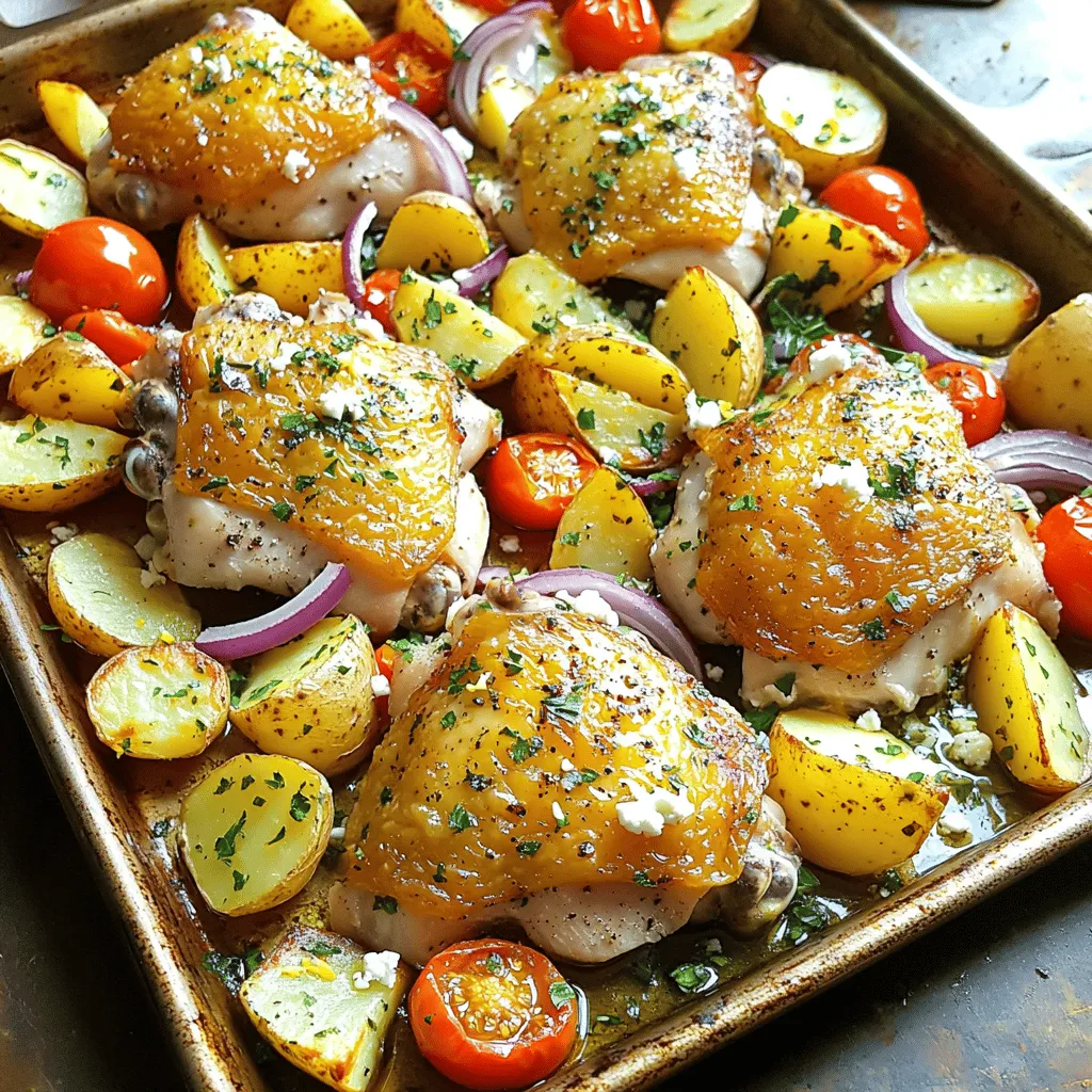 - 4 chicken thighs, skin-on and bone-in - 4 medium Yukon Gold potatoes, cut into wedges - 1 red onion, cut into wedges - 1 cup cherry tomatoes, halved - 3 cloves garlic, minced - 2 tablespoons olive oil - 1 tablespoon dried oregano - 1 teaspoon smoked paprika - 1 teaspoon lemon zest - Salt and black pepper to taste - Fresh parsley, chopped (for garnish) - 2 tablespoons feta cheese, crumbled (optional) This dish is built on simple yet flavorful ingredients. The chicken thighs give rich taste and stay juicy. Yukon Gold potatoes add a creamy texture. Red onion brings sweetness, while cherry tomatoes add freshness. The marinade uses garlic for depth and olive oil for moisture. Dried oregano and smoked paprika give a lovely Mediterranean flair. Lemon zest adds brightness and balances the flavors. You can garnish with fresh parsley for color. Crumbled feta adds a salty punch if you want. Each ingredient plays a key role in making this meal a hit. You’ll love how these flavors blend together as they roast in the oven. First, set your oven to 425°F (220°C). This high heat helps the chicken and potatoes cook evenly. A hot oven makes the chicken crispy and golden. It also aids in cooking the potatoes until they are tender. In a large bowl, mix 2 tablespoons of olive oil, 3 minced garlic cloves, 1 tablespoon of dried oregano, 1 teaspoon of smoked paprika, and 1 teaspoon of lemon zest. Add salt and black pepper to taste. Use a whisk to combine everything well. This marinade gives the chicken a rich flavor. Next, add the 4 chicken thighs to the bowl. Make sure each piece is well coated. For the best taste, let the chicken sit in the marinade for at least 15 minutes. For deeper flavor, cover and refrigerate it overnight. Take a large sheet pan and layer the 4 medium Yukon Gold potatoes, cut into wedges, and the red onion wedges in a single layer. Drizzle them lightly with olive oil, then season with salt and pepper. Toss the potatoes and onions to coat them evenly. Now, nestle the marinated chicken thighs on top of the potatoes and onions. This allows the chicken juices to mix with the veggies. Scatter the halved cherry tomatoes around the chicken. They will add color and flavor. Slide the sheet pan into your preheated oven. Bake for 35-40 minutes. The chicken needs to reach an internal temperature of 165°F (75°C). Check if the potatoes are golden and tender. If you want crispy chicken skin, broil for 2-3 minutes at the end. This step adds a nice crunch. After baking, let everything rest for 5 minutes. Top with fresh parsley and crumbled feta cheese if you like. For the best flavors, marinate your chicken for at least 15 minutes. This time lets the marinade soak in. If you want a deeper taste, cover the chicken and let it sit in the fridge overnight. The longer it marinates, the better the flavor. To get that crispy skin on your chicken, broil it for 2-3 minutes at the end of cooking. This step makes the skin delicious and crunchy. Keep an eye on it to avoid burning. A good tip is to place the pan on the top rack while broiling. This helps the heat reach the skin better. You can serve this dish straight from the pan for a casual vibe. It makes it easy for guests to help themselves. If you prefer a more formal look, transfer the food to a large platter. Add fresh herbs and lemon wedges on top for extra color and flavor. Using crumbled feta adds a nice touch, too. {{image_4}} You can swap chicken thighs for chicken breasts or drumsticks. Chicken breasts will cook faster and stay juicy if not overcooked. Drumsticks add a fun, crispy element. If you prefer a vegetarian option, try using chickpeas or firm tofu. Both options soak up flavors well, making them tasty substitutes. To boost flavor, consider adding olives or artichokes. Both add a briny punch that pairs nicely with chicken. You can also use different herbs or spices like thyme or rosemary. These herbs bring fresh, earthy notes that can elevate your dish. Feel free to mix in other vegetables. Zucchini, bell peppers, or asparagus work great. These veggies add color and crunch. You can also use seasonal vegetables based on what’s fresh. This keeps your meal vibrant and exciting throughout the year. To keep your leftovers fresh, let the dish cool first. Place it in an airtight container. This helps keep moisture in and prevents odors. The dish will last about 3 to 4 days in the fridge. If you want to enjoy it longer, consider freezing it. When you reheat, use the oven for best texture. Preheat your oven to 350°F (175°C). Place the chicken and potatoes on a baking sheet. Cover with foil to keep them moist, then heat for 20 minutes. If you want crispy skin, remove the foil for the last 5 minutes. This gives you that nice crunch. You can freeze this dish for up to 2 months. Make sure it cools completely before freezing. Use a freezer-safe container or bag. Label it with the date so you know when to eat it. To thaw, place it in the fridge overnight. This keeps the chicken juicy and the potatoes tasty. Yes, you can prep this dish ahead. Marinate the chicken the night before. Store it in the fridge. This makes the chicken tastier. You can also chop the potatoes and onions in advance. Keep them in water to prevent browning. When ready to cook, just assemble everything on the sheet pan. This saves you time on a busy day. Yes, this dish is gluten-free. The ingredients do not contain gluten. Chicken, potatoes, and vegetables are all safe choices. Be sure to check any spice blends you use. Some may have gluten additives. Stick with pure spices and herbs for safety. Several sides work well with this dish: - Greek salad for freshness - Tzatziki sauce for a cool touch - Pita bread for a fun dip - Roasted asparagus for extra veggies These sides enhance the meal and add variety. Enjoy experimenting with different flavors! This blog post gave you a step-by-step guide to making Sheet Pan Greek Chicken. We covered main ingredients, marinade components, and optional additions for extra flavor. I shared tips for perfecting crispy skin and presentation. You can also explore variations for different tastes and learn how to store and reheat leftovers. In the end, this dish is not just easy to make; it brings joy to your meals. Enjoy cooking and sharing this crowd-pleaser!