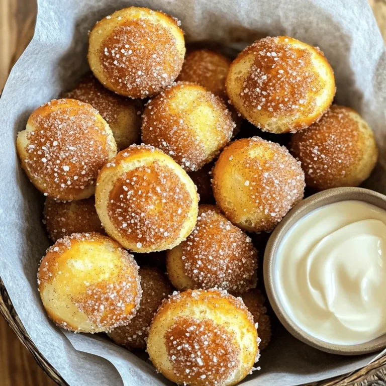 To make Air Fryer Cinnamon Sugar Pretzel Bites, you will need: - 1 cup warm water (around 110°F/45°C) - 2 tablespoons granulated sugar - 2 teaspoons active dry yeast - 2.5 cups all-purpose flour - 1 teaspoon salt - ½ teaspoon baking soda - ¼ cup unsalted butter, melted - ½ cup granulated sugar (for coating) - 1 tablespoon ground cinnamon - Coarse sea salt (for sprinkling) These ingredients create a soft and tasty pretzel bite with a sweet topping. You can add some fun twists to your pretzel bites with these extras: - Vanilla extract for a hint of sweetness - Nutmeg for a warm spice flavor - Cream cheese icing for dipping - Chocolate sauce for a sweet treat These add-ons make your pretzel bites even more delightful. To prepare your pretzel bites, gather these tools: - Large mixing bowl - Whisk - Floured surface for kneading - Air fryer - Plate for dipping - Brush for butter Having the right equipment makes the process smooth and easy. Start by gathering a large mixing bowl. In this bowl, add 1 cup of warm water. The water should be around 110°F, which feels warm but not hot. Next, mix in 2 tablespoons of granulated sugar and 2 teaspoons of active dry yeast. Give it a quick whisk. Let it sit for about 5 to 10 minutes. You want to see bubbles forming on top. This means your yeast is active and ready to go. Now it’s time to add the dry ingredients. Pour in 2.5 cups of all-purpose flour and 1 teaspoon of salt. Stir until a dough starts to form. Once it comes together, transfer it to a floured surface. Knead the dough gently for about 5 minutes. You are looking for a smooth and elastic texture. This step is crucial for great pretzel bites. After kneading, place your dough in a greased bowl. Cover it with a clean kitchen cloth. Set it in a warm spot and let it rise for about 1 hour. The dough should double in size. This rising time helps create a lighter pretzel bite. While you wait for the dough, you can prepare the cinnamon sugar. In a small bowl, mix ½ cup of granulated sugar with 1 tablespoon of ground cinnamon. Stir until well combined. Set this aside for later. The sweet scent of cinnamon will make your kitchen smell amazing. Once the dough has risen, it’s time to shape the bites. Gently punch down the dough to release air bubbles. Divide it into 8 equal pieces. Roll each piece into a rope about 1 inch thick. Slice each rope into bite-sized pieces, about 1-2 inches long. Now, prepare a baking soda solution. Mix ½ teaspoon baking soda into 2 cups of warm water. Briefly dip each pretzel bite into this solution for a few seconds. This step adds flavor and color. Then, brush each bite with melted butter. Sprinkle the cinnamon sugar mixture generously over them. Arrange them in the air fryer basket without overcrowding. Cook at 350°F for 5-6 minutes until golden brown. Remove and sprinkle with coarse sea salt while warm. Enjoy the sweet, warm aroma of your freshly made pretzel bites! To make great pretzel bites, you must activate the yeast. Start with warm water, about 110°F. Mix in sugar and yeast. Let it sit for 5-10 minutes. You should see bubbles forming. This shows the yeast is alive. If no bubbles appear, your yeast might be old. Always check the expiration date. Kneading dough is key for good texture. After mixing your dough, transfer it to a floured surface. Use your palms to push and fold the dough. Knead for about 5 minutes. You want a smooth and elastic dough. This helps the pretzel bites rise well and stay soft. Air fryers need space for hot air to flow. When placing pretzel bites in the basket, leave space between them. This ensures even cooking. If your air fryer is small, cook in batches. Well-cooked bites will be golden and crisp. Overcrowding leads to soggy pretzels. Serve your warm pretzel bites in a cute basket. Line it with parchment paper for style. You can pair bites with cream cheese icing or chocolate sauce. These dips add fun flavors. Try adding a sprinkle of coarse sea salt right after cooking. It enhances the taste and makes them irresistible! {{image_4}} You can make your pretzel bites sweet or savory. For sweet bites, use cinnamon and sugar. These flavors make a delightful treat. You can also add chocolate chips for a richer taste. For savory bites, skip the sugar. Instead, sprinkle garlic powder or cheese. This gives a nice flavor twist. Your pretzel bites will be tasty no matter which way you choose. If you need gluten-free options, you can use a gluten-free flour blend. Look for blends made for baking. These blends work well in this recipe. Be sure to check the package for the right measurements. You might need to add a bit more liquid. This helps to get the right dough texture. Enjoy delicious pretzel bites without the gluten! There are many fun ways to coat your pretzel bites. After baking, dip them in melted chocolate for a sweet treat. You can also roll them in sprinkles for a festive look. Use different toppings like crushed nuts or coconut. This adds extra flavor and texture. Get creative and make your own special version. Your friends will love trying all the different kinds! To keep your pretzel bites fresh, store them in an airtight container. Let them cool completely before sealing. This helps prevent moisture from making them soggy. Place a paper towel in the container to absorb extra moisture. They will stay good for about 2-3 days at room temperature. For the best taste, reheat your pretzel bites in the air fryer. Set it to 350°F (175°C) and heat for about 3-5 minutes. This will make them warm and crispy again. You can also use a microwave, but they may turn soft. If you use the microwave, heat them for about 15-20 seconds. If you want to save some for later, freezing is a great option. First, let the pretzel bites cool. Then, place them in a single layer on a baking sheet. Freeze them for about 1-2 hours until solid. After that, transfer them to a freezer bag or container. They can be frozen for up to 2 months. When ready to eat, thaw them overnight in the fridge and reheat as mentioned above. To keep your pretzel bites soft, use warm water and active yeast. This helps the dough rise well. Knead the dough until smooth but don't over-knead. Let it rise in a warm place until it doubles in size. This gives it a nice, fluffy texture. Yes, you can use whole wheat flour or bread flour. Whole wheat adds a nutty flavor. Bread flour has more gluten, making pretzel bites chewier. Just keep in mind that it may change the texture slightly. A good air fryer should have a capacity of at least 3 to 5 quarts. This size allows for even cooking. Look for one with adjustable temperature settings. A digital display can help with timing and accuracy. Cooked pretzel bites last for about 2-3 days at room temperature. Store them in an airtight container. If you want them to last longer, you can freeze them. They freeze well and can be reheated easily. Yes, you can make the dough a day ahead. After kneading, place it in the fridge. Cover it with plastic wrap to keep it fresh. Let it sit at room temperature before shaping and cooking. This can add flavor too! Making pretzel bites can be fun and tasty. We covered key ingredients, steps, and helpful tips. You learned how to prepare, shape, and cook these bites with ease. Try different toppings and storage methods to keep them fresh. Practice makes perfect, so don't worry if they are not great at first. You’ll soon enjoy warm, soft pretzel bites made your way!