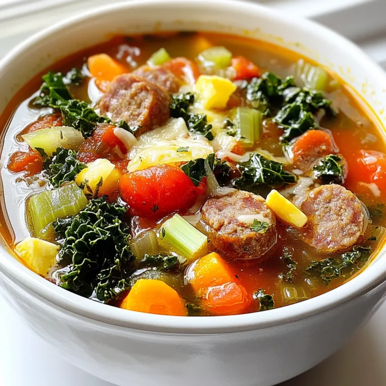 To make a great Tuscan sausage soup, you need some key items: - 1 pound Italian sausage (mild or spicy) - 1 medium onion, finely diced - 2 cloves garlic, minced - 3 medium carrots, peeled and sliced - 2 celery stalks, diced - 4 cups vegetable broth - 1 can (14 oz) diced tomatoes with Italian herbs - 1 can (15 oz) cannellini beans, drained - 2 cups kale or spinach, roughly chopped - 1 teaspoon dried oregano - 1 teaspoon dried basil - Salt and pepper to taste - 2 tablespoons olive oil - Juice of 1 lemon - Grated Parmesan cheese for serving (optional) These ingredients create a warm, hearty soup that fills you up and excites your taste buds. You can add a few extra items to boost the taste: - Red pepper flakes for heat - Fresh herbs like parsley or thyme - Extra veggies such as zucchini or bell peppers - A splash of white wine for depth These optional ingredients can make your soup even more special. This soup is not just tasty; it is also healthy. Here’s what you get in one serving: - Calories: Approximately 320 - Protein: 17g - Fat: 12g - Carbohydrates: 40g - Fiber: 10g The soup offers a good mix of nutrients, making it a great choice for any meal. You’ll enjoy the flavors while knowing you’re eating well. Start by gathering all your ingredients. This makes cooking easier. You need: - 1 pound Italian sausage - 1 medium onion, finely diced - 2 cloves garlic, minced - 3 medium carrots, peeled and sliced - 2 celery stalks, diced - 4 cups vegetable broth - 1 can diced tomatoes with Italian herbs - 1 can cannellini beans, drained - 2 cups kale or spinach, roughly chopped - 1 teaspoon dried oregano - 1 teaspoon dried basil - Salt and pepper to taste - 2 tablespoons olive oil - Juice of 1 lemon - Grated Parmesan cheese (optional) Next, prepare your veggies. Dice the onion, slice the carrots, and chop the kale or spinach. These steps help the soup cook evenly. In a large pot, heat olive oil over medium heat. Once hot, add the Italian sausage. Use a wooden spoon to break it apart. Cook until it’s browned, about 6-8 minutes. Remove the sausage and set it aside. In the same pot, add the diced onion, sliced carrots, and diced celery. Cook for about 5 minutes. Stir often until the onion is soft and clear. Then, add the minced garlic. Cook for 1 more minute. The garlic should smell nice but not burn. Now, stir in the diced tomatoes with their juices and the vegetable broth. Add back the sausage. Turn the heat up a bit and bring it to a gentle simmer. Once it starts simmering, add the cannellini beans, dried oregano, dried basil, salt, and pepper. Let it simmer for about 15 minutes. This helps all the flavors mix well. After 15 minutes, fold in the chopped kale or spinach. Cook for another 5 minutes until the greens are tender and bright. Just before serving, squeeze in the lemon juice. This gives a fresh taste. Taste the soup and adjust the salt and pepper if needed. Serve the soup hot. You can offer grated Parmesan cheese on the side. Enjoy your hearty and flavorful Tuscan sausage soup! To make your Tuscan sausage soup shine, focus on fresh ingredients. Use ripe tomatoes for a rich taste. Fresh garlic adds depth, so opt for it over powder. When cooking the sausage, let it brown well. This creates a nice base flavor. Adding lemon juice at the end brightens the dish. It balances the richness of the sausage. Lastly, a sprinkle of grated Parmesan brings everything together. One common mistake is overcooking the vegetables. They should be tender but not mushy. Another mistake is not seasoning enough. Taste your soup as it cooks and adjust with salt and pepper. If you skip the lemon juice, you miss a key flavor twist. Don't forget to add the greens at the right time. They need just a few minutes to wilt and maintain their color. This soup pairs well with crusty bread. A slice of sourdough or ciabatta works best. You can also serve a simple side salad. A mix of greens with a light vinaigrette complements the soup flavors. For a cozy touch, consider a glass of red wine. A Chianti or Sangiovese enhances the Tuscan theme. Enjoy your meal with family or friends for a warm gathering. {{image_4}} You can easily make a vegetarian or vegan version of this soup. Swap the Italian sausage for plant-based sausage or mushrooms. Use vegetable broth to keep it flavorful. For protein, add extra cannellini beans or lentils. This gives the soup a hearty feel without meat. Feel free to get creative with your ingredients. If you don't have kale, spinach works just as well. You can also add zucchini or bell peppers for extra flavor. Swap out the cannellini beans for chickpeas if you prefer. For a spicier kick, try adding red pepper flakes. You can adjust this soup to fit the seasons. In fall, add diced butternut squash for sweetness. In winter, toss in some sweet potatoes for a warm touch. Spring offers fresh peas or asparagus, which brighten the dish. Summer is perfect for using garden-fresh tomatoes and basil to enhance flavors. After enjoying your Tuscan sausage soup, let it cool down. Transfer it to an airtight container. This keeps the soup fresh. Store it in the fridge for up to three days. If you want to keep it longer, consider freezing. When you’re ready to enjoy your soup again, heat it gently. Pour the soup into a pot over medium heat. Stir it often to prevent sticking. Heat until it’s hot throughout. You can add a little broth or water if it seems thick. This helps bring back its creamy texture. To freeze your soup, make sure it’s cool. Use freezer-safe containers or bags. Leave some space at the top for expansion. Label each container with the date. You can freeze the soup for up to three months. When you’re ready to eat, thaw it in the fridge overnight. Reheat as mentioned above for the best flavor. You can add many spices to enhance the flavor of your soup. Try using red pepper flakes for heat. A pinch of thyme adds earthiness. You might also like smoked paprika for a deeper taste. Fresh herbs like parsley or chives add a bright touch too. Experiment with spices to find your favorite mix. Yes, you can use different types of sausage. Mild Italian sausage works well, but spicy sausage adds a kick. You might try chicken sausage for a lighter option. Even turkey sausage can be a great choice. Each type brings its unique flavor, so feel free to mix it up. To make Tuscan Sausage Soup gluten-free, choose gluten-free broth. Check the sausage for gluten, as some brands add fillers. Instead of traditional bread for serving, use gluten-free bread if you like. This way, everyone can enjoy this tasty soup without worry. This blog covered how to make Tuscan sausage soup. We explored key ingredients and added options for extra flavor. I shared step-by-step cooking instructions, tips to enhance taste, and common mistakes to avoid. You also learned about different variations and how to store leftovers well. In the end, making this soup is easy and fun. With a few simple steps, you can create a tasty meal for any occasion. Enjoy your cooking!