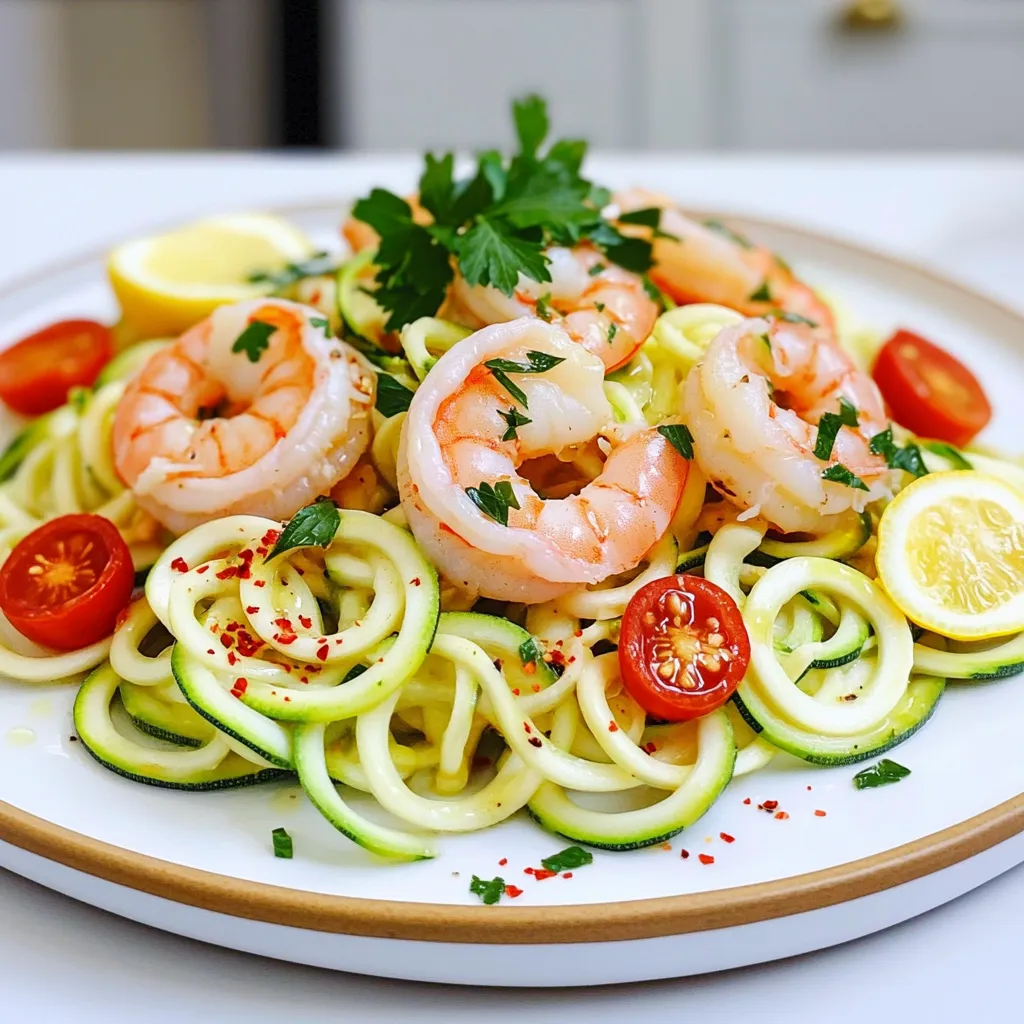 - 1 pound large shrimp, peeled and deveined - 4 medium zucchini, spiralized into zoodles - 1 fresh lemon, zested and juiced - 4 cloves garlic, finely minced - 1 teaspoon red pepper flakes - 2 tablespoons extra virgin olive oil - Salt and freshly cracked black pepper - Fresh parsley, chopped - 1 cup cherry tomatoes, halved - 1/2 teaspoon smoked paprika To make Lemon Garlic Shrimp with Zoodles, you need fresh ingredients. Start with large shrimp. They should be peeled and deveined for easy cooking. You will also need medium zucchini. A spiralizer turns zucchini into zoodles. This gives a nice twist to the dish. Next, grab a fresh lemon. You will use both its zest and juice. The zest adds a bright flavor, while the juice gives a tangy kick. For flavor, garlic is a must. Mince four cloves finely to release its aroma. Red pepper flakes will add heat. Adjust the amount based on your taste. Extra virgin olive oil will help coat the shrimp and zoodles. Season with salt and freshly cracked black pepper. Fresh parsley adds color and freshness. Cherry tomatoes bring sweetness and juiciness to the dish. Lastly, smoked paprika gives a warm, rich taste. Having these ingredients ready makes the cooking process smooth and enjoyable. - Preheat your oven to 400°F (200°C). This heat helps cook the shrimp and zoodles just right. - In a large bowl, mix the shrimp with garlic, lemon zest, lemon juice, olive oil, red pepper flakes, smoked paprika, salt, and pepper. Toss until the shrimp are fully coated. - Let the shrimp marinate for 10-15 minutes. This makes the flavors blend well together. - Spread the marinated shrimp on a large sheet pan. Place the halved cherry tomatoes around the shrimp. This helps them cook evenly. - Roast in the oven for 8-10 minutes. The shrimp will turn bright pink and opaque when cooked. - Add the spiralized zucchini to the pan. Gently toss the zoodles with shrimp and tomatoes. This helps them soak up all the tasty juices. - Return the sheet pan to the oven for 2-3 minutes. The zoodles should be tender but still bright. - Take the sheet pan out of the oven. Garnish the dish with chopped parsley for color and freshness. - Serve the shrimp and zoodles right from the pan for a fun look. You can also plate them and drizzle any juices over the top. - A few lemon wedges on the side make a nice touch for those who want more zest. - How to ensure shrimp are cooked perfectly: Cook shrimp until they turn bright pink and opaque. This usually takes about 8-10 minutes in the oven. Overcooking can make them tough. Keep a close eye on them! - Best way to spiralize zucchini: Use a spiralizer for even zoodles. Cut the ends off the zucchini first. Hold it steady and twist to create long strands. If you lack a spiralizer, a vegetable peeler works too. Just create thin ribbons instead. - Presentation ideas for a beautiful dish: Serve the shrimp and zoodles right from the sheet pan for a casual look. For a fancier touch, plate them separately. Drizzle leftover juices over the top for added flavor. Add lemon wedges on the side for extra zing. - Pairing options to elevate the meal: Pair this dish with a crisp white wine, like Sauvignon Blanc. A light salad with mixed greens and a citrus dressing complements the flavors well. For a heartier side, consider garlic bread or a grain like quinoa. {{image_4}} If you want to switch up the protein, try these options: - Chicken breast, cut into bite-sized pieces - Firm tofu, cubed for a vegetarian choice - Scallops for a seafood twist For the zoodles, many veggies can work well: - Butternut squash, spiralized for a sweet touch - Carrots, spiralized for a crunchy option - Bell peppers, sliced for extra color and flavor You can boost the taste of this dish with these spices and herbs: - Fresh basil for a fragrant note - Oregano for a classic Italian touch - Thyme for an earthy flavor To adjust the heat, consider these ideas: - Add more red pepper flakes for spice - Use a dash of cayenne pepper for extra heat - Reduce red pepper flakes for a milder dish To store leftovers properly, let the dish cool down first. Place it in an airtight container. This keeps shrimp and zoodles fresh. You can store it in the fridge for up to three days. When reheating, heat gently to avoid overcooking the shrimp. If you want to freeze your Lemon Garlic Shrimp with Zoodles, follow these steps. First, cool the dish completely. Transfer it to a freezer-safe container. Make sure to leave some space for expansion. This dish can last in the freezer for up to two months. To reheat, thaw it overnight in the fridge. Then, warm it in a pan over low heat until heated through. In the fridge, the dish stays fresh for about three days. In the freezer, it can last for two months. Always check for signs of spoilage before eating. If it smells off or looks strange, it's best to toss it. Can I use frozen shrimp for this recipe? Yes, you can use frozen shrimp! Just make sure to thaw them first. Place the shrimp in a bowl of cold water for about 15-20 minutes. Once thawed, peel and devein them if needed. Then, follow the recipe as usual. The flavor remains great, and you save time! How do I make zoodles without a spiralizer? You can easily make zoodles without a spiralizer. Use a vegetable peeler to create thin strips of zucchini. Cut the strips into shorter pieces to resemble zoodles. You can also use a box grater or a knife to slice them into thin strips. This works well and gives you a nice texture. What can I serve with Lemon Garlic Shrimp with Zoodles? This dish is great on its own, but you can pair it with a few sides. A simple green salad adds freshness. Garlic bread is a tasty option, too. You might also enjoy a glass of white wine for a special touch. These options enhance the meal without overpowering the shrimp. In this blog post, we explored a simple and tasty recipe for Lemon Garlic Shrimp with zoodles. You learned about the right ingredients, step-by-step guidance, and helpful tips for cooking. I discussed variations to suit your tastes and the best ways to store leftovers. Remember, this dish is flexible and fun. You can mix in different veggies or proteins. Feel free to experiment and enjoy every bite!