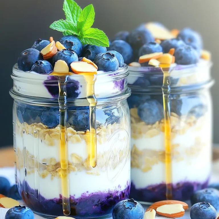 - 1 cup rolled oats - 2 cups unsweetened almond milk - 1/2 cup plain Greek yogurt - 1 cup fresh blueberries (or thawed frozen blueberries) - 1/4 cup chopped almonds - 2 tablespoons maple syrup (or honey) - 1 tablespoon chia seeds - 1 teaspoon vanilla extract - A pinch of salt This recipe makes four servings. Each serving is a hearty, healthy option. You can adjust the amounts as needed for more or fewer servings. Use a measuring cup for the oats and almond milk. A kitchen scale helps if you want precision. - Rolled oats: They are full of fiber, which helps with digestion. Fiber keeps you full longer, too. - Almond milk: This milk is low in calories and high in vitamin E. It’s great for your skin and heart health. - Greek yogurt: Packed with protein, it helps build muscles and keeps your bones strong. - Blueberries: These berries are rich in antioxidants. They support brain health and lower the risk of heart disease. - Chopped almonds: They provide healthy fats, protein, and fiber. This helps keep your energy steady. - Chia seeds: These tiny seeds are full of omega-3 fatty acids. They help reduce inflammation and improve heart health. - Maple syrup or honey: These natural sweeteners add flavor without processed sugars. They also have some nutrients. Each of these ingredients contributes to a balanced meal. You get energy, nutrients, and taste all in one bowl. Enjoy this simple dish for breakfast or a snack! Start by gathering your ingredients. You need rolled oats, almond milk, Greek yogurt, and vanilla extract. In a large bowl, combine these ingredients. Use a whisk or a spoon to mix them well. Aim for a smooth and even texture. Next, add maple syrup and chia seeds. Stir gently to blend everything together. Now it’s time to add the fun stuff! Carefully fold in the fresh blueberries and chopped almonds. This adds flavor and crunch. Remember to save some blueberries and almonds for topping later. Portion the mixture into four mason jars or airtight containers. Make sure each jar has fruit and nuts equally. To achieve the best portions, use a measuring cup. Fill each jar to the same level. This ensures everyone gets the same amount. Always seal the jars tightly. Refrigerate them overnight or for at least 4-6 hours. This soaking time makes the oats creamy and delicious. When you’re ready to eat, give it a gentle stir before serving. Top with the reserved blueberries and almonds. Enjoy your tasty breakfast! To get the best texture in your Blueberry Almond Overnight Oats, use rolled oats. They soak up the liquid well and stay creamy. Mix the oats with almond milk and Greek yogurt. This blend helps create a thick, smooth base. Chia seeds also help. They expand and add a nice creaminess. Remember to let the oats sit overnight. This soaking time is key for soft, tasty oats. One common mistake is using quick oats. They can turn mushy and lose texture. Another mistake is not measuring the liquid. Too little liquid makes the oats dry. Too much makes them soupy. Also, don’t skip the resting time. If you eat them right away, they won’t be as creamy. Lastly, be gentle when folding in the blueberries. This keeps them whole and juicy. Serve your oats in clear jars to show off their colors. Top them with extra blueberries and almonds for crunch. A drizzle of maple syrup adds sweetness and shine. For a fresh touch, add a sprig of mint. If you want a warm option, heat the jar in the microwave for 30 seconds. Enjoy your oats chilled or warm, whichever you prefer! {{image_4}} You can switch up the fruits in your oats. Try strawberries, raspberries, or bananas. Each fruit adds its own taste and color. You can also use different milks. Coconut milk adds a rich flavor. Oat milk is another great choice for creaminess. Want to spice things up? Add a pinch of cinnamon or nutmeg. These spices warm up the taste. You can also mix in cocoa powder for a chocolate twist. If you like it sweeter, try agave syrup or brown sugar. Just remember to adjust the amount to your liking. For a vegan option, skip the Greek yogurt. Use a plant-based yogurt instead. Make sure it’s unsweetened to keep the balance. If you're nut-free, swap out the almonds for seeds like sunflower or pumpkin. These keep the crunch without the nuts. After making Blueberry Almond Bliss overnight oats, place them in airtight containers. I love using mason jars for this. They keep the oats fresh and look great! Make sure to seal the jars tightly. If you have leftovers, this will keep them tasty and safe. When stored in the fridge, these oats can last up to five days. I recommend eating them within three days for the best taste. The flavors will blend together, making each bite even better. If you like warm oats, you can heat them up. Just take off the lid and pop the jar in the microwave for about 30 seconds. Stir it well after heating. If it’s not warm enough, heat it for another 10 seconds. Enjoy them warm or cold! Overnight oats last about 3 to 5 days in the fridge. This makes them perfect for meal prep. After a few days, they may lose some texture but still taste great. Always check for any signs of spoilage before eating. Yes, you can use frozen blueberries. Just make sure to thaw them first. Thawed berries mix well with the oats. They add flavor and nutrition just like fresh ones. You might notice a softer texture, but they still taste amazing. If you want a substitute for Greek yogurt, try regular yogurt or plant-based yogurt. Coconut yogurt is a great choice for a dairy-free option. You can also use silken tofu for a creamy texture. Each option will change the taste a bit, but they all work well. Yes, overnight oats can be gluten-free. Just use certified gluten-free oats. Many rolled oats may contain gluten from cross-contamination. Always check labels to ensure they are safe for a gluten-free diet. This way, everyone can enjoy this healthy breakfast. This article covered the key ingredients for overnight oats, their health benefits, and step-by-step instructions for making them. We discussed helpful tips for the best texture and common mistakes to avoid. You learned about variations, storage tips, and answers to frequently asked questions. Overnight oats are easy and fun to make. They can fit into your diet, taste great, and save you time. Now, you have all the tools to create your own delicious versions! Enjoy your healthy eating journey.