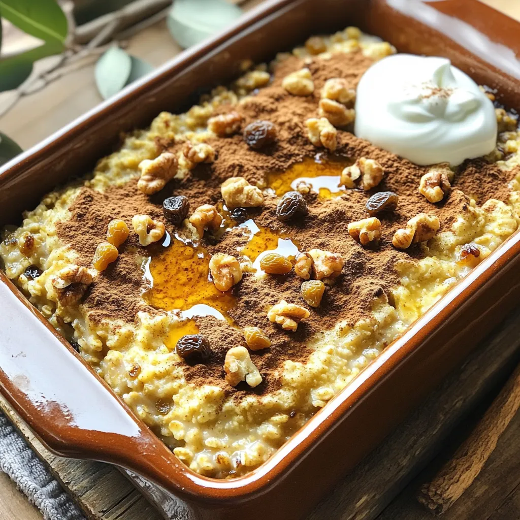 To make this warm treat, you need a few key items. Here’s what you will need: - 2 cups rolled oats - 1 teaspoon baking powder - 1 teaspoon ground cinnamon - 1 teaspoon ground ginger - ½ teaspoon ground nutmeg - ¼ teaspoon ground cloves - ¼ teaspoon salt - 2 cups almond milk (or any milk of your choice) - ¼ cup pure maple syrup - ¼ cup molasses - 2 ripe bananas, mashed until smooth - 1 teaspoon pure vanilla extract These ingredients mix together to create a lovely flavor. The spices bring warmth, while the oats give a nice texture. You can make this dish even better by adding some extras. Here are some fun options: - ½ cup walnuts, chopped (for added crunch) - ½ cup raisins or dried cranberries (for a burst of sweetness) Adding these can change the texture and flavor. Walnuts add crunch, and dried fruits bring sweetness. Feel free to mix and match based on what you like! Choosing the right ingredients makes a big difference. Here are my tips: - Oats: Look for whole rolled oats, not quick oats. They cook well and keep a nice texture. - Spices: Fresh spices give better flavor. Check the date on the jar. - Maple Syrup and Molasses: Use pure maple syrup. It tastes better than the fake stuff. Choose dark molasses for a richer flavor. - Bananas: Make sure they are ripe. Ripe bananas are sweeter and blend better. With these tips, you will have the best gingerbread oatmeal bake. Each bite will be warm and flavorful! Start by gathering all your ingredients. You will need: - 2 cups rolled oats - 1 teaspoon baking powder - 1 teaspoon ground cinnamon - 1 teaspoon ground ginger - ½ teaspoon ground nutmeg - ¼ teaspoon ground cloves - ¼ teaspoon salt - 2 cups almond milk (or any milk of your choice) - ¼ cup pure maple syrup - ¼ cup molasses - 2 ripe bananas, mashed until smooth - 1 teaspoon pure vanilla extract - ½ cup walnuts, chopped (optional) - ½ cup raisins or dried cranberries (optional) Preheat your oven to 350°F (175°C). Lightly grease a 9x9 inch baking dish. This helps the oatmeal bake not stick. In a large bowl, mix the rolled oats, baking powder, cinnamon, ginger, nutmeg, cloves, and salt. Stir well so all the dry bits combine. In another bowl, whisk together the almond milk, maple syrup, molasses, mashed bananas, and vanilla. Make sure this mix is smooth. Now, pour the wet ingredients into the dry mix. Stir gently until combined. If you want, fold in the walnuts and raisins. They add nice texture and flavor. Carefully transfer your oatmeal mixture into the greased baking dish. Spread it out evenly with a spatula. Bake for 30-35 minutes. The top should be golden brown. The center should feel set when you press it lightly. Once baked, let it cool for a few minutes. Then, slice it into squares. Enjoy this warm treat! To get the best texture, use rolled oats. They hold their shape and create a nice chew. If you prefer a creamier bake, try steel-cut oats. Just remember they need longer to cook. Mixing the dry and wet ingredients well is key. This ensures every bite is full of flavor. Bake until the top is golden brown and the center feels set. This shows it's ready! Serve this oatmeal bake warm for the best taste. Drizzle with extra maple syrup for sweetness. You can add a dollop of yogurt for creaminess. Top with a sprinkle of cinnamon for a warm spice kick. If you want a crunch, add more walnuts on top. These add great texture and flavor. One common mistake is overmixing the batter. This can lead to a dense bake. Make sure not to skip the resting time after baking. It helps the squares hold together better. Using unripe bananas can make the dish less sweet. Always use ripe bananas for a natural sweetness. Finally, check the bake near the end of the cooking time. This prevents overbaking and keeps it moist. {{image_4}} You can easily swap out dairy in this recipe. Use almond milk, coconut milk, or soy milk. Each option brings its own flavor and texture. For sweeteners, try honey or agave syrup instead of maple syrup. Molasses gives a rich taste, so you could reduce it if you prefer less sweetness. Adding fruits or nuts can make the oatmeal bake more exciting. Chopped apples or pears can add a nice sweetness. Dried cranberries or raisins work well, too. If you like a crunch, toss in some chopped walnuts or pecans. They add a great texture and flavor contrast. You can change this recipe for different holidays. For Christmas, add in some peppermint extract or crushed candy canes. In the fall, try adding pumpkin puree and spices like allspice. Springtime can bring fresh berries mixed in. Each season can inspire a new take on this cozy dish. To store leftover oatmeal bake, let it cool down. Once it's cool, cut it into squares. Place the squares in an airtight container. You can keep it in the fridge for up to five days. Make sure to cover it well to keep it fresh. When you're ready to enjoy your oatmeal bake, preheat your oven to 350°F (175°C). Place the squares on a baking sheet lined with parchment paper. Heat them for about 10-15 minutes. This warms them up nicely and keeps them soft. You can also use the microwave. Heat it for about 30 seconds to 1 minute. Add a splash of milk if it seems dry after reheating. You can freeze this oatmeal bake for longer storage. Wrap each square tightly in plastic wrap. Then, place them in a freezer bag or container. Label it with the date. The oatmeal bake can last for up to three months in the freezer. When you're ready to eat, let it thaw in the fridge overnight. Reheat it as mentioned above for a warm, cozy treat. Yes, you can easily make this recipe gluten-free. Use certified gluten-free rolled oats. They give the same great taste without gluten. Just check the label to ensure they are safe for your needs. Your Cozy Gingerbread Oatmeal Bake lasts about four to five days in the fridge. Store it in an airtight container. This keeps it fresh and tasty. When you're ready to eat, just reheat a slice in the microwave. You can substitute bananas with applesauce or pumpkin puree. Both options add moisture and sweetness. If you use applesauce, about 1 cup works well. For pumpkin, use about ¾ cup. These swaps keep the bake moist and delicious. You’ve learned about the main ingredients, steps, and tips for the Cozy Gingerbread Oatmeal Bake. This dish is warm, tasty, and easy to make. Remember to use quality ingredients for the best flavor and texture. Avoid common mistakes like overmixing. Feel free to try different add-ins and variations for your own twist. Store leftovers well and reheat them for a quick breakfast. Enjoy making this cozy treat again and again!