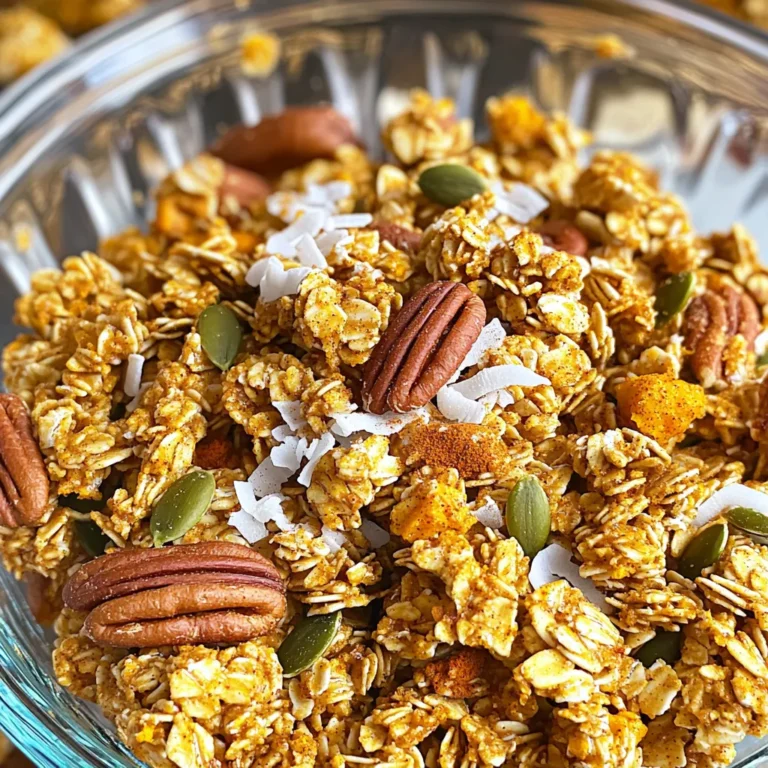- 2 cups rolled oats - 1 cup pecans, roughly chopped - 1/2 cup pumpkin seeds - 1/2 cup unsweetened shredded coconut - 1/3 cup pure maple syrup - 1/4 cup coconut oil, melted - 1 cup pumpkin puree - 1 teaspoon pure vanilla extract - 2 teaspoons pumpkin pie spice - 1/2 teaspoon sea salt - 1/4 cup brown sugar (optional, for added sweetness) Each ingredient in this granola plays a key role. - Rolled oats provide fiber and a chewy texture. They form the base of the granola. - Pecans add richness and crunch. They also give healthy fats. - Pumpkin seeds add a nice bite and are full of nutrients. - Unsweetened shredded coconut brings flavor and a bit of sweetness. - Maple syrup serves as a natural sweetener and binds the mix. - Coconut oil adds healthy fats and helps with browning. - Pumpkin puree gives moisture and a rich pumpkin taste. - Vanilla extract enhances the overall flavor. - Pumpkin pie spice brings warmth and fall flavor. - Sea salt balances the sweetness. - Brown sugar can be added for extra sweetness, if desired. This granola is not just tasty; it is also nutritious. - One serving contains about 200 calories. - It has 5 grams of protein and 8 grams of healthy fats. - The fiber content is around 4 grams, which is great for digestion. - It is rich in vitamins and minerals from pumpkin and nuts. This pumpkin spice granola is a perfect blend of taste and health. You can enjoy it as a snack or for breakfast! First, set your oven to 350°F (175°C). This temperature helps the granola cook evenly. Next, take a large baking sheet and line it with parchment paper. This makes clean-up easy and helps prevent sticking. In a large bowl, add the rolled oats, chopped pecans, pumpkin seeds, and shredded coconut. Stir them together well. This mix gives the granola its crunchy base. Now, add the pumpkin pie spice and sea salt. Mix everything again until it is combined. In another bowl, whisk the maple syrup, melted coconut oil, pumpkin puree, and vanilla extract. Make sure it’s smooth. This mixture adds moisture and sweetness to your granola. Pour the wet mix into the dry ingredients. Use a spatula to fold everything together. If you'd like it sweeter, add the brown sugar and mix until it’s gone. Spread the granola mixture evenly on the baking sheet. Use the back of the spatula to press it down. This helps form clumps, which is key for crunch. Bake it for 25-30 minutes. Stir it halfway through to ensure even cooking. Watch it closely near the end. It can brown quickly! When the granola is golden and smells great, take it out of the oven. Let it cool completely on the baking sheet. This step is very important for that perfect crunch. Once cooled, break it into clusters. Store it in an airtight container. Keep it at room temperature to keep it fresh. To get that perfect crunch in your pumpkin spice granola, follow these steps: - Use rolled oats, as they hold their shape well. - Press the mixture down on the baking sheet. This helps to form clumps. - Stir halfway through baking for even browning. - Let it cool completely before breaking it into pieces. Cooling is key! You can easily swap some ingredients without losing flavor. - Use sunflower seeds instead of pumpkin seeds. - Swap coconut oil for olive oil if you prefer. - For a nut-free option, leave out the pecans and add more seeds. - You can replace maple syrup with honey or agave syrup. Want to make your granola even tastier? Here are some ideas: - Add a pinch of cinnamon for extra warmth. - Include chocolate chips after baking for a sweet touch. - Mix in dried fruits like cranberries or raisins for chewiness. - Try using different spices, like nutmeg or ginger, for a twist. These tips will help you create a granola that is not only tasty but also crunchy and fun! {{image_4}} You can add dried fruits to your pumpkin spice granola for extra flavor. Dried cranberries, raisins, or apricots work well. Use about 1 cup of dried fruits. Stir them in after mixing the wet and dry ingredients. This step adds natural sweetness and chewy texture. Feel free to mix in other nuts for a unique twist. Almonds, walnuts, or hazelnuts can enhance the crunch. Use about 1 cup of chopped nuts in place of or alongside the pecans. Each nut gives a different taste and texture, making your granola special. To make this granola gluten-free, choose certified gluten-free oats. They ensure no cross-contamination. All other ingredients are naturally gluten-free. This way, everyone can enjoy this tasty treat without worry. Just make sure to double-check all labels for gluten-free certification. To keep your pumpkin spice granola fresh, store it in an airtight container. Use glass jars or plastic containers with tight lids. Place it in a cool, dry area. Avoid direct sunlight or moisture. This helps to keep the granola crunchy and tasty. When stored properly, this granola can last up to two weeks at room temperature. If you want it to last longer, consider freezing it. The flavors stay great, and it remains crunchy even after freezing. To freeze your granola, allow it to cool completely first. Then, pack it in a freezer-safe bag or container. Remove as much air as possible to prevent freezer burn. You can freeze it for up to three months. When you're ready to eat it, just take out what you need and let it thaw at room temperature. Enjoy your delicious granola anytime! Yes, you can use canned pumpkin. It makes the process easier. Just ensure you choose pure pumpkin puree, not pumpkin pie filling. Canned pumpkin provides a smooth texture and rich flavor. It saves time and gives great results. To make this granola vegan, swap the honey for maple syrup. The rest of the ingredients are already plant-based. You can also use coconut oil, which is vegan. This keeps the sweet and crunchy taste while meeting vegan needs. You can enjoy this granola in many ways. Here are some ideas: - Serve it over yogurt for a tasty breakfast. - Mix it into smoothies for added crunch. - Top it on oatmeal for extra flavor. - Enjoy it as a snack on its own. - Pair it with milk or a milk alternative for a quick treat. These options let you enjoy the flavors in different ways. In this post, we explored the key ingredients for making tasty granola. Each ingredient plays a vital role in flavor and nutrition. We covered step-by-step instructions for preparing and baking the granola. You learned tips for a perfect crunch and flavor enhances. We also discussed variations, storage methods, and answered common questions. Granola is simple to make and fun to customize. Experiment with your favorite flavors and share it with others. Enjoy your delicious homemade granola!