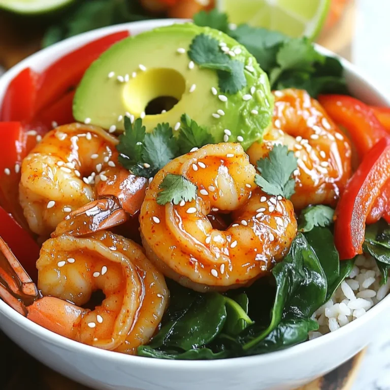 - 1 lb large shrimp, peeled and deveined - 2 tablespoons sweet chili sauce - 2 cups cooked jasmine rice - 1 red bell pepper, thinly sliced - 1 cup baby spinach - 1 ripe avocado, sliced - 1 tablespoon soy sauce - 1 tablespoon sesame oil - 1 tablespoon freshly chopped cilantro Sweet Chili Shrimp Bowls are simple yet full of flavor. The star of this dish is the large shrimp. They soak in the sweet chili sauce, soy sauce, and sesame oil. This marinade gives them a tasty kick. The jasmine rice serves as a perfect base. It is fluffy and slightly sticky, holding all the goodness. For fresh colors and crunch, add red bell pepper and baby spinach. The bell pepper adds sweetness and a lovely crunch. The spinach wilts perfectly, adding a touch of green. Lastly, the avocado gives a creamy texture. It balances out the heat from the chili sauce. Remember to top each bowl with fresh cilantro. This herb adds a burst of flavor. You can also sprinkle sesame seeds for extra crunch. Each ingredient works together to create a delicious meal. Enjoy every bite! - Marinate the shrimp: Start by placing 1 pound of peeled and deveined shrimp in a medium bowl. Pour in 2 tablespoons of sweet chili sauce, 1 tablespoon of soy sauce, and 1 tablespoon of sesame oil. Add salt and freshly cracked pepper to taste. Mix well to coat each shrimp. Let them sit for about 15 minutes. This step is key for great flavor. - Cook jasmine rice: If you haven't made the rice yet, cook 2 cups of jasmine rice according to the package instructions. Fluff the rice once it’s done and set it aside. This will be the base of your bowl. - Sauté shrimp in skillet: Heat a drizzle of oil in a large non-stick skillet over medium-high heat. Once hot, add the marinated shrimp. Cook for about 2 to 3 minutes on each side. The shrimp should turn pink and opaque when done. This quick cooking keeps them tender and juicy. - Add red bell pepper: After cooking the shrimp, toss in the thinly sliced red bell pepper. Sauté for an additional 2 minutes. This softens the pepper while keeping some crunch. It's a great color and flavor boost. - Layer shrimp and veggies on rice: Remove the skillet from heat. Stir in 1 cup of baby spinach until it wilts gently. To assemble, place a generous scoop of jasmine rice in a deep bowl. Add the shrimp, red bell pepper, and wilted spinach on top. - Garnish and serve: Top each bowl with slices of ripe avocado, some freshly chopped cilantro, and a sprinkle of sesame seeds for crunch. Serve with lime wedges on the side. Squeezing fresh lime juice adds a zesty touch that brightens the dish. Enjoy your colorful and tasty Sweet Chili Shrimp Bowls! - Ensuring perfect shrimp texture: Cook shrimp only until pink and opaque. This usually takes 2-3 minutes on each side. Overcooking can make them rubbery. Always use fresh shrimp for the best texture. - Best practices for cooking jasmine rice: Rinse rice under cold water until the water runs clear. This removes excess starch and prevents clumping. Follow package instructions closely for perfect fluffiness. Use a 1:1.5 rice-to-water ratio for best results. - Arranging ingredients for visual appeal: Start with a base of jasmine rice. Layer shrimp and veggies on top, allowing colors to shine. Use deep bowls to showcase the vibrant layers. - Garnishing ideas for added flavor: Finish with avocado slices, fresh cilantro, and sesame seeds. Add lime wedges on the side for a burst of freshness. A well-garnished bowl makes each bite more inviting. - Suggested serving sauces or mixes: Try drizzling extra sweet chili sauce over the top for added sweetness. A splash of soy sauce can deepen the savory notes. - How to adjust spiciness: For more heat, add sliced jalapeños or a dash of sriracha. If you prefer it milder, skip the spicy garnishes. Balance flavors to suit your taste. {{image_4}} You can easily change up the protein in this dish. - Chicken: Swap shrimp for chicken breast. Cut it into small pieces. Cook until no longer pink. - Tofu: Use firm tofu for a plant-based choice. Press it to remove water, then cut it into cubes. Sauté until golden. For veggies, feel free to get creative: - Broccoli: Add steamed broccoli for extra crunch. - Carrots: Use thinly sliced carrots for a sweet bite. - Zucchini: Sauté zucchini for a fresh taste. Want to spice things up? - Add Heat: Stir in some chopped fresh chili or a dash of red pepper flakes. This gives your dish a fiery kick. - Sweet Alternatives: If you prefer a sweeter touch, add honey or pineapple chunks. This will balance the heat nicely. For a complete meal, consider these ideas: - Pairing with Sides: Serve with a crisp green salad or garlic bread. This adds freshness and texture. - Drink Options: A chilled lemonade or coconut water works great. They enhance the sweet chili flavors. If you plan ahead, make this a meal prep option. - Batch Cooking: Prepare shrimp and rice in advance. Store in airtight containers. Reheat for a quick, tasty meal any day. To store leftovers, place the shrimp bowls in an airtight container. Make sure to cool them to room temperature first. This helps keep the shrimp and vegetables fresh. You can store them in the fridge for up to three days. After that, the flavor and texture may change. If you want to freeze the shrimp bowls, separate the shrimp from the rice and veggies. This keeps everything fresh. Place the shrimp in a freezer-safe bag, and squeeze out the air. You can freeze them for up to three months. When you are ready to eat, thaw the shrimp in the fridge overnight. To reheat, cook in a skillet until hot. Add the rice and veggies to warm them up too. To avoid sogginess, store the rice and shrimp separately. Use glass or plastic containers with tight lids. This keeps moisture out and preserves flavor. If you notice any extra liquid, drain it before serving. This way, your Sweet Chili Shrimp Bowls stay tasty and fresh! You can tell shrimp is cooked when it turns pink and opaque. The shrimp should curl slightly. If you see a "C" shape, it's done. Make sure not to overcook it. Overcooked shrimp will become tough and rubbery. Keep an eye on the cooking time. It usually takes 2-3 minutes on each side. Yes, you can prep this recipe ahead of time! Marinate the shrimp a few hours before cooking. Cook the jasmine rice and store it in the fridge. You can also slice the bell pepper and avocado in advance. When you’re ready to eat, just warm the shrimp and rice. This makes meal prep easy and fast! If you don’t have shrimp, try chicken or tofu. Both options work well in this dish. For chicken, cut it into small pieces and cook until fully done. For tofu, press it to remove moisture, then sauté until golden. Both will soak up the sweet chili sauce flavor nicely! This blog post covered a delicious shrimp bowl recipe with sweet chili sauce, jasmine rice, and colorful veggies. You learned how to marinate shrimp and cook jasmine rice perfectly. We shared tips for great textures, presentation, and even some creative swaps. Storage advice ensures your leftovers stay fresh and tasty. Now, you can enjoy this flavorful dish anytime. Get creative and make it your own!