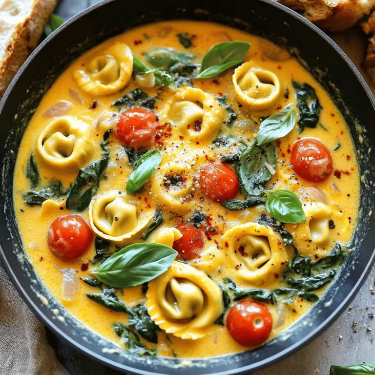 - 12 oz fresh cheese tortellini - 1 cup cherry tomatoes, halved - 1 cup fresh spinach leaves, roughly chopped Fresh cheese tortellini brings a rich flavor. You can find it in the pasta aisle. Cherry tomatoes add a sweet burst. Halving them helps release their juices. Spinach leaves provide a vibrant color and healthy crunch. This mix makes a great base for our dish. - 1 tablespoon extra virgin olive oil - 1 teaspoon dried Italian seasoning - 1/4 teaspoon red pepper flakes (or to taste) Extra virgin olive oil gives depth. It also helps the garlic cook evenly. Dried Italian seasoning adds classic flavors. Red pepper flakes add heat. You can adjust them based on your taste. - 1/2 cup heavy cream - 1/2 cup freshly grated Parmesan cheese Heavy cream makes the sauce rich and smooth. It blends well with the other ingredients. Parmesan cheese adds a salty, nutty flavor. Grating it fresh also gives the best taste. Together, they create a creamy sauce that coats the tortellini perfectly. - First, warm 1 tablespoon of extra virgin olive oil in a large skillet over medium heat. - Once the oil is hot, add 3 cloves of finely minced garlic. Sauté for about 1 minute until golden and aromatic. - Next, add 1 cup of halved cherry tomatoes to the skillet. Cook them for about 3 to 4 minutes. You want them to soften and release their juices. - Once the tomatoes have softened, stir in 1 cup of roughly chopped spinach leaves. Cook for another 1 to 2 minutes until the spinach wilts and brightens. - After that, sprinkle in 1 teaspoon of dried Italian seasoning and 1/4 teaspoon of red pepper flakes. Season with sea salt and freshly ground black pepper to taste. Mix everything to blend the flavors. - Now, it’s time to add the fresh cheese tortellini. Gently stir to coat them in the mixture. Pour in 1/2 cup of heavy cream and bring it to a gentle simmer. - Allow the dish to cook for 5 to 7 minutes. Stir occasionally until the tortellini is tender. Finally, fold in 1/2 cup of freshly grated Parmesan cheese. Let it melt into a creamy sauce. - Taste the mixture and adjust the seasoning if needed. Remove the skillet from heat and garnish with fresh basil leaves before serving. To ensure your tortellini is perfectly cooked, follow these steps: - Use fresh tortellini: Fresh cheese tortellini cooks in just 5-7 minutes. - Taste as you cook: Check for tenderness before removing from heat. - Avoid overcooking: Too much time in the skillet makes it mushy. Adjusting seasoning to your taste is key. Here’s how: - Start small: Add a pinch of sea salt and black pepper first. - Taste often: After each addition, taste to find your perfect flavor. - Spice it up: If you love heat, add more red pepper flakes gradually. Serving suggestions can elevate your dish. Here are my favorites: - Shallow bowls: Serve tortellini in shallow bowls for a nice look. - Extra Parmesan: Top with more grated Parmesan for flavor and style. - Fresh basil: Add a few leaves for color and aroma. Ideal drink pairings enhance the meal. Consider: - White wine: A light white wine complements the creamy sauce beautifully. - Sparkling water: A refreshing sparkling water balances the richness. The right tools make cooking easier. Here’s what you need: - Large skillet: A non-stick or cast-iron skillet works best for even cooking. - Wooden spoon: Use it to stir and combine ingredients without scratching your skillet. - Measuring cups and spoons: Precise measurements help achieve the best flavor. {{image_4}} You can swap out ingredients in this dish to match your taste. Here are some ideas: - Using different vegetables: Try bell peppers, zucchini, or broccoli instead of spinach. Each adds a fresh flavor. - Alternative protein additions: Add cooked chicken, shrimp, or sausage for extra protein. These options can make the meal heartier. If you have specific dietary needs, this recipe can adjust easily: - Making it vegetarian or vegan: Use plant-based cream and cheese. You can replace tortellini with a vegan option. This keeps the dish tasty and meat-free. - Gluten-free options: Look for gluten-free tortellini at the store. You can also use rice or quinoa instead of tortellini for a gluten-free base. Boost the taste of your Tuscan Tortellini Skillet with these additions: - Adding spices or herbs: Include fresh herbs like oregano or thyme. A pinch of smoked paprika can add depth and warmth. - Incorporating additional cheeses: Use mozzarella or feta alongside Parmesan. This gives your dish a rich and creamy texture. These variations let you customize your Tuscan Tortellini Skillet. You can make it fit your taste or dietary needs while keeping it fun and delicious! To keep your Tuscan Tortellini Skillet fresh, store it in the fridge. Place it in an airtight container. This helps to avoid moisture loss and keeps the flavors intact. Use the leftovers within three days for the best taste. - Best practices for refrigeration: - Let the dish cool down to room temperature. - Avoid leaving it out for more than two hours. - Label your container with the date. - Storing tips for prolonging freshness: - Keep the Parmesan cheese separate if possible. - Refrain from mixing in extra ingredients until you reheat the dish. Reheating is easy and quick. You want to warm it up without losing flavor. Use medium heat on the stove or the microwave for fast options. - Methods for reheating without losing flavor: - Heat on the stove with a splash of water or cream. - Stir often to avoid burning. - Quick reheating options: - Use the microwave. Heat in short bursts, stirring in between. - Cover the dish with a damp paper towel to keep moisture. Freezing is great for long-term storage. It lets you enjoy this meal later. However, some textures may change. - Freezing instructions for long-term storage: - Cool the dish completely. - Place it in a freezer-safe container. - Leave some space at the top for expansion. - Thawing and reheating after freezing: - Thaw in the fridge overnight before reheating. - Reheat on the stove or microwave as mentioned above. These steps will help you enjoy your Tuscan Tortellini Skillet at its best, whether fresh or reheated! The total time to make this dish is 30 minutes. You need 10 minutes to prep the ingredients and 20 minutes to cook. This quick meal is perfect for busy nights. Yes, you can use frozen tortellini. Just add them directly to the skillet. No need to thaw them first. You may need to cook them a bit longer. Check the package for specific cooking times. This dish pairs well with several sides. Here are some suggestions: - Crusty bread for dipping - A light salad with vinaigrette - Roasted vegetables for extra flavor - Garlic bread for a classic touch Feel free to mix and match based on your taste! This blog covered how to make a delicious Tuscan Tortellini Skillet. We explored the key ingredients like fresh tortellini, cherry tomatoes, and spinach. I shared step-by-step instructions and helpful tips for cooking and presentation. You learned how to store leftovers and even variations to fit your diet. Remember, this dish is easy to customize. With fresh ingredients and a few simple steps, you can create a meal that impresses. Enjoy cooking and savoring this tasty dish!