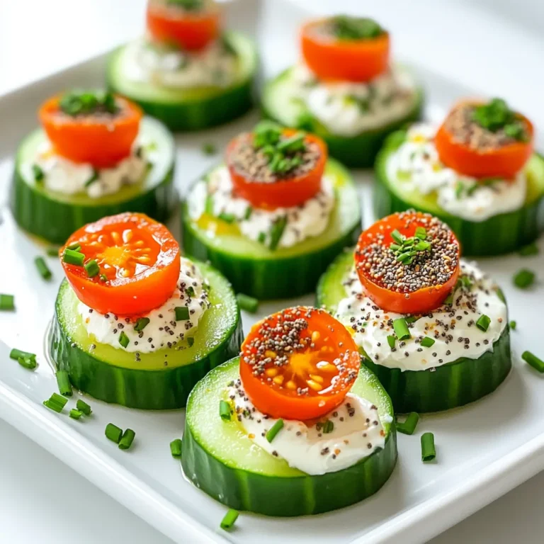 - 1 large cucumber - 8 oz cream cheese, softened - 1 tablespoon sour cream - 1 tablespoon fresh chives, finely chopped - 1 tablespoon fresh dill, finely chopped - 1 teaspoon garlic powder - 1 teaspoon onion powder - 2 teaspoons everything bagel seasoning - Salt and pepper to taste - Cherry tomatoes, halved The main ingredients of this dish are simple yet delightful. First, you need a large cucumber. It adds crunch and freshness. Cream cheese is the next star. It gives a creamy base. Sour cream brings a tangy flavor that makes every bite exciting. For the flavor enhancers, fresh chives and dill add a bright taste. Garlic powder and onion powder deepen the flavor. Everything bagel seasoning ties it all together. Don't forget salt and pepper to balance the mix. For optional toppings, halved cherry tomatoes add a lovely pop of color and taste. They make the bites even more fun and vibrant. Overall, these ingredients create a refreshing snack that everyone loves. First, wash the large cucumber under cool water. Make sure to remove any dirt. Then, slice the cucumber into thick rounds. Aim for pieces about 1 inch in width. Place the slices on a clean cutting board. This step sets the base for your bites. Next, you’ll blend the cream cheese and sour cream. In a medium bowl, combine 8 oz of softened cream cheese with 1 tablespoon of sour cream. Use a spatula or hand mixer to mix until smooth. You want a creamy texture with no lumps. Now, add flavor! Incorporate 1 tablespoon of fresh chives, 1 tablespoon of fresh dill, 1 teaspoon of garlic powder, and 1 teaspoon of onion powder. Don’t forget 2 teaspoons of everything bagel seasoning. Season with salt and pepper to taste. Mix it all together until everything is well combined. Time to assemble! Take a cucumber slice and spread a generous layer of the cream cheese mixture on top. Use a knife or spatula for even coverage. Now, add a halved cherry tomato on each cucumber slice. Place the cut-side up for a nice look. For a finishing touch, sprinkle a little more everything bagel seasoning on top of the tomatoes. Finally, arrange the cucumber bites on a serving platter. Space them evenly for a beautiful presentation. Enjoy your refreshing snack! Serve the cucumber bites chilled for a refreshing taste. Arrange them on a colorful platter. Garnish with fresh dill or chives to add a pop of color. For easy handling, use decorative toothpicks in each bite. This makes serving fun and simple at parties. Store leftover cucumber bites in an airtight container. Place parchment paper between layers to keep them fresh. They will last in the fridge for up to two days. The cucumbers may lose some crunch over time, so eat them soon. To boost the flavor, add more fresh herbs like parsley or basil. A dash of lemon juice can brighten the bites. You might also try different spices, such as smoked paprika or cayenne pepper, for extra zing. These small changes can elevate the taste and make them your own! {{image_4}} You can make your Everything Bagel Cucumber Bites even more tasty by using flavored cream cheese. Look for options like chive, garlic, or even herb-infused cream cheese. These flavors add a fun twist. Just swap the regular cream cheese in the recipe for your favorite flavor. The key is to pick a cream cheese that matches your taste. If you want to change things up, try using other veggies instead of cucumber. Carrot sticks or bell pepper slices work well. You can even use small rounds of zucchini. Each base gives a different crunch and flavor. Experiment with what you like best. Remember, the goal is to create a fresh and fun snack. Beyond cherry tomatoes, you can add many more toppings for variety. Consider using sliced radishes for a spicy kick. Avocado slices bring creaminess. You can also add olives for a briny taste. The possibilities are endless! Mix and match toppings to find your favorites. This way, you can keep the recipe exciting and new every time you make it. Each serving of Everything Bagel Cucumber Bites has about 150 calories. Here’s the macronutrient breakdown: - Protein: 4g - Fat: 12g - Carbohydrates: 8g - Fiber: 1g - Sugar: 2g This snack is light yet filling. The cream cheese brings richness, while the cucumber adds a refreshing crunch. Cucumbers are low in calories and high in water. They help keep you hydrated. They also provide vitamins K and C, which support bone health and boost your immune system. Herbs like chives and dill are packed with antioxidants. They can help lower inflammation and improve digestion. Using fresh herbs adds flavor without extra calories, making this snack even better for you. In short, Everything Bagel Cucumber Bites are not only tasty but also good for your health! You can store Everything Bagel Cucumber Bites in the fridge for up to two days. Keep them in an airtight container. This helps preserve their freshness and flavor. If you notice any moisture, place a paper towel in the container. This will absorb extra water and keep the bites crisp. Yes, you can make this recipe ahead of time! Prepare the cream cheese mixture and slice the cucumber. Store them separately in the fridge. Assemble the bites just before serving. This keeps the cucumber crunchy and the cream cheese fresh. Absolutely! To make these bites vegan, use vegan cream cheese instead of regular cream cheese. You can also use plant-based sour cream. For a fun twist, try adding avocado slices instead of cherry tomatoes. You’ll still get that great flavor without any dairy! This post explored how to make Everything Bagel Cucumber Bites. We covered key ingredients like cucumber, cream cheese, and fresh herbs. You learned step-by-step instructions for preparation and assembly. I shared serving tips and ways to customize the recipe. Remember, these bites are tasty and fun to make. Whether you want a snack or party food, they are a hit. Enjoy experimenting with flavors and toppings for your own twist!
