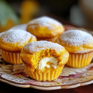 - 1 ¾ cups all-purpose flour - 1 teaspoon baking soda - 1 teaspoon baking powder - ½ teaspoon salt - 1 teaspoon ground cinnamon - ½ teaspoon ground nutmeg - ¼ teaspoon ground ginger - ½ cup granulated sugar - ½ cup brown sugar, packed - ½ cup vegetable oil - 2 large eggs - 1 cup canned pumpkin puree - 1 teaspoon vanilla extract - 8 oz cream cheese, softened - ¼ cup granulated sugar - 1 teaspoon vanilla extract - 1 egg yolk Gather these ingredients before you start. The dry ingredients give muffins their structure. The wet ones add flavor and moisture. The cream cheese filling brings a rich, creamy center that makes these muffins special. Make sure your cream cheese is soft. This helps it mix well. If you want a sweeter muffin, add a little more sugar to the filling. Enjoy the process! First, preheat your oven to 350°F (175°C). This step is key for even baking. Next, prepare your muffin tin. You can line it with paper liners or spray it lightly with cooking spray. This helps the muffins release easily after baking. In a large bowl, whisk together the dry ingredients. Combine 1 ¾ cups of all-purpose flour, 1 teaspoon of baking soda, 1 teaspoon of baking powder, ½ teaspoon of salt, 1 teaspoon of ground cinnamon, ½ teaspoon of ground nutmeg, and ¼ teaspoon of ground ginger. Make sure they mix well. In another bowl, mix the wet ingredients. Blend ½ cup of granulated sugar, ½ cup of packed brown sugar, ½ cup of vegetable oil, 2 large eggs, 1 cup of canned pumpkin puree, and 1 teaspoon of vanilla extract. Stir until you achieve a smooth, creamy texture. Now, it’s time to combine the mixtures. Slowly fold the dry ingredients into the wet mix. Stir gently until just combined. You want some lumps; don’t overmix. For the cream cheese filling, beat 8 ounces of softened cream cheese until smooth. Add ¼ cup of granulated sugar, 1 teaspoon of vanilla extract, and 1 egg yolk. Mix until fluffy. To assemble, spoon about 1 tablespoon of the pumpkin batter into each muffin cup. Add a heaping teaspoon of the cream cheese filling in the center. Finally, top with another tablespoon of pumpkin batter to cover the filling. Now, carefully place the muffin tray in the preheated oven. Bake for 18-20 minutes. Check if they’re done by inserting a toothpick into the pumpkin part. If it comes out clean, they’re ready. Let the muffins cool in the tin for 5 minutes before moving them to a wire rack. Enjoy the delightful taste of pumpkin and cream cheese in every bite! To make the best muffins, avoid overmixing. When you mix dry and wet ingredients, stop when you see some lumps. Overmixing makes the muffins tough. Also, use fresh baking powder and baking soda. Old leavening agents won't give you a good rise. For soft, fluffy muffins, use room-temperature eggs and cream cheese. This will help them mix better and create a nice texture. When you fill the muffin cups, don’t pack the batter tightly. This allows air to circulate, making them light and airy. To make your muffins look great, dust them lightly with powdered sugar. Use a fine sieve for even coverage. Arrange them on a pretty plate for a lovely display. Serve them warm for a cozy touch. Adding a small sprig of mint can give a nice color contrast. {{image_4}} You can change the spices to make these muffins unique. Try adding allspice for warmth. Cloves also add a nice kick. Cardamom can give a sweet twist too. If you like heat, sprinkle in some cayenne pepper. It adds a fun zing. You can also use pumpkin pie spice instead of individual spices. This mix gives great flavor with less effort. The cream cheese filling is creamy and rich, but there are fun swaps. You can use ricotta cheese for a lighter filling. It has a mild taste and is fluffy. If you want chocolate, try adding mini chocolate chips. You can also use fruit jams, like raspberry or apple. They add sweetness and a fruity note. For a nutty touch, use almond or peanut butter. Want these muffins gluten-free? Use gluten-free all-purpose flour. Make sure it has a binding agent, like xanthan gum. You can also try almond flour or coconut flour. These change the texture but add great flavor. Keep in mind, you may need to adjust the liquids. Adding a bit of extra moisture helps keep them soft. To keep your pumpkin cream cheese filled muffins fresh, store them in an airtight container. This helps keep them moist. You can leave them at room temperature for up to three days. If you want them to last longer, the fridge works too. Just remember to seal them well to avoid drying out. Freezing these muffins is simple and effective. First, let them cool completely. Then, wrap each muffin tightly in plastic wrap. After that, place them in a freezer bag or container. They will stay fresh for up to three months. When you want to enjoy them, just take out what you need. To reheat your muffins, the microwave is the quickest method. Heat them for about 10 to 15 seconds. If you prefer, you can use the oven. Preheat it to 350°F (175°C) and warm the muffins for about 5 to 10 minutes. This way, they regain their soft, fluffy texture. Enjoy them warm for the best taste! Yes, you can use fresh pumpkin. Just cook and mash it first. This gives a nice fresh taste. Make sure to drain any extra moisture. Canned pumpkin is more consistent, but fresh works great too. To stop leaking, chill the cream cheese filling before use. This makes it thick and less runny. Be sure to cover the filling well with pumpkin batter. Avoid overfilling the muffin cups too. These muffins are fantastic warm. Serve them with a cup of coffee or tea. You can also sprinkle powdered sugar on top for a sweet touch. Try pairing them with cream cheese spread for extra flavor. These muffins stay fresh for about 3 days at room temperature. Store them in an airtight container. If you want to keep them longer, freeze them for up to 3 months. Just thaw them before serving. You learned about key ingredients for muffins, assembly steps, and storage tips. Knowing common mistakes helps you make better muffins. I shared ways to add flavor and offered gluten-free choices. With this guide, you can create tasty muffins that impress anyone. Enjoy baking and share your creations!