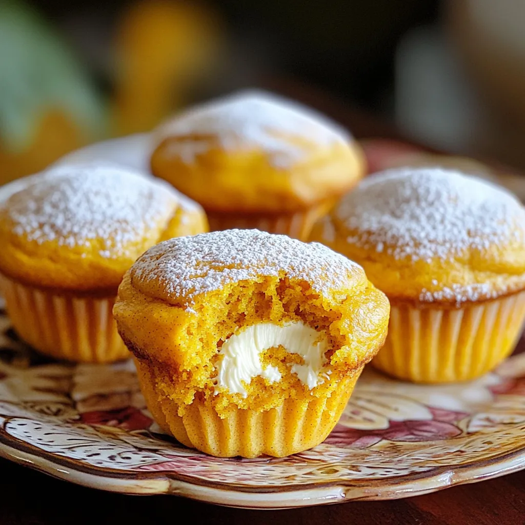 - 1 ¾ cups all-purpose flour - 1 teaspoon baking soda - 1 teaspoon baking powder - ½ teaspoon salt - 1 teaspoon ground cinnamon - ½ teaspoon ground nutmeg - ¼ teaspoon ground ginger - ½ cup granulated sugar - ½ cup brown sugar, packed - ½ cup vegetable oil - 2 large eggs - 1 cup canned pumpkin puree - 1 teaspoon vanilla extract - 8 oz cream cheese, softened - ¼ cup granulated sugar - 1 teaspoon vanilla extract - 1 egg yolk Gather these ingredients before you start. The dry ingredients give muffins their structure. The wet ones add flavor and moisture. The cream cheese filling brings a rich, creamy center that makes these muffins special. Make sure your cream cheese is soft. This helps it mix well. If you want a sweeter muffin, add a little more sugar to the filling. Enjoy the process! First, preheat your oven to 350°F (175°C). This step is key for even baking. Next, prepare your muffin tin. You can line it with paper liners or spray it lightly with cooking spray. This helps the muffins release easily after baking. In a large bowl, whisk together the dry ingredients. Combine 1 ¾ cups of all-purpose flour, 1 teaspoon of baking soda, 1 teaspoon of baking powder, ½ teaspoon of salt, 1 teaspoon of ground cinnamon, ½ teaspoon of ground nutmeg, and ¼ teaspoon of ground ginger. Make sure they mix well. In another bowl, mix the wet ingredients. Blend ½ cup of granulated sugar, ½ cup of packed brown sugar, ½ cup of vegetable oil, 2 large eggs, 1 cup of canned pumpkin puree, and 1 teaspoon of vanilla extract. Stir until you achieve a smooth, creamy texture. Now, it’s time to combine the mixtures. Slowly fold the dry ingredients into the wet mix. Stir gently until just combined. You want some lumps; don’t overmix. For the cream cheese filling, beat 8 ounces of softened cream cheese until smooth. Add ¼ cup of granulated sugar, 1 teaspoon of vanilla extract, and 1 egg yolk. Mix until fluffy. To assemble, spoon about 1 tablespoon of the pumpkin batter into each muffin cup. Add a heaping teaspoon of the cream cheese filling in the center. Finally, top with another tablespoon of pumpkin batter to cover the filling. Now, carefully place the muffin tray in the preheated oven. Bake for 18-20 minutes. Check if they’re done by inserting a toothpick into the pumpkin part. If it comes out clean, they’re ready. Let the muffins cool in the tin for 5 minutes before moving them to a wire rack. Enjoy the delightful taste of pumpkin and cream cheese in every bite! To make the best muffins, avoid overmixing. When you mix dry and wet ingredients, stop when you see some lumps. Overmixing makes the muffins tough. Also, use fresh baking powder and baking soda. Old leavening agents won't give you a good rise. For soft, fluffy muffins, use room-temperature eggs and cream cheese. This will help them mix better and create a nice texture. When you fill the muffin cups, don’t pack the batter tightly. This allows air to circulate, making them light and airy. To make your muffins look great, dust them lightly with powdered sugar. Use a fine sieve for even coverage. Arrange them on a pretty plate for a lovely display. Serve them warm for a cozy touch. Adding a small sprig of mint can give a nice color contrast. {{image_4}} You can change the spices to make these muffins unique. Try adding allspice for warmth. Cloves also add a nice kick. Cardamom can give a sweet twist too. If you like heat, sprinkle in some cayenne pepper. It adds a fun zing. You can also use pumpkin pie spice instead of individual spices. This mix gives great flavor with less effort. The cream cheese filling is creamy and rich, but there are fun swaps. You can use ricotta cheese for a lighter filling. It has a mild taste and is fluffy. If you want chocolate, try adding mini chocolate chips. You can also use fruit jams, like raspberry or apple. They add sweetness and a fruity note. For a nutty touch, use almond or peanut butter. Want these muffins gluten-free? Use gluten-free all-purpose flour. Make sure it has a binding agent, like xanthan gum. You can also try almond flour or coconut flour. These change the texture but add great flavor. Keep in mind, you may need to adjust the liquids. Adding a bit of extra moisture helps keep them soft. To keep your pumpkin cream cheese filled muffins fresh, store them in an airtight container. This helps keep them moist. You can leave them at room temperature for up to three days. If you want them to last longer, the fridge works too. Just remember to seal them well to avoid drying out. Freezing these muffins is simple and effective. First, let them cool completely. Then, wrap each muffin tightly in plastic wrap. After that, place them in a freezer bag or container. They will stay fresh for up to three months. When you want to enjoy them, just take out what you need. To reheat your muffins, the microwave is the quickest method. Heat them for about 10 to 15 seconds. If you prefer, you can use the oven. Preheat it to 350°F (175°C) and warm the muffins for about 5 to 10 minutes. This way, they regain their soft, fluffy texture. Enjoy them warm for the best taste! Yes, you can use fresh pumpkin. Just cook and mash it first. This gives a nice fresh taste. Make sure to drain any extra moisture. Canned pumpkin is more consistent, but fresh works great too. To stop leaking, chill the cream cheese filling before use. This makes it thick and less runny. Be sure to cover the filling well with pumpkin batter. Avoid overfilling the muffin cups too. These muffins are fantastic warm. Serve them with a cup of coffee or tea. You can also sprinkle powdered sugar on top for a sweet touch. Try pairing them with cream cheese spread for extra flavor. These muffins stay fresh for about 3 days at room temperature. Store them in an airtight container. If you want to keep them longer, freeze them for up to 3 months. Just thaw them before serving. You learned about key ingredients for muffins, assembly steps, and storage tips. Knowing common mistakes helps you make better muffins. I shared ways to add flavor and offered gluten-free choices. With this guide, you can create tasty muffins that impress anyone. Enjoy baking and share your creations!